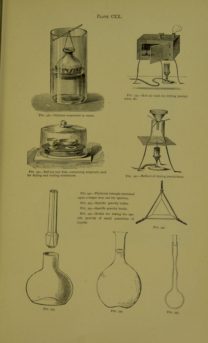 FIO. 339.—Hot air bath for drying precipi- tates, &c. Fig. 338.—Dialyzer suspended in water. FIG. 340.—Bell-Jar and dish, containing sulphuric acid for drying and cooling suhstances. FIG. 341.—Metliod of drying precipitates. FIG. 34i2.—Platinum triangle stretched upon a larger iron one for ignition. FIG. 343.—Specific gravity bottle. FIG. 344.—Specific gravity bottle. FIG. 345.—Bottle for taking the spe- cific gravity of small quantities of liquids.