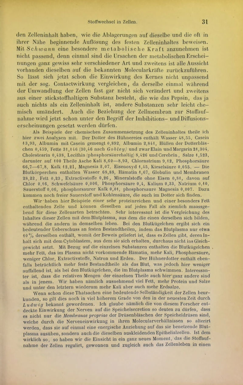 den Zelleninhalt haben, wie die Ablagerungen auf dieselbe und die oft in ihrer Nähe beginnende Auflösung des festen Zelleninhaltes beweisen. Mit Schwann eine besondere metabolische Kraft anzunehmen ist nicht passend, denn einmal sind die Ursachen der metabolischen Erschei- nungen ganz gewiss sehr verschiedener Art und zweitens ist alle Aussicht vorhanden dieselben auf die bekannten Molecularkräfte zurückzuführen. So lässt sich jetzt schon die Einwirkung des Kernes nicht unpassend mit der sog. Contactwirkung vergleichen, da derselbe einmal wahrend der Umwandlung der Zellen fast gar nicht sich verändert und zweitens aus einer stickstoffhaltigen Substanz besteht, die wie das Pepsin, das ja auch nichts als ein Zelleninhalt ist, andere Substanzen sehr leicht che- misch umändert. Auch die Beziehung der Zellmembran zur Stoffauf- nahme wird jetzt schon unter den Begriff der Imbibilions- und DifTusions- erscheinungen gesetzt werden dürfen. Als Beispiele der chemischen Zusammensetzung des Zelleninhaltes theile ich hier zwei Analysen mit. Der Dotter des Hühnereies enthält Wasser 48,55, Casein 1 3,93, Alhumin mit Casein gemengt 0,892, Albumin 2,841, Hüllen der Dotterbläs- chen 0,459, Fette 31,4 46 (30,46 nach Gobley) und zwarElain undMargarin21,304, Cholestearin 0,438, Lecithin (phosphorsäurehaltig) 8,426 undCerebrin, Salze 4,523, darunter auf 400 Theile Asche Kali 8,60—8,93, Chlornatrium 9,42, Phosphorsäure 66,7—67,8, Kalk 42,21, Magnesia 2,07, Eisenoxyd 4,45, Kieselsäure 0,055. — Die Blutkörperchen enthalten Wasser 68,88, Hämatin 4,67, Globulin und Membranen 28,22, Fett 0,23, Extractivstoffe 0,26, Mineralstoffe ohne Eisen 0,S4, davon auf Chlor 0,16, Schxvefelsäure 0,006, Phosphorsäure 0,4, Kalium 0,33, Natrium 0,4 0, Sauerstoff 0,06, phosphorsaurer Kalk 0,01, phosphorsaure Magnesia 0,007. Dazu kommen noch freier Sauerstoff und Kohlensäure, die auch im Dotter sich finden. Wir haben hier Beispiele einer sehr proteinreichen und einer besonders Fett enthaltenden Zelle und können dieselben auf jeden Fall als ziemlich maassge- bend für diese Zellenarten betrachten. Sehr interessant ist die Vergleichung des Inhaltes dieser Zellen mit dem Blutplasma, aus dem die einen derselben sich bilden, während die andern in demselben leben. Bei den Blutkügelchen ergibt sich ein bedeutender Ueberschuss an festen Bestandtheilen, indem das Blutplasma nur etwa 10% derselben enthält, womit der Beweis geliefert ist, dass es Zellen gibt, deren In- halt sich mit dem Cytoblastem, aus dem sie sich erhalten, durchaus nicht ins Gleich- gewicht setzt. Mit Bezug auf die einzelnen Substanzen enthalten die Blutkügelchen . mehr Fett, das im Plasma nicht vorkommende Hämatin, mehr Kali, Phosphorsäure, weniger Chlor, Extractivstoffe, Natron und Erden. Der Hühnerdotter enthält eben- falls beträchtlich mehr feste Bestandtheile als das Blut, was jedoch hier weniger auffallend ist, als bei den Blutkügelchen, die im Blutplasma schwimmen. Interessan- ter ist, dass die relativen Mengen der einzelnen Theile auch hier ganz andere sind als in jenem. Wir haben nämlich ausnehmend viel Fett, mehr Protein und Salze und unter den letztern wiederum mehr Kali aber auch mehr Erdsalze. Wenn schon diese Thatsachen eine bedeutende Selbständigkeit der Zellen beur- kunden, so gilt dies noch in viel höherem Grade von den in der neuesten Zeit durch Ludwig bekannt gewordenen. Ich glaube nämlich die von diesem Forscher ent- deckte Einwirkung der Nerven auf die Speichelsecretion so deuten zu dürfen, dass es nicht nur die Membranae propriae der Drüsenbläschen der Speicheldrüsen sind, welche durch die Nerveneinwirkung in ihren Molecularverhältnissen so alterirt werden, dass sie auf einmal eine energische Anziehung auf das sie benetzende Blut- plasma ausüben, sondern auch die dieselben auskleidenden Epithelialzellen. Ist dem wirklich so, so haben wir die Einsicht in ein ganz neues Moment, das die Stoffauf- nahme der Zellen regulirt, gewonnen und zugleich auch das Zellenleben in einen