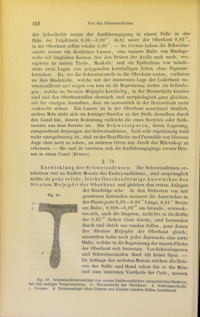 der Achselhöhle maass der Ausführungsgang in einem Falle in der Höhe der Talgdrüsen 0,06—0,09*, dicht unter der Überhaut 0,03', in der Oberhaut selbst wieder 0,06'. — Im Corium haben die Schweiss- oanäle immer ein deutliches Lumen, eine äussere Hülle von Bindege- webe mit länglichen Kernen (bei den Drüsen der Axilla auch noch, we- nigstens im untern Theile, Muskeln) und ein Epithelium von minde- stens zwei Lagen von polygonalen kernhaltigen Zellen ohne Pigment- körnchen. Da, wo die Schweisscanäle in die Oberhaut treten, verlieren sie ihre Bindehülle, welche mit der äussersten Lage der Lederhaut zu- sammenfliesst und zeigen von nun an als Begrenzung nichts als Zellenla- gen, welche im Stratum Malpighü kernhaltig, in der Hornschicht kernlos sind und den Oberhautzellen chemisch und morphologisch ganz gleichen, mit der einzigen Ausnahme, dass sie namentlich in der Hornschicht mehr senkrecht stehen. Ein Lumen ist in der Oberhaut manchmal deutlich, andere Male zieht sich ein körniger Streifen an der Stelle desselben durch den Canal hin, dessen Bedeutung vielleicht die eines Secreles oder Sedi- mentes aus dem Secrete ist. Die Schweissporen, deren Lagerung, entsprechend derjenigen der Schweissdrüsen , bald sehr regelmässig bald mehr unregelmässig ist, sind an der Handfläche und Fusssohle von blossem Auge eben noch zu sehen, an anderen Orten nur durch das Mikroskop zu erkennen. — Hie und da vereinen sich die Ausführungsgänge zweier Drü- sen in einen Canal (Krause). §. 70. Entwicklung der Schweissdrüsen. Die Schweissdrüsen er- scheinen erst im fünften Monate des Embryonallebens, sind ursprünglich nichts als ganz solide, leicht flaschenförm ige Auswüchse des Stratum Malpighü der Oberhaut und gleichen den ersten Anlagen der Haarbälge sehr. In den frühesten von mir Fi§- 81 • gesehenen Zuständen maassen die Auswüchse in der Plantapedis 0,03—0.09' Länge, 0,01 ' Breite l, ■ §j§35äSfe Hr ' l,;ils('; 0,0 IS—0,0 2' am Grunde , erstreck- ten sich, auch die längsten, nicht bis in dieHälfte der 0,25' dicken Cutis hinein, und bestanden durch und durch aus runden Zellen, ganz denen des Stratum Malpighü der Oberhaut gleich; ausserdem hatte noch jeder Auswuchs eine zarte Hülle, w elche in die Begrenzung der innern Fläche der Oberhaut sich fortsetzte. Von Schweissporen und Schweisscanälen fand ich keine Spur. Im Anfange des sechsten Monats reichen die Drü- sen der Sohle und Hand schon bis in die Mitte und zum untersten Viertheile der Cutis, messen Fig. 81. Schweissdrüsenanlage von einem fünfmonatlichen menschlichen Embrvo bei 350-maliger Vergrösserung. a. Hornschicht der Oberhaut, b Schleimschicht' c. Corium. d. Drüsenanlage ohne Lumen aus kleinen runden Zellen bestehend