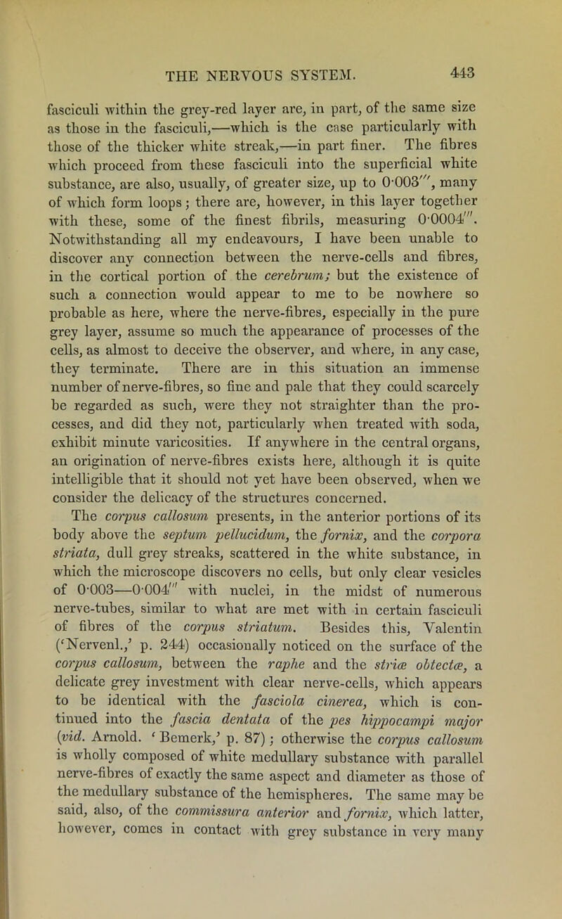 fasciculi within the grey-red layer are, in part, of the same size as those in the fasciculi,—which is the case particularly with those of the thicker white streak,—in part finer. The fibres which proceed from these fasciculi into the superficial white substance, are also, usually, of greater size, up to 0003', many of which form loops; there are, however, in this layer together with these, some of the finest fibrils, measuring 00004/. Notwithstanding all my endeavours, I have been unable to discover any connection between the nerve-cells and fibres, in the cortical portion of the cerebrum; but the existence of such a connection would appear to me to be nowhere so probable as here, where the nerve-fibres, especially in the pure grey layer, assume so much the appearance of processes of the cells, as almost to deceive the observer, and where, in any case, they terminate. There are in this situation an immense number of nerve-fibres, so fine and pale that they could scarcely be regarded as such, were they not straighter than the pro- cesses, and did they not, particularly when treated with soda, exhibit minute varicosities. If anywhere in the central organs, an origination of nerve-fibres exists here, although it is quite intelligible that it should not yet have been observed, when we consider the delicacy of the structures concerned. The corpus callosum presents, in the anterior portions of its body above the septum pellucidum, the fornix, and the corpora striata, dull grey streaks, scattered in the white substance, in which the microscope discovers no cells, but only clear vesicles of 0-003—0-004' with nuclei, in the midst of numerous nerve-tubes, similar to what are met with in certain fasciculi of fibres of the corpus striatum. Besides this, Valentin (‘Nervenl./ p. 244) occasionally noticed on the surface of the corpus callosum, between the raphe and the stria, obtectce, a delicate grey investment with clear nerve-cells, which appears to be identical with the fasciola cinerea, which is con- tinued into the fascia dentata of the pes hippocampi major [vid. Arnold. ‘ Bemerk/ p. 87); otherwise the corpus callosum is wholly composed of white medullary substance with parallel nerve-fibres of exactly the same aspect and diameter as those of the medullary substance of the hemispheres. The same may be said, also, of the commissura anterior and fornix, which latter, however, comes in contact with grey substance in very many