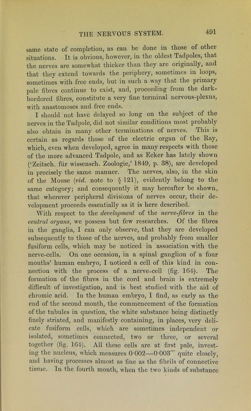 same state of completion, as can be done in those of other situations. It is obvious, however, in the oldest Tadpoles, that the nerves are somewhat thicker than they are originally, and that they extend towards the periphery, sometimes in loops, sometimes with free ends, but in such a way that the primary pale fibres continue to exist, and, proceeding from the dark- bordered fibres, constitute a very fine terminal nervous-plexus, with anastomoses and free ends. I should not have delayed so long on the subject of the nerves in the Tadpole, did not similar conditions most probably also obtain in many other terminations of nerves. This is certain as regards those of the electric organ of the Ray, which, even when developed, agree in many respects with those of the more advanced Tadpole, and as Ecker has lately shown (‘Zeitsch. fur wissensch. Zoologie,5 1849, p. 38), are developed in precisely the same manner. The nerves, also, in the skin of the Mouse {vid. note to § 121), evidently belong to the same category; and consequently it may hereafter be shown, that wherever peripheral divisions of nerves occur, their de- velopment proceeds essentially as it is here described. With respect to the development of the nerve-fibres in the central organs, we possess but few researches. Of the fibres in the ganglia, I can only observe, that they are developed subsequently to those of the nerves, and probably from smaller fusiform cells, which may be noticed in association with the nerve-cells. On one occasion, in a spinal ganglion of a four months5 human embryo, I noticed a cell of this kind in con- nection with the process of a nerve-cell (fig. 164). The formation of the fibres in the cord and brain is extremely difficult of investigation, and is best studied with the aid of chromic acid. In the human embryo, I find, as early as the end of the second month, the commencement of the formation of the tubules in question, the white substance being distinctly finely striated, and manifestly containing, in places, very deli- cate fusiform cells, which are sometimes independent or isolated, sometimes connected, two or three, or several together (fig. 164). All these cells are at first pale, invest- ing the nucleus, which measures 0 002—0003' quite closely, and having processes almost as fine as the fibrils of connective tissue. In the fourth month, when the two kinds of substance