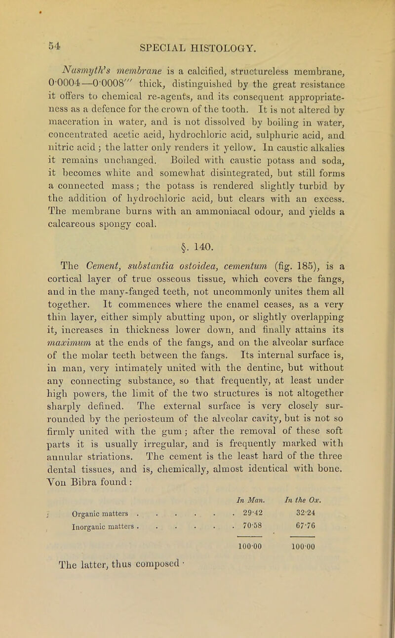 Nusmyth's membrane is a calcified, structureless membrane, 0 0004—00008' thick, distinguished by the great resistance it offers to chemical re-agents, and its consequent appropriate- ness as a defence for the crown of the tooth. It is not altered by maceration in water, and is not dissolved by boiling in water, concentrated acetic acid, hydrochloric acid, sulphuric acid, and nitric acid ; the latter only renders it yellow. In caustic alkalies it remains unchanged. Boiled with caustic potass and soda, it becomes white and somewhat disintegrated, but still forms a connected mass; the potass is rendered slightly turbid by the addition of hydrochloric acid, but clears with an excess. The membrane burns with an ammoniacal odour, and yields a calcareous spongy coal. §. 140. The Cement, substantia ostoidea, cementum (fig. 185), is a cortical layer of true osseous tissue, which covers the fangs, and in the many-fanged teeth, not uncommonly unites them all together. It commences where the enamel ceases, as a very thin layer, either simply abutting upon, or slightly overlapping it, increases in thickness lower down, and finally attains its maximum at the ends of the fangs, and on the alveolar surface of the molar teeth between the fangs. Its internal surface is, in man, very intimately united with the dentine, but without any connecting substance, so that frequently, at least under high powers, the limit of the two structures is not altogether sharply defined. The external surface is very closely sur- rounded by the periosteum of the alveolar cavity, but is not so firmly united with the gum; after the removal of these soft parts it is usually irregular, and is frequently marked with annular striations. The cement is the least hard of the three dental tissues, and is, chemically, almost identical with bone. Von Bibra found: In Man. In the Ox. 1 Organic matters . . . ... . 29-42 32 24 Inorganic matters 70-58 67-76 100-00 100 00 The latter, thus composed •