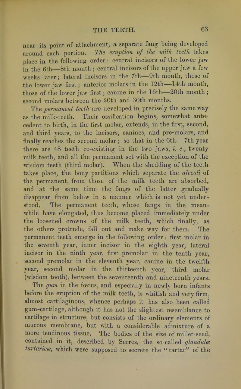 near its point of attachment, a separate fang being developed around each portion. The eruption of the milk teeth takes place in the following order : central incisors of the lower jaw in the 6th—8th month ; central incisors of the upper jaw a few weeks later j lateral incisors in the 7th—9th month, those of the lower jaw first; anterior molars in the 12th—14th month, those of the lower jaw first; canine in the 16th—20th month; second molars between the 20th and 30th months. The permanent teeth axe developed in precisely the same way as the milk-teeth. Their ossification begins, somewhat ante- cedent to birth, in the first molar, extends, in the first, second, and third years, to the incisors, canines, and pre-molars, and finally reaches the second molar; so that in the 6th—7th year there are 48 teeth co-existing in the two jaws, i. e., twenty milk-teeth, and all the permanent set with the exception of the wisdom teeth (third molar). When the shedding of the teeth takes place, the hony partitions which separate the alveoli of the permanent, from those of the milk teeth are absorbed, and at the same time the fangs of the latter gradually disappear from below in a manner which is not yet under- stood. The permanent teeth, whose fangs in the mean- while have elongated, thus become placed immediately under the loosened crowns of the milk teeth, which finally, as the others protrude, fall out and make way for them. The permanent teeth emerge in the following order: first molar in the seventh year, inner incisor in the eighth year, lateral incisor in the ninth year, first premolar in the tenth year, second premolar in the eleventh year, canine in the twelfth year, second molar in the thirteenth year, third molar (wisdom tooth), between the seventeenth and nineteenth years. The gum in the foetus, and especially in newly born infants before the eruption of the milk teeth, is whitish and very firm, almost cartilaginous, whence perhaps it has also been called gum-cartilage, although it has not the slightest resemblance to cartilage in structure, but consists of the ordinary elements of mucous membrane, but with a considerable admixture of a more tendinous tissue. The bodies of the size of millet-seed, contained in it, described by Serres, the so-called glandules tartaric^, which were supposed to secrete the  tartar of the