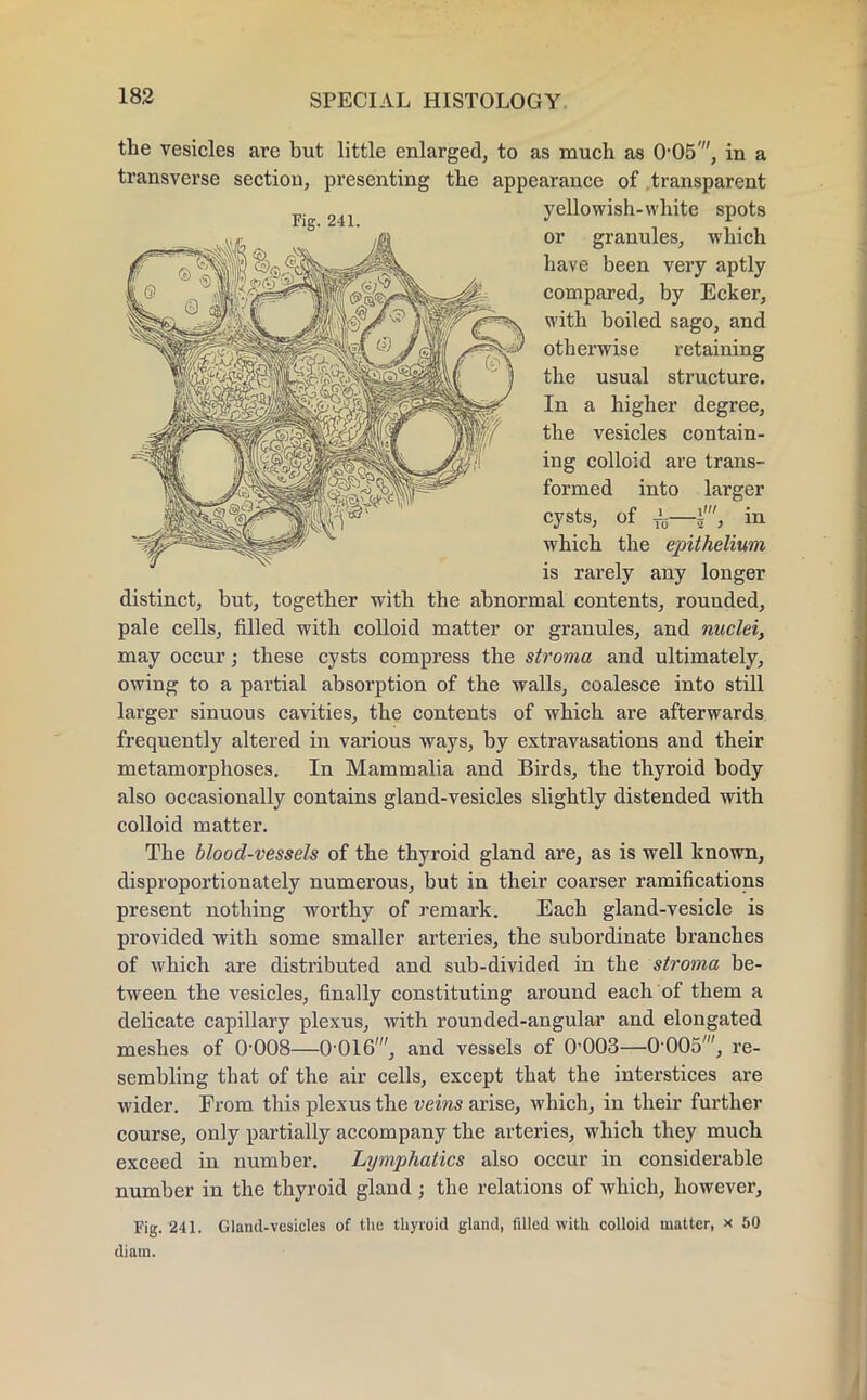 the vesicles are but little enlarged, to as much as 0-05', in a transverse section, presenting the appearance of transparent yellowish-white spots or granules, which have been very aptly compared, by Ecker, with boiled sago, and otherwise retaining the usual structure. In a higher degree, the vesicles contain- ing colloid are trans- formed into larger cysts, of i—1', in which the epithelium is rarely any longer distinct, but, together with the abnormal contents, rounded, pale cells, filled with colloid matter or granules, and nuclei, may occur; these cysts compress the stroma and ultimately, owing to a partial absorption of the walls, coalesce into still larger sinuous cavities, the contents of which are afterwards frequently altered in various ways, by extravasations and their metamorphoses. In Mammalia and Birds, the thyroid body also occasionally contains gland-vesicles slightly distended with colloid matter. The blood-vessels of the thyroid gland are, as is well known, disproportionately numerous, but in their coarser ramifications present nothing worthy of remark. Each gland-vesicle is provided with some smaller arteries, the subordinate branches of which are distributed and sub-divided in the stroma be- tween the vesicles, finally constituting around each of them a delicate capillary plexus, with rounded-angular and elongated meshes of 0-008—0-016', and vessels of 0-003—0-005', re- sembling that of the air cells, except that the interstices are wider. From this plexus the veins arise, which, in their further course, only partially accompany the arteries, which they much exceed in number. Lymphatics also occur in considerable number in the thyroid gland; the relations of which, however, Fig. 241. Gland-vesicles of the thyroid gland, fdled with colloid matter, x 50 diara. Fig. 241.