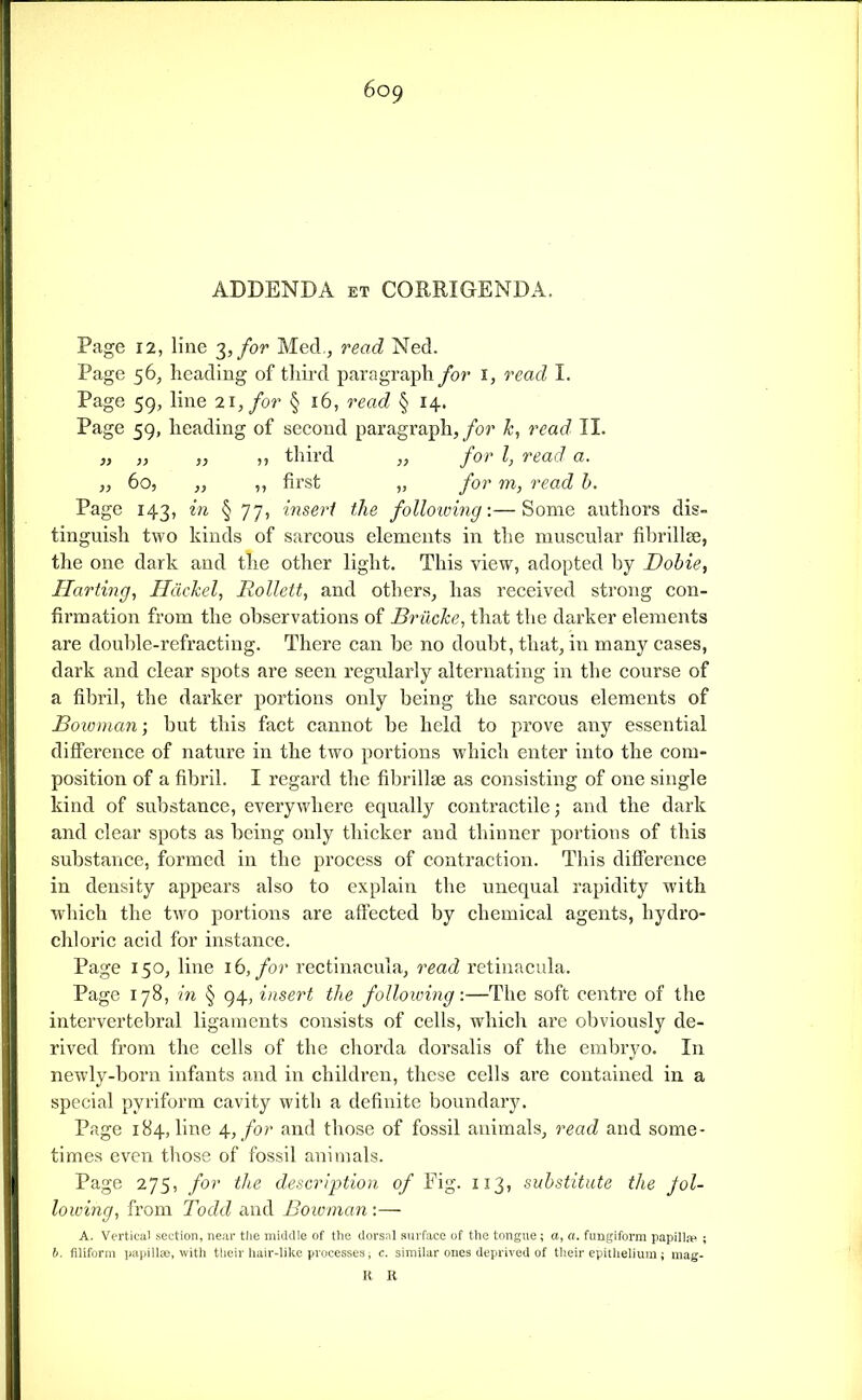 ADDENDA et CORRIGENDA. Page 12, line 3,/or Med., read Ned. Page 56, heading of tliird paragraph/or i, read I. Page 59, line 21, for § 16, read § 14. Page 59, heading of second paragraph, for k, read II. „ J, „ ,, third for I, read a. „ 60, „ ,, first „ for m, read h. Page 143, in § 77, insert the folio-wing:—Some authors dis- tinguish two kinds of sarcous elements in the muscular fihrillse, the one dark and the other light. This view, adopted by Dobie, Hurting, Hdckel, Rollett, and others, has received strong con- firmation from the observations of Brilcke, that the darker elements are double-refracting. There can be no doubt, that, in many cases, dark and clear spots are seen I'cgularly alternating in the course of a fibril, the darker portions only being the sarcous elements of Bowman; but this fact cannot be held to prove any essential difference of nature in the two portions which enter into the com- position of a fibril. I regard the fibrillse as consisting of one single kind of substance, everywhere equally contractile; and the dark and clear spots as being only thicker and thinner portions of this substance, formed in the process of contraction. This difference in density appears also to explain the unequal rapidity with •which the two portions are aftected by chemical agents, hydro- chloric acid for instance. Page 150, line 16,/or rectinaeula, read retinacula. Page 178, in § 94, insert the following:—The soft centre of the intervertebral ligaments consists of cells, which are obviously de- rived from the cells of the chorda dorsalis of the embryo. In newly-born infants and in children, these cells are contained in a special pyriform cavity with a definite boundary. Page 184, line 4,/or and those of fossil animals, read and some- times even those of fossil animals. Page 275, for the description of Fig. 113, substitute the fol- lowing, from Todd and Boivman :— A. Vertical section, near tlie middle of the dorsal surface of the tongue; a, a. fungiform papilltn ; b. filiform papillse, with tlieir hair-like processes ^ c. similar ones deprived of their epithelium j mag- It R