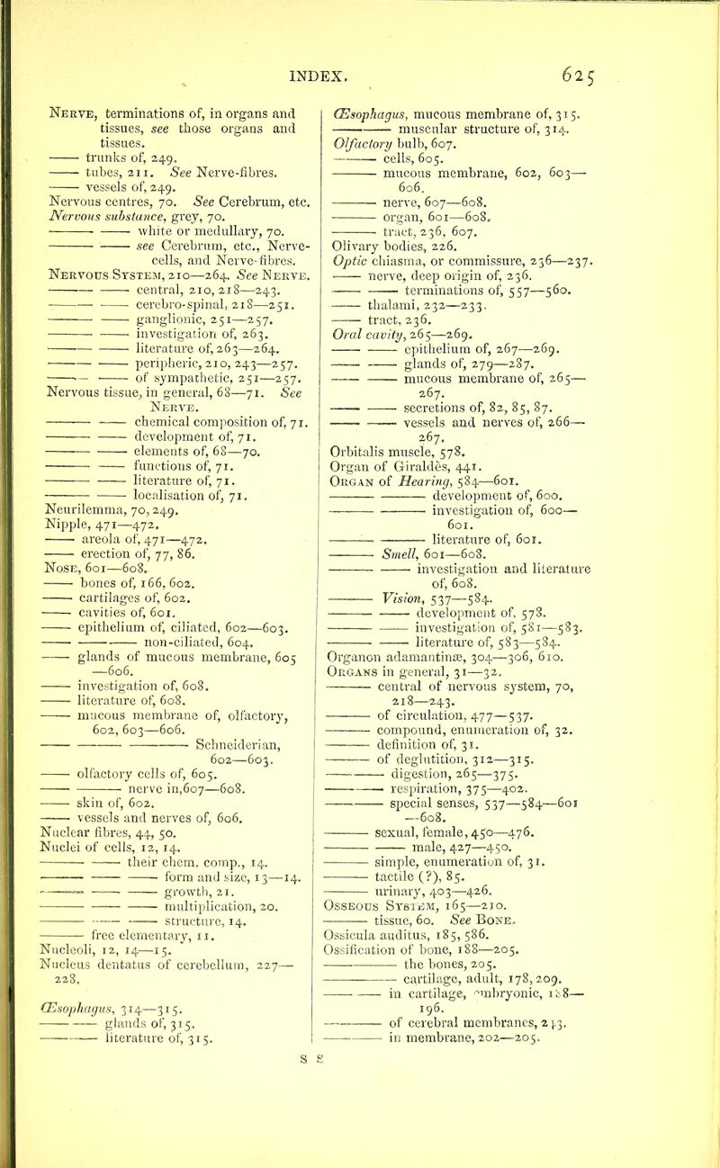 Nerve, terminations of, in organs and tissues, see tliose organs and tissues. trunks of, 249. tubes, 211. See Nerve-fibres. —— A'essels of, 249. Nervous centres, 70. See Cerebrum, etc. Nervous substcmce, grey, 70. white or medulLuy, 70. see Cerebrum, etc.. Nerve- cells, and Nerve-fibres. Neevous System, 210—264. See Nerve. ■ central, 210,218—243. ■ cerebro-spinal, 218—251. ganglionic, 251—257. • investigation of, 263. • literature of, 263—264. peripheric, 210, 243—257. ■— of sympathetic, 251—257. Nervous tissue, in general, 68—71. See Neeve. chemical composition of, 71. development of, 71. elements of, 68—70. functions of, 71. literature of, 71. localisation of, 71. Neurilemma, 70,249. Nipple, 471—472, areola of, 471—472. erection of, 77, 86. Nose, 601—608. bones of, 166, 602. ■ cartilages of, 602. cavities of, 601, epithelium of, ciliated, 602—603. non-ciliated, 604. glands of mucous membrane, 605 —606. investigation of, 608. literature of, 608. —— mucous membrane of, olfactory, 602, 603—606. Schneider! an, 602—603. olfactory cells of, 605. — nerve in,6o7—608. skin of, 602. vessels and nerves of, 606. Nuclear fibres, 44, 50. Nuclei of cells, 12,14. ' their chem. comp., 14. form and size, 13—14. — growth, 21. multiplication, 20. structure, 14. free elementary, 11. Nucleoli, 12, 14—15. Nucleus dentatus of cerebellum, 227— 228. (Esophagus, 314— 315. glands of, 315. —— literature of, 315. (Esophagus, mucous membrane of, 315, muscular structure of, 314. Olfactory bulb, 607. cells, 605. mucous membrane, 602, 603—- 606. nerve, 607—608. organ, 601—608. tract, 236, 607. Olivary bodies, 226. Optic chiasnia, or commissure, 256—237. nerve, deep origin of, 236. ■ terminations of, 557—560. thalami, 232—233, tract, 236. Oral cavity, 265—269. epithelium of, 267—269. glands of, 279—287. mucous membrane of, 265— 267. secretions of, 82, 85, 87. vessels and nerves of, 266— 267. Orbitalis muscle, 57S. Organ of Giraldes, 441. Organ of Hearing, 584—601. development of, 600. ——— ' investigation of, 600— 601. literature of, 601. Smell, 6oi—608. investigation and literature of, 608. Vision, 537—^584. development of, 578. investigation of, 581—583. literature of, 583—584. Organon adamantinte, 304—306, 610. Organs in general, 31—32. central of nervous system, 70, 218—243. — • of circulation, 477—537. compound, enumeration of, 32. definition of, 31. of deglutition, 312—315. digestion, 265—375. respiration, 375—402. special senses, 537—584—601 —608. sexual, female, 450—476. male, 427—450. simple, enumeration of, 31. tactile (?), 85. tirinary, 403—426. Osseous Sysiem, 165—210. tissue, 60. See Bone,. Ossicula auditus, 185, 586. Ossification of bone, 188—205. ■ the bones, 205. cartilage, adult, 178,209. in cartilage, ■^inbryonic, ii8— 196. of cerebral membranes, 2 1.3. in membrane, 202—205. S £