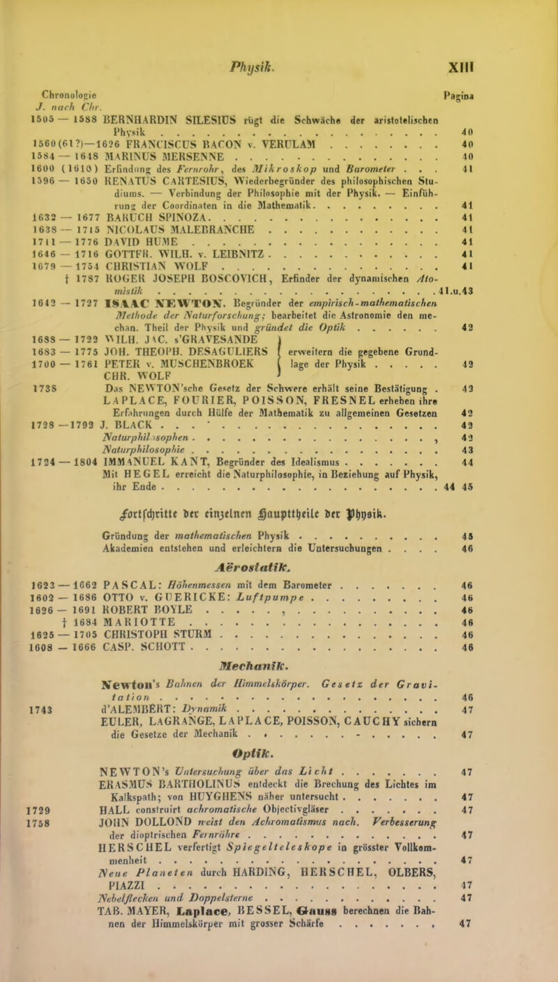 Chronologie Pagina J. nach Chr. 15U5 — 1588 BERNHARDIN SILES1US rügt die Schwäche der aristotelischen Physik 40 1560(61?)—1656 FRANCISCÜS BACON v. VERULAM 4o 1584 — 1618 MARINUS MERSENNE 40 1600 ( 1610) Erfindung des Fernrohr, des Mikroskop und Barometer ... 41 1596 — 1650 RENATUS C.4RTESIUS, YViederbegründer des philosophischen Stu- diums. — Verbindung der Philosophie mit der Physik. — Einfüh- rung der Coordinaten in die Mathematik 41 1632 — 1677 BARUCH SPINOZA 41 1638 — 1715 NICOLAUS MALEBRANCHE 4t 17 1 1 — 1776 DAVID HUME 41 1646 - 1716 GOTTFR. WILH. v. LEIBNITZ 4 1 1679 — 1754 CHRISTIAN WOLF 41 f 1787 ROGER JOSEPH BOSCOVICH, Erfinder der dynamischen Ato- mistik 41.ii.43 1612 — 1727 ISAAC VF.WTOV, Begründer der empirisch-mathematischen Methode der Natur forschurig; bearbeitet die Astronomie den me- dian. Theil der Physik und gründet die Optik 42 1688 — 1722 VWLH. J\C. s’GR.AVESANDE 1 1683 — 1775 JOH. THEOPH. DESAGULIERS f erweitern die gegebene Grund- 1700 — 1761 PETER v. MUSCHENBROEK [ läge der Physik 42 CHR. WOLF J 173S Das NEWTON’sche Gesetz der Schwere erhält seine Bestätigung . 42 LAPLACE, FOURIER, POISSON, FRESNELerheben.hr* Erfahrungen durch Hülfe der Mathematik zu allgemeinen Gesetzen 42 1728 -1793 J. BLACK . . . ‘ 42 Naturphil isophen , 42 Naturphilosophie 43 1724 — 1804 IMMANUEL KANT, Begründer des Idealismus 44 Mit HEGEL erreicht die Naturphilosophie, in Beziehung auf Physik, ihr Ende 44 45 /ortfdjritte bet fitutlncn gauptttyeilt litt Jfljjijatk. Gründung der mathematischen Physik 45 Akademien entstehen und erleichtern die Untersuchungen .... 46 Aerostatik. 1623 — 1662 PASCAL: Höhenmessen mit dem Barometer 46 1602 — 1686 OTTO v. GUERICKE: Luftpump e 46 1626 — 1691 ROBERT BOYLE 46 f 1684 MARIOTTE 46 1625 — 1705 CHRISTOPH STURM 46 1608 — 1666 C.4SP. SCHOTT 46 Mechanik. IWewton’s Bahnen der Himmelskörper. Gesetz der Gravi- tation 46 1743 d’ALE.MBERT: Dynamik 47 EULER, LAGRANGE. LAPLACE, POISSON, CAUCIIY sichern die Gesetze der Mechanik - 47 Optik. NEWTON’s Untersuchung über das Licht 47 ERASMUS BARTHOLINUS entdeckt die Brechung des Lichtes im Kalkspath; von HUYGHENS näher untersucht 47 1729 HALL construirt achromatische Objectivgläser ....... 47 1758 JOHN DOLLOND freist den Achromatismus nach. Verbesserung der dioptrischen Fernrohre 47 HERS CHEL verfertigt Spiegelteleskope in grösster Vollkom- menheit 47 Neue Planeten durch HARDING, HERSCHEL, OLBERS, PIAZZI 47 Nebelflecken und Doppelsterne 47 TAB. MAYER, Laplace, BESSEL, Onus» berechnen die Bah- nen der Himmelskörper mit grosser Schärfe 47