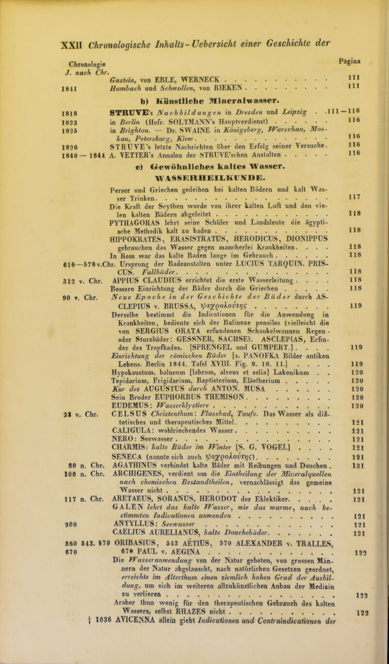 Chronologie Pagina J. nach Chr. Gastein, von EBLE, WERNECK 1841 Hambach und Schmollen, von RIEKEN m b) Künstliche Mineralwasser. 1818 STRUVE’s Nachbildungen in Dresden und Leipzig . .111 — 116 1823 in Berlin (Hofr. SOLTMANN’s Hauptverdienst) 116 1825 in Brighton. — Dr. SWAINE in Königsberg, Warschau, Mos- kau, Petersburg, Kierv 1826 STRUVE’s letzte Nachrichten über den Erfolg seiner Versuche. 1840— 1814 A. VETTER’s Annalen der STRUVE’schen Anstalten 11S c) Gewöhnliches kaltes Wasser. WASSERHEILKUNDE. Perser und Griechen gedeihen bei kalten Bädern und kalt W’as- ser Trinken Die Kraft der Scythen wurde von ihrer kalten Luft und den vie- len kalten Bädern abgeleitet 118 PYTHAGORAS lehrt seine Schüler und Landsleute die ägypti- sche Methodik kalt zu baden 118 H1PPOKRATES, ERASISTRATUS, HEKODICUS, DION1PPUS gebrauchen das Wasser gegen mancherlei Krankheiten. ... 118 In Rom war das kalte Baden lange im Gebrauch 118 616—578v.Chr. Ursprung der Badeanstalten unter LUCIUS TARQUIN. PRIS- CUS. Fallbiider.... 118 312 v. Chr. APPIUS CLAUDIUS errichtet die erste Wasserleitung. . . . 118 Bessere Einrichtung der Bäder durch die Griechen 118 90 ▼. Chr. Neue Epoche in der Geschichte der Bäder durch AS- CLEPIÜS v. BRUSSA, ipv/QoXovirjg 119 Derselbe bestimmt die Indicationen für die Anwendung in Krankheiten, bediente sich der Balineae pensiles (vielleicht die von SERGIUS ORATA erfundenen Schaukelwannen Regen - oder Sturzbäder: GESSNER, SACHSE). ASCLEPIAS, Erfin- der des Tropfbades. [SPRENGEL und GUMPERT.]. ... 119 Einrichtung der römischen Bäder [s. PANOFKA Bilder antiken Lebens. Berlin 1844. Tafel XVIII. Fig. 9. 10. 11.] .... 119 Hypokaustum, balneum [labrum, alveus et solia] Lakonikum . . 120 Tepidarium, Frigidarium, Baptisterium, Eläotherium 120 Kur des AUGUSTUS durch ANTON. MUSA 120 Sein Bruder EÜPHORBUS THEMISON 130 EUDEMUS: Wasserklystiere 120 21 v. Chr. CELSUS Christenthum: Flussbad, Taufe. Das Wasser als diä- tetisches und therapeutisches Mittel 121 CALIGULA: wohlriechendes W'asser 121 NERO: Seewasser 121 CHARMIS: kalte Bäder im Winter [S. G. VOGEL] .... 121 SENECA (nannte sich auch xpvXQoXovTqg) 121 80 n. Chr. AGATHINUS verbindet kalte Bäder mit Reibungen und Douchen . 121 100 n. Chr. ARCHIGENES, verdient um die Eintheilung der Mineralquellen nach chemischen Beslandlheilen, vernachlässigt das gemeine Wasser nicht 121 117 n. Chr. ARETAEUS, SORANUS, HERODOT der Eklektiker 121 GALEN lehrt das kalte Wasser, nie das warme, nach be- stimmten Indicationen anrvcndcn 121 200 ANTYLLUS: Seenasser 121 CAELIÜS AURELIANUS, kalte Douchebäder 121 360 543. 670 ORIBASIÜS, 543 AETIUS, 570 ALEXANDER v. TRALLES, 670 67« PAUL v. AEGINA 132 Die Wasseranwendung von der Natur geboten, von grossen Män- nern der Natur abgelauscht, nach natürlichen Gesetzen geordnet, erreichte im Alterthum einen ziemlich hohen Grad der Ausbil- dung, um sich im weiteren allzukünstlichen Anbau der Medizin zu verlieren 123 Araber thun wenig für den therapeutischen Gebrauch des kalten Wassers, selbst RHAZES nicht 122 t 1036 AVICENNA allein giebt Indicationen und Contraindicationen der