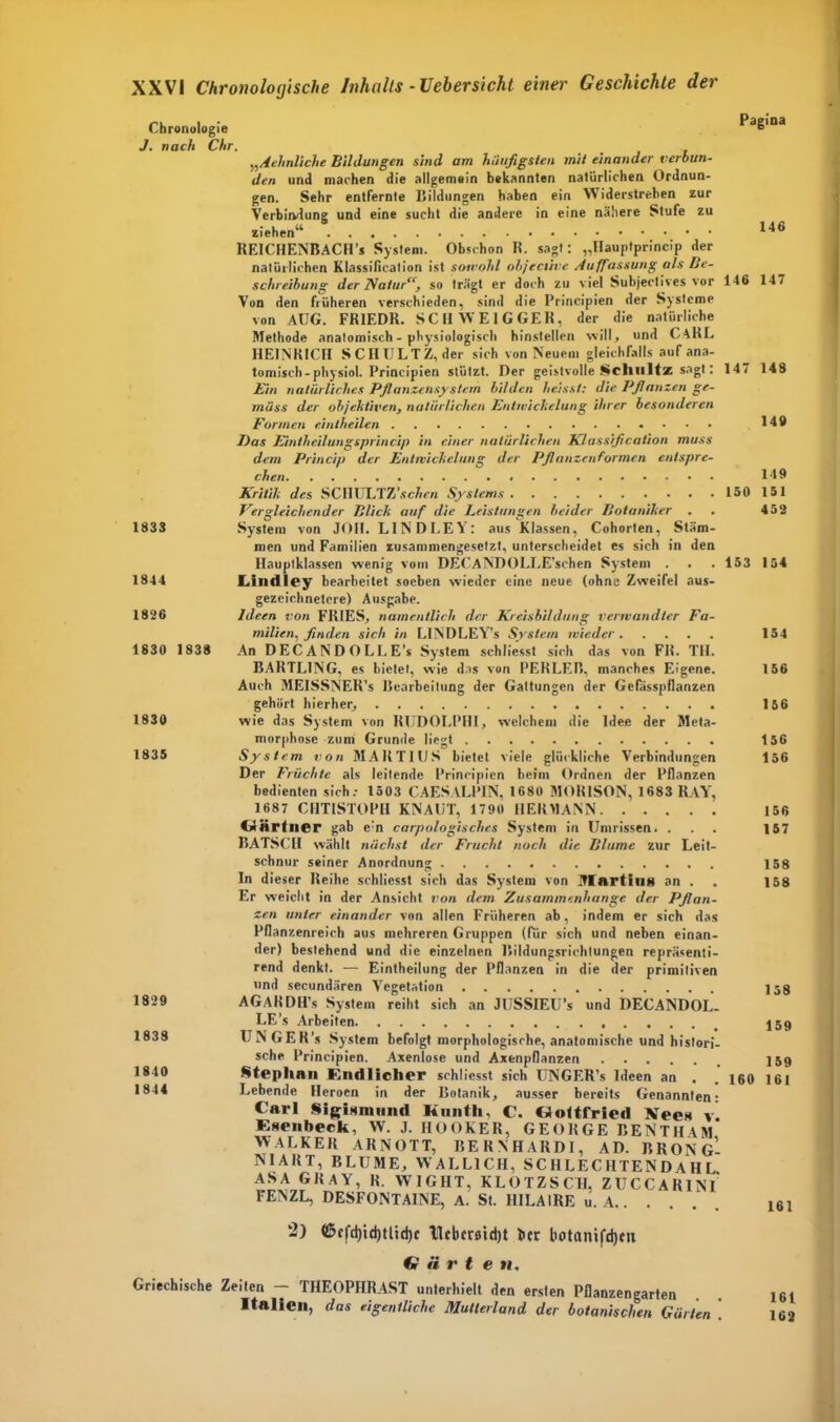 Chronologie Pagina J. nach Chr. . „Aehnliche Bildungen sind am häufigsten mit einander verbun- den und machen die allgemein bekannten natürlichen Ordnun- gen. Sehr entfernte Bildungen haben ein Widerstreben zur Verbindung und eine sucht die andere in eine nähere Stufe zu ziehen“ 146 REICHENBACH’s System. Obschon R. sagt: „Hauplprinc.p der natürlichen Klassification ist sowohl objeciive Auffassung als Be- schreibung der Natur“, so trägt er doch zu viel Subjectives vor 146 147 Von den früheren verschieden, sind die Principien der Systeme von AÜG. FRIEDR. SCH WEIGGER, der die natürliche Methode anatomisch - physiologisch hinstellen will, und C ARL HEINRICH SCHULTZ, der sich von Neuem gleichfalls auf ana- tomisch -physiol. Principien stützt. Der geistvolle Schnitz sagt: 147 148 Ein natürliches Pflanzensystem bilden heisst: die Pflanzen ge- mäss der objektiven, natürlichen Entwickelung ihrer besonderen Formen eintheilen 14® Das Eintheilungsprincip in einer natürlichen Klassification muss dem Princip der Entwickelung der Pflanzenformen entspre- chen . 149 Kritik des SCHULTZ'.scI/rn Systems 150 151 Vergleichender Blick auf die Leistungen beider Botaniker . . 452 1833 Sy-stem von JOH. LIND LE Y: aus Klassen, Cohorten, Stäm- men und Familien zusammengesetzt, unterscheidet es sich in den Hauptklassen wenig vom DECANDOLI.E’schen System . . . 153 154 1844 Lindley bearbeitet soeben wieder eine neue (ohne Zweifel aus- gezeichnetere) Ausgabe. 1826 Ideen von FRIES, namentlich der Kreisbildung verwandter Fa- milien, finden sich in LI\DLE Y’s System wieder 154 1830 1838 An DECANDOLLE’s System schliesst sich das von FH. TII. BARTLING, es bietet, wie das von PERLEB, manches Eigene. 156 Auch MEISSNER’s Bearbeitung der Gattungen der Gefässpflanzen gehört hierher, 156 1830 wie das System von RUDOLPHI, welchem die Idee der Meta- morphose zum Grunde liegt 156 1835 System von MARTIUS bietet viele glückliche Verbindungen 156 Der Früchte als leitende Principien heim Ordnen der Pflanzen bedienten sich: 1503 CAESALP1N, 1680 MORISON, 1683 RAY, 1687 CHTISTOPH KNAUT, 1790 HERMANN 156 Gärtner gab e'n carpologisches System in Umrissen. ... 157 BATSCII wählt nächst der Frucht noch die Blume zur Leit- schnur seiner Anordnung 158 In dieser Reihe schliesst sich das System von ]T[artiu8 an . . 158 Er weicht in der Ansicht von dem Zusammenhänge der Pflan- zen unter einander von allen Früheren ab, indem er sich das Pflanzenreich aus mehreren Gruppen (für sich und neben einan- der) bestehend und die einzelnen Bildungsrichtungen repräsenti- rend denkt. — Eintheilung der Pflanzen in die der primitiven und secundären Vegetation 158 1829 AGARDH’s System reiht sich an JUSSIEU’s und DECANDOL- LE’s Arbeiten 159 1838 UNGER's System befolgt morphologische, anatomische und histori- sche Principien. Axenlose und Axenpflanzen < 159 Stephan Endlicher schliesst sich UNGER’s Ideen an . . ißo 161 *844 Lebende Heroen in der Botanik, ausser bereits Genannten- Carl Sigismund Kunth, C. Gottfried Nee* y. Esenbeck, W. J. HOOKER, GEORGE BENTHAM WALKER ARNOTT, BERNHARDI, AD. BRONG- NIART, BLUME, W ALL] CII, SCHLECUTENDAHL ASA GRAY, R. WIGHT, KLOTZSCTI. ZUCCARINI FENZL, DESFONTAINE, A. St. H1LAIRE u. A i61 2) <£>cfd)id)tlid)c Ikbcmdjt ber botanifdjm Gärt e »i. Griechische Zeiten - THEOPHRAST unterhielt den ersten Pflanzengarten . . ici Italien, das eigentliche Mutterland der botanischen Gürten 1ü2