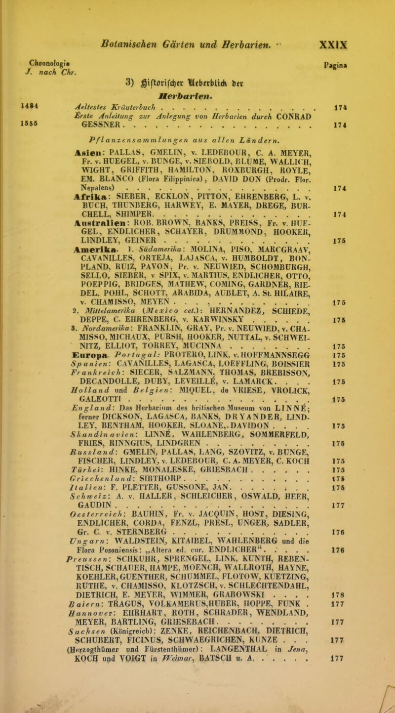 Chronologie Pagina J. nach Chr. 3) Uiftorifd)« Uebtrblith b*r Herbarien. 1A84 Weitestes Kräuterhuch 174 Erste Anleitung zur Anlegung von Herbarien durch CONRAD 1556 GESSNER 174 Pflanzensammlungen aus allen Ländern. Asien: PALLAS, GMELIN, v. LEDEBOUR, C. A. MEYER, Fr. v. HUEGEL, v. RUNGE, v. SIEBOLD, BLUME, WALLIGH, WIGHT, GRIFFITH, HAMILTON, ROXBURGH, ROYLE, EM. BLANCO (Flora Filippinica), DAVID DON (Prodr. Flor. Nepalens) 174 Afrika: SIEBER, ECKLON, PITTON, EHRENBERG, L. v. BUCH, THUNBERG, H.4RWEY, E. MAYER, DREGE, BUH- CHELL, SHIMPER 174 Australien: ROB. BROWN, BANKS, PREISS, Fr. v. HUF- GEL, ENDLICHER, SCHAYER, DRUMMOND, HOOKElt, L1NDLEY, GEINER 175 Amerika- 1. Südamerika: MOLINA, PISO, MARCGRAAV, CAVANILLES, ORTEJA, LAJaSCA, v. HUMBOLDT, BON- PLAND, KUIZ, PAVON, Pr. v. NEUWIED, SCHOMBÜRGH, SELLO, SIEBER, v SPIX, v. MARTIUS, ENDLICHER, OTTO, POEPPIG, BR1DGES, MATHEW, COMING, GARDNER, RIE- DEL. POHL, SCHOTT, ARaBIDA, AUBLET, A. St. HlLAIRE, v. CHAMISSO, MEYEN . . . 175 2. Mittelamerika (Mexico cet.): HERNANDEZ, SCHIEDE, DEPPE, C. EIIRENBERG, v. KARWINSKY 175 3. Nordamerika: FRANKLIN, GRAY, Pr. v. NEUWIED, v. CHA- MISSO, MICHAUX, PURSH, HOOKER, NUTTAL, v. SCHWEI- NITZ, ELLIOT, TORREY, MUCINNA 175 Europa Portugal: PROTERO, LINK, v.IIOFFMANNSEGG 175 Spanien: CAVANILLES, LAGASCA, LOEFFLING, BOISSIER 175 Frankreich: SIECER, SALZMANN, THOMAS, BREBISSON, DECANDOLLE, DUBY, LEVE1LLE, v. LAMARCK. ... 175 Holland und Belgien: M1QUEL, de VRIESE, VROLICK, GALEOTTI 175 England: Das Herbarium des britischen Museum von LINNE; ferner DICKSON, LAGASCA, BANKS, DRYANDER, Ll.ND- LEY, BENTHAM, HOOKER, SLOANE,. DAV1DON .... 175 Skandinavien: LINNE, WAHLENBERG, SOMMERFELD, FRIES, RINNGIUS, LINDGREN 175 Russland: GMELIN, PALLAS, LANG, SZOVITZ, v. BUNGE, FISCHER, LINDLEY, v. LEDEBOUR, C. A. MEYER, C. KOCH 175 Türkei: HINKE, MONALESKE, GRIESBACH 175 Griechenland: SIBTHORP 475 Italien: F. PLETTER, GUSSONE, JAN 175 Schmelz: A. v. HALLER, SCHLEICHER, OSWALD, HEER, GAUDIN 177 Oesterreich: BAUHIN, Fr. v. JACQUIN, HOST, DIES1NG, ENDLICHER, CORDA, FENZL, PRESL, UNGER, SADLER, Gr. C. v. STERNBERG 176 Ungarn: WALDSTEIN, KITAIBEL, WAHLENBERG und die Flora Posoniensis: „Altera ed. cur. ENDLICHER“. . ... 176 Preussen: SCIIKUIIK, SPRENGEL, LINK, KUNTH, REBEN- TISCH, SCHAUER, HAMPE, MOENCH, WALLROTH, HAYNE, KOEHLER, GUENTHER, SCHUMMEL, FLOTOW, KUETZING, RUTHE, v. CHAMISSO, KLOTZSCH, v. SCHLECHTENDAHL, DIETRICH, E. MEYER, WIMMER, GRABOWSKI .... 178 Baiern: TRAGUS, VOLKAMERUS,HUBER, HOPPE, FUNK . 177 Hannover: EIIRHART, ROTH, SCHRÄDER, WENDLAND, MEYER, BARTLING, GRIESEBACII 177 Sachsen (Königreich): ZENKE, REICHENBACH, DIETRICH, SCHUBERT, FICINUS, SCHWAEGRICHEN, KUNZE ... 177 (Herzogtümer und Fürstenthiimer): LANGENTHAL in Jena, KOCH und VOIGT in Weimar, BÄTSCH u. A. . . . . . 177