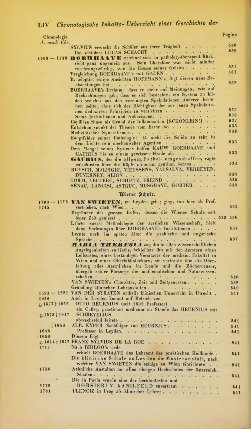 Chronologie J. nach Chr. SYLVIUS erweckt die Schüler aus ihrer Trägheit Ihn schildert LUCAS SCHACHT • 166 8 — 1738 BOERHAAVE zeichnet sich in patholog.-therapeut.Rück- sicht ganz ungemein aus. Sein Charakter war nicht minder verehrungswiirdlg, wie die Grösse seines Geistes Vergleichung BOERIIAAVE's mit GALEN 1$. adoptirt einige Ansichten IIOFFMANN’s, fügt diesen neue Be- obachtungen bei • BOEKHAAVE’s Irrthum: dass er mehr auf Meinungen, wie auf Beobachtungen gab; dass er sich bestrebte, ein System zu bd- den welches aus den vereinigten Spekulationen Anderer beste- hen sollte, ohne sich der Richtigkeit der aus jenen Spekulatio- nen deduzirlen Prinzipien zu versichern Seine Institutionen und Aphorismen Capilläre Stase als Grund der Inflammation [SCHÖNLEIN!] . Entstehungspunkt der Theorie vom Error loci Medizinischer Syncretismus Hauptfehler seiner Pathologie: B. sieht die Solida zu sehr in dem Lichte rein mechanischer Agentien Dem Mangel seines Systems halfen KAÜVS BOERHAAVE und GAUBIUS bis zu einem gewissen Grade ab GAUJ8IUS, der die a 11gern. Pa tho I. u m gescha ffeD, ragte entschieden über die Köpfe minorum gentium heraus .... RUYSCH, MALPIGHI, VIEUSSENS, VALSALVA, VERHEYEN, DUVERNEY, ALBIN TOKTI, LECLERC, SCHTTETZ, FKE1ND SfiNAC, LANCISI, ASTRUC, MÜSGRAVE, GORTER. . . . Ttliciur &d)uU. 1700 — 1772 VAN SWIETEV, zu Leyden geb.; ging, von hier als Prof. 1745 vertrieben, nach Wien Begründer des grossen Rufes, dessen die Wiener Schule seit jener Zeit geniesst 535 536 Lehrte zuerst Methodologie der ärztlichen Wissenschaft, hielt dann Vorlesungen über ISOERHAAVE’s Institutionen .... 537 Lernte noch im späten Alter die arabische und ungarische Sprache 537 MAMA TUEHESIA zog ihn in allen wissenschaftlichen Angelegenheiten zu Rathe, bekleidete ihn mit den Aemtern eines Leibarztes, eines beständigen Vorsitzers der medizin. Fakultät in Wien und eines Oberbibliothekars; sie vertraute ihm die Ober- leitung alles Aerztlichen im Lande und die Büchercensur, übergab seiner Fürsorge die mathematischen und Naturwissen- schaften 5 38 VAN SWIETEN’s Charakter, Zeit und Zeitgenossen 539 Gründung klinischer Lehranstalten 54 0 1593 — 1681 VAN DER STKATEN ertheilt klinischen Unterricht in Utrecht . 541 1636 Auch in Leyden kommt auf Betrieb von g. 1577 t 1652 OTTO IIEURNIUS (seit 1602 Professor) ein Colleg. practicura medicum zu Stande das IIEURNIUS mit g. 1575| 1647 SCHREVEL1ÜS abwechselnd leitete 541 1 1658 ALB. KYPER Nachfolger von HEURNIUS 541 164 8 Professor in Leyden 541 1658 Diesem folgt g. IftllT 1672 FRANZ SYLVIUS DE LA BOE 541 1715 Nach BIDLOO’s Tode erhielt BOERHAAVE das Lehramt der praktischen Heilkunde . 541 Die klinische Schule zuLeyden die M u s t era n s t al t, nach welcher VAN SWIETEN die seinige zu Wien einrichtetc . . 541 1754 Aehnl iche Anstalten an allen übrigen Hochschulen der Österreich. Staaten 541 Die in Pavia wurde eine der berühmtesten und 1770 RORSIERI V. KANILFELD anvertraut ...... 541 1781 PLENCIZ in Prag als klinischer Lehrer. 541 Pagina 530 530 531 581 532 532 533 532 533 533 533 533 534 534 535 535 535