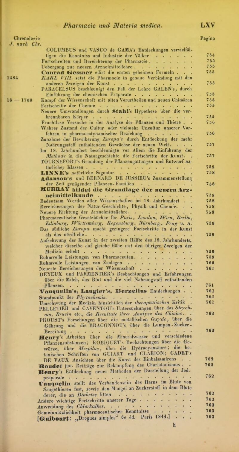 Chronologie Pagina J. nach Chr. COLUMBUS und VASCO de GAMA’s Entdeckungen vervielfäl- tigen die Kenntniss und Industrie der Völker 754 Fortschreiten und Bereicherung der Pharmacie 755 Uebergang zur neuern Arzneimittellehre 7 55 Conrad CÄessner edirt die ersten geheimen Formeln ... 755 1484 KARL VIII. setzt die Pharmacie in genaue Verbindung mit den anderen Zweigen der Kunst 755 PARACELSUS beschleunigt den Fall der Lehre GALEN’s, durch Einführung der chemischen Präparate 755 16 — 1700 Kampf der Wissenschaft mit alten Vorurtheilen und neuen Chimären 755 Fortschritte der Chemie 755 Neuere Uinw'andlungen durch StaliFs Hypothese über die ver- brennbaren Körper 7 55 Fruchtlose Versuche in der Analyse der Pflanzen und Thiere . . 750 Wahrer Zustand der Cultur oder vielmehr Uncultur unserer Vor- fahren in pharmacodynamischer Beziehung 756 Zunahme der Bevölkerung Europa's durch Entdeckung der mehr Nahrungsstoff enthaltenden Gewächse der neuen Welt. . . . 757 lin 18. Jahrhundert beschleunigte vor Allem die Einführung der Methode in die Naturgeschichte die Fortschritte der Kunst. . 757 TOURNEFORT’s Gründung der Pflanzengattungen und Entwurf na- türlicher Klassen 758 CINXIÄ’s natürliche Signatur 758 A<1hiisoii’M und BERNaRD DE JUSSlEU’s Zusammenstellung der Zeit genügender Pflanzen-Familien 758 MURRAY bildet die Grundlage der neuern Arz- neimittelkiindc 758 Bedeutsam Werden aller Wissenschaften im 18. Jahrhundert . . 758 Bereicherungen der Natur-Geschichte, Physik und Chemie. . 75 8 Neuere Richtung der Arzneimittellehre 759 Pharmaceutische Gesetzbücher für Paris, London, Wien, Berlin, Edinburg, Württemberg, Regensburg, Nürnberg, Prag u. A. 759 Das südliche Europa macht geringere Fortschritte in der Kunst als das nördliche 759 Aufsclnvung der Kunst in der zweiten Hälfte des 18. Jahrhunderts, welcher dieselbe auf gleiche Höhe mit den übrigen Zweigen der Medizin erhebt 7 59 Ruhmvolle Leistungen von Pharmaceulen 759 Ruhmvolle Leistungen von Zoologen 760 Neueste Bereicherungen der Wissenschaft 761 DEYEUX und PARMENTIER’s Beobachtungen und Erfahrungen über die Milch, das Blut und die viel Nahrungstoff enthaltenden Pflanzen 761 Yauquelin’S, Latigier’tt, lierzelius Entdeckungen . . 761 Standpunkt der Pliytochemie 761 Umschwung der Medizin hinsichtlich der therapeutischen Kritik . 761 PELLETIER und CAVENTOU’s Untersuchungen über das Strych- nin, Brucin etc., die Resultate ihrer Analyse des Chinins. . 762 PROUST’s Forschungen über die metallischen Oxyde, über die Gährung und die BRACONNOT’s über die Lumpen-Zucker- Bereitung • 762 Henry s Arbeiten über die Mineralwasser und verschiedene Pflanzensubstanzen; IlOBIQUET’s Beobachtungen über die Ge- würze, über Mespilus, über die Hydrocyansäure; die bo- tanischen Schriften von GUIART und CLARION; CADET s DE VAUX Ansichten über die Kunst des Einbalsamirens . . 762 Boudet jun. Beiträge zur Bekämpfung des Charlatanismus . . 762 Henry s Entdeckung neuer Methoden der Darstellung der Jod- präparate 762 1/auquelin stellt das Vorhandensein des Harns im Blute von Säugethieren fest, sowie den Mangel an Zuckerstoff in dem Blute derer, die an Diabetes litten Andere wichtige Fortschritte unserer Tage 762 Anwendung des Chlorkalkes Gemeinnützlichkeit pharmaceutischer Kenntnisse. 703 [Gtuibourt: „Drogues simples“ 6e ed. Paris 1844.] . . . 763 h