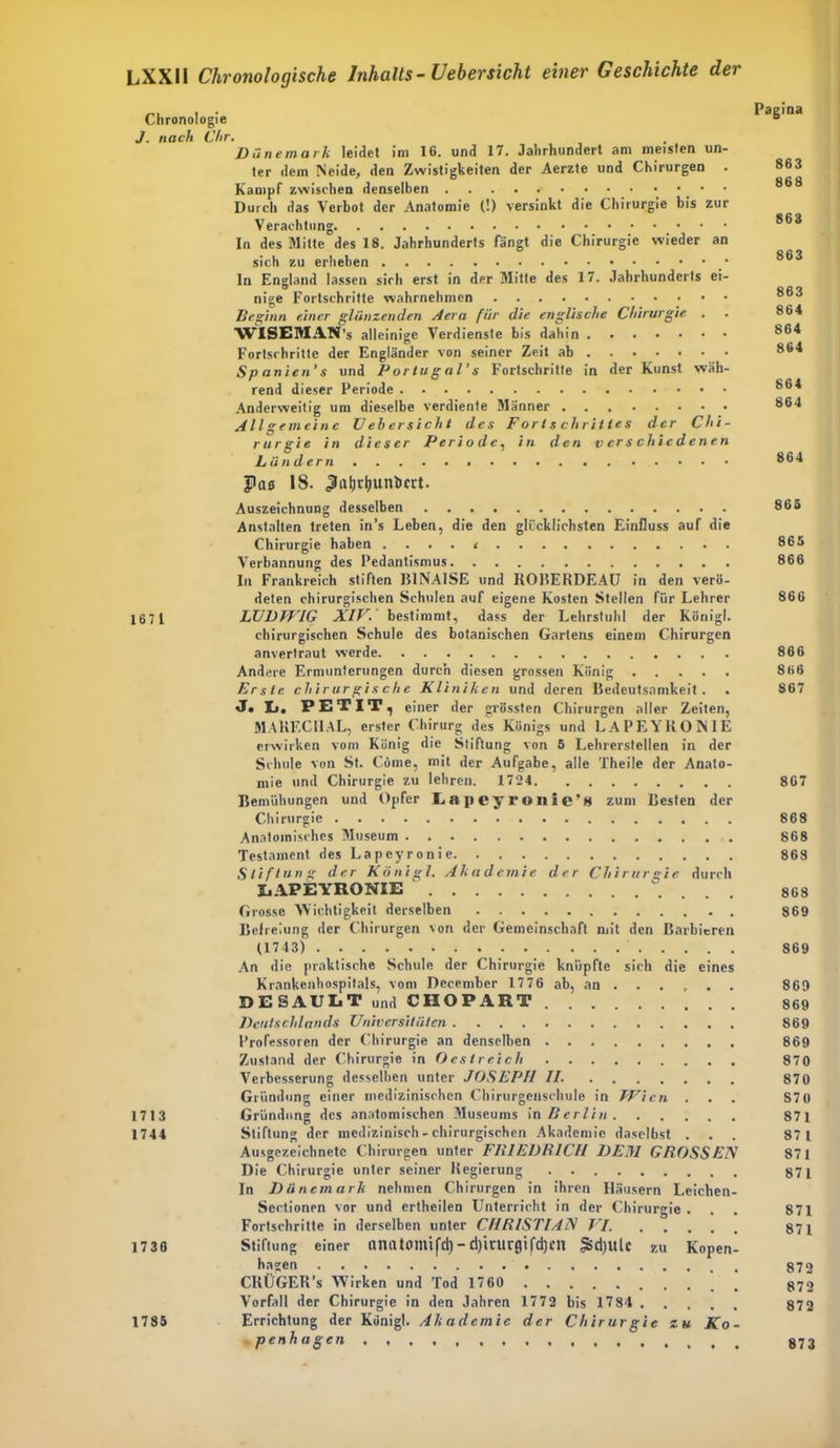 Chronologie Pagina J. nach Chr. Düne mark leidet im 16. und 17. Jahrhundert am meisten un- ter dem Neide, den Zwistigkeiten der Aerzte und Chirurgen . 86 3 Kampf zwischen denselben Durch das Verbot der Anatomie (!) versinkt die Chirurgie bis zur Verachtung • • In des Mitte des 18. Jahrhunderts fängt die Chirurgie wieder an sich zu erheben In England lassen sich erst in der Mitte des 17. Jahrhunderts ei- nige Fortschritte wahrnehmen Beginn einer glänzenden Aera für die englische Chirurgie . . 864 WISEMAN’s alleinige Verdienste bis dahin 861* Fortschritte der Engländer von seiner Zeit ab Sp anien’ s und Portugal' s Fortschritte in der Kunst wäh- rend dieser Periode Anderweitig um dieselbe verdiente Männer 864 Allgemeine lieber sicht des Fortschrittes der Chi- rurgie in dieser Periode, in den verschiedenen Ländern 864 JUta 18. ,3at)rt)unt>crt. Auszeichnung desselben 865 Anstalten treten in’s Leben, die den glücklichsten Einfluss auf die Chirurgie haben . ... < 865 Verbannung des Pedantismus 866 In Frankreich stiften B1NAISE und ROBERDEAU in den verö- deten chirurgischen Schulen auf eigene Kosten Stellen für Lehrer 866 1671 LUDWIG XIV. bestimmt, dass der Lehrstuhl der Königl. chirurgischen Schule des botanischen Gartens einem Chirurgen anvertraut werde 806 Andere Ermunterungen durch diesen grossen König 866 Erste chirurgische Kliniken und deren Bedeutsamkeit. . 867 J. Ij. PETIT, einer der grössten Chirurgen aller Zeiten, MAKECIlAL, erster Chirurg des Königs und LA PEYRONIE erwirken vom König die Stiftung von 6 Lehrerstellen in der Schule von St. Cöme, mit der Aufgabe, alle Theile der Anato- mie und Chirurgie zu lehren. 1724 867 Bemühungen und Opfer L.aiicyronie'8 zum Besten der Chirurgie 868 Anatomisches Museum 868 Testament des Lapcyronie 868 Stiftung der Königl. Akademie der Chirurgie durch LAPEYRONIE ^ 868 Grosse Wichtigkeit derselben 869 Befreiung der Chirurgen von der Gemeinschaft mit den Barbieren (1743) 869 An die praktische Schule der Chirurgie knüpfte sich die eines Krankenhospitals, vom December 1776 ab, an 869 D E SAULT und CHOPART 869 Deutschlands Universitäten 869 Professoren der Chirurgie an denselben 869 Zustand der Chirurgie in Oestreich 870 Verbesserung desselben unter JOSEPH II. 870 Gründung einer medizinischen Chirurgeuschule in Wien . . . 870 1713 Gründung des anatomischen Museums in Berlin 871 1744 Stiftung der medizinisch - chirurgischen Akademie daselbst ... 871 Ausgezeichnete Chirurgen unter FEIEDEICH DEJI GBOSS EN 871 Die Chirurgie unter seiner Regierung 871 In Dänemark nehmen Chirurgen in ihren Häusern Leichen- Sectionen vor und ertheilen Unterricht in der Chirurgie. . . 871 Fortschritte in derselben unter CHEISTIAN VI. 871 1730 Stiftung einer OnatOmifd) - d)intr0tfcl)Cll ^d)lllc ZU Kopen- hagen 87 CRÜGER’s W'irken und Tod 1760 87 Vorfall der Chirurgie in den Jahren 1772 bis 1784 872 1785 Errichtung der Königl. Akademie der Chirurgie zu Ko- penhagen 873 IO IO