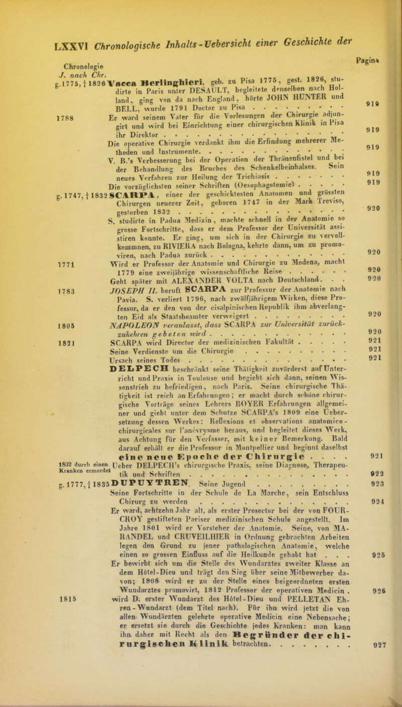 Chronologie J • nach Chr • , _ c c4.. e. 1775,f 1826Yaccn Berlinghieri, geb. zu Pisa 1775 , gest. 182b stu- dirte in Paris unter DESAÜLT, begleitete denselben nach Hol- land, ging von da nach England, hörte JOHN HUNTEll und BELL, wurde 1791 Doctor zu Pisa . . . . • • • • • 1788 Er ward seinem Vater für die Vorlesungen der Chirurgie adpin- girt und wird bei Einrichtung einer chirurgischen Klinik in Pisa ihr Direktor ' Die operative Chirurgie verdankt ihm die Erfindung mehrerer Me- thoden und Instrumente • * * * ' V. B.’s Verbesserung bei der Operation der Thränenfistel und bei der Behandlung des Bruches des Schenkelbeinhalses. Sein neues Verfahren zur Heilung der Trichiasis . Die vorzüglichsten seiner Schriften (Oesophagotoinie) g. 1747, f 1832 SCARJPA , einer der geschicktesten Anatomen und grössten Chirurgen neuerer Zeit, geboren 1747 in der Mark Ireviso, gestorben 1832 ’ '  S. studirte in Padua Medizin, machte schnell in der Anatomie so grosse Fortschritte, dass er dem Professor der Universität assi- stiren konnte. Er ging, um sich in der Chirurgie zu vervoll- kommnen, zu RIVIERA nach Bologna, kehrte dann, um zu promo- viren, nach Padua zurück 1771 Wird er Professor der Anatomie und Chirurgie zu Modena, macht 1779 eine zweijährige wissenschaftliche Reise Geht später mit ALEXANDER VOLTA nach Deutschland. 1783 JOSEPH II. beruft SCARPA zur Professur der Anatomie nach Pavia. S. verliert 1796, nach zwölfjährigem W irken, diese Pro- fessur, da er den von der cisalpinischen Republik ihm abverlang- ten Eid als Staatsbeamter verweigert 1805 NAPOLEON veranlasst, dass SCARPA zur Universität zuriiek- zukehren gebeten wird 1821 SCARPA wird Director der medizinischen Fakultät Seine Verdienste um die Chirurgie Ursach seines Todes D EIj PE CH beschränkt seine Thäligkeit zuvörderst auf Unter- richt und Praxis in Toulouse und begiebt sich dann, seinen W is- senstrieb zu befriedigen, nach Paris. Seine chirurgische Thä- tigkeit ist reich an Erfahrungen ; er macht durch schöne chirur- gische Vorträge seines Lehrers BOYER Erfahrungen allgemei- ner und giebt unter dem Schutze SCARPA’s 1809 eine Üeber- setzung dessen Werkes: Reflexions et observations anatomico- chirurgicales sur l’ancvrysme heraus, und begleitet dieses Werk, aus Achtung für den Verfasser, mit keiner Bemerkung. Bald darauf erhält er die Professur in Montpellier und beginnt daselbst eine neue Epoche der Chirurgie .... 1832 durch einen []cber DELPECH’s chirurgische Praxis, seine Diagnose, Thcrapeu- Krankcn ermordet ... , „ , .r, tik und Schrillen g. 1777,f 1835Ö UPU Y TREN. Seine Jugend Seine Fortschritte in der Schule de La Marche, sein Entschluss Chirurg zu werden Er ward, achtzehn Jahr alt, als erster Proseetor bei der von FOUR- CROY gestifteten Pariser medizinischen Schule angestellt. Im Jahre 1801 wird er Vorsteher der Anatomie. Seine, von MA- RANDEL und CRUVE1LHIER in Ordnung gebrachten Arbeiten legen den Grund zu jener pathologischen Anatomie, welche einen so grossen Einfluss auf die Heilkunde gehabt hat . . . Er bewirbt sich um die Stelle des W'undarztes zweiter Klasse an dem Hötel-Dieu und trägt den Sieg über seine Mitbewerber da- von; 1808 wird er zu der Stelle eines beigeordneten ersten Wundarztes promovirt, 1812 Professor der operativen Medicin . 1815 wird D. erster YVundarzt des Hötel-Dieu und PELLETANT Eh- ren - W:undarzt (dem Titel nach). Für ihn wird jetzt die von allen Wundärzten gelehrte operative Medicin eine Nebensache; er ersetzt sie durch die Geschichte jedes Kranken: man kann ihn daher mit Recht als den Begründer der chi- rurgischen Klinik betrachten Pagina 919 919 919 919 919 920 920 920 920 920 920 921 921 921 921 023 923 924 925 926 927