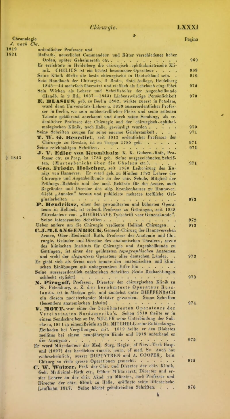 Chronologie J. nach Chr. 1819 1821 i 1843 ordentlicher Professor und Ilofrath, neuerlichst Commandeur und Ritter verschiedener hoher Orden, später Geheimerath clr Er errichtete in Heidelberg die chirurgisch-ophthalniiatrisehe Kli- nik. CHEL1US ist ein höchst besonnener Operateur .... Seine Klinik dürfte die beste chirurgische in Deutschland sein. Sein Handbuch der Chirurgie, 2 linde, 6ste Auflage, Heidelberg 1843 — 44 mehrfach übersetzt und vielfach als Lehrbuch eingeführt Sein Wirken als Lehrer und Schriftsteller der Augenheilkunde (Handb. in 2 J5d., 1837 —1813) Liebenswürdige Persönlichkeit K. BLASIUS, geb. zu Berlin 1802, wirkte zuerst in Potsdam, ward dann Universitäts-Lehrer u. 1829 ausserordentlicher Profes- sor in Berlin, wo sein unübertrefflicher Fleiss und seine seltenen Talente gebührend anerkannt und durch seine Sendung, als or- dentlicher Professor der Chirurgie und der chirurgisch-ophthal- mologischen Klinik, nach Halle, gewürdigt wurden Seine Schriften zeugen für seine enorme Gelehrsamkeit .... '1'. XV. U. Benedict, seit 1813 ordentlicher Professor der Chirurgie zu Breslau, ist zu Torgau 1785 geb Seine reichhaltigen Schriften J. V. EUller von Kroinblioiz, K. K. Gubern.-Rath, Pro- fessor ctr. zu Prag, ist 1783 geb. Seine ausgezeichneten Schrif- ten. ( M us t er ber i c h t über die Cholera ctr.) Geo. Friedr. Hölscher, seit 1830 Leibchirurg des Kö- nigs von Hannover. Er ward geb. zu Minden 1792 Lehrer der Chirurgie und Augenheilkunde an der chir. Schule, Mitglied der Prüfungs-Behörde und der mcd. Behörde für die Armee, auch Begründer und Director des allg. Krankenhauses zu Hannover. Gicbt ,,Annalen4' heraus und publicirte mehrere treffliche Ori- ginalarbeiten I*. Hendriks/;, einer der gewandtesten und kühnsten Opera- teurs in Holland, ist ordentl. Professor zu Groningen, seit 1838 Mitrcdacteur von: „BOERHAAVE Tydschrift voor Genecskunde“. Seine interessanten Schriften Ueber andere um die Chirurgie verdiente Holland. Chirurgen. . C.J.M.LAÄldElfBECK, General-Chirurg der Hannoverschen Armee, Ober-Mcdicinal - Rath, Professor der Anatomie und Chi- rurgie, Gründer und Director des anatomischen Theaters, sowie des klinischen Instituts für Chirurgie und Augenheilkunde zu Göttingen, ist einer der geübtesten topographischen Anatomen und wohl der eleganteste Operateur aller deutschen Länder. Er giebt sich als Greis noch immer den anatomischen und klini- schen Einübungen mit unbegrenztem Eifer bin Seine ausserordentlich zahlreichen Schriften (Gute Beobachtungen schlecht stylisirt) . . . . , üMrofjolF, Professor, Director der chirurgischen Klinik zu St. Petersburg, z. Z. der berühmteste Operateur Russ- lands, ist in Moskau geb. und zunächst unter DIEFFENBACH ein diesem nachstrehendcr Meister geworden. Seine Schriften (besonders anatomischen Inhalts) M. MOTT, war einer der berühmtesten Operateurs der Vereinstaaten Nordamerika’s. Schon 1810 theilte er in einem Sendschreiben an Dr. MILLER seine Unterbindung der Sub- clavia, 1811 in einem Briefe an Dr. MITCHELL seine Entdeckungs- Methoden bei Vergiftungen, mit. 1812 heilte er den Diabetes mellitus bei einem neunjährigen Kinde und 1818 unterband er die Anonyma Er ward Mitredacteur das Med. Surg. Regist. of New -York Ilosp. und (1827) des herrlichen Americ. journ. of med. Sc Auch hat wahrscheinlich, ausser DUPUYTREN und A. COOPEK, kein Chirurg so viele grosse Operationen gemacht AVutzer, Prof, der Chir. und Director der chir. Klinik, Geh. Medieinal - Rath ctr., früher Militairarzt, Director und er- ster Lehrer an der chir. Akad. /u Münster, auch Professor und Director der chir. Klinik zu Halle, eröffnete seine litterarische Laufbahn 1817. Seine höchst gehaltreichen Schriften. . . . Pagina 969 969 970 970 970 970 971 971 971 971 972 972 973 973 973 974 975 975 97G