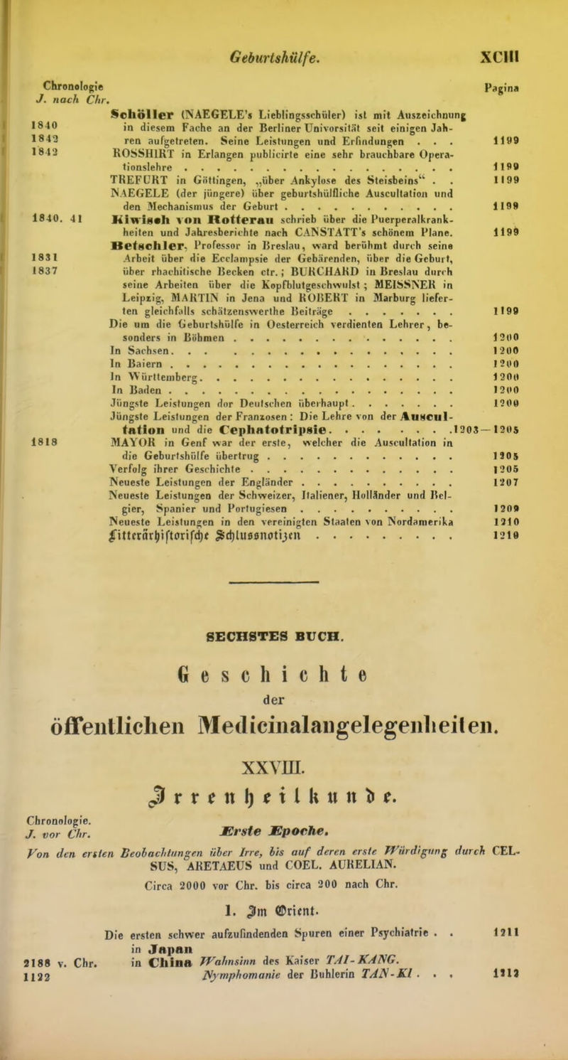 Chronologie Pagina J. nach Chr. 1840 1843 1842 1840. 41 1831 1837 1818 Schöller (NAEGELE’s Lieblingsschüler) ist mit Auszeichnung in diesem Fache an der Berliner Univorsität seit einigen Jah- ren aufgetreten. Seine Leistungen und Erfindungen ... 1199 ROSSHIRT in Erlangen publicirte eine sehr brauchbare Opera- tionslehre 1199 TREFURT in Güttingen, „über Ankylose des Steisbeins‘‘ . . 1199 NAEGELE (der jüngere) über geburtshülfliche Auscultation und den Mechanismus der Geburt 1199 Üiu iNlll von Rotterau schrieb über die Puerperalkrank- heiten und Jahresberichte nach CANSTATT’s schönem Plane. 1199 Metsclller, Professor in Breslau, ward berühmt durch seine Arbeit über die Ecclampsie der Gebärenden, über die Geburt, über rhachitische Becken ctr.; BURCHAKD in Breslau durch seine Arbeiten über die Kopfblutgeschwulst ; MEISSNER in Leipzig, MARTIN in Jena und ROBERT in Marburg liefer- ten gleichfalls schätzenswerthe Beiträge 1199 Die um die Geburtshülfe in Oesterreich verdienten Lehrer, be- sonders in Böhmen 1300 In Sachsen. .. 1300 In Baiern 1200 In Württemberg 1200 In Baden 1200 Jüngste Leistungen dor Deutschen überhaupt 1200 Jüngste Leistungen der Franzosen : Die Lehre von der Auocul- tation und die Cephatotripsie 1303—1205 MAYOR in Genf war der erste, welcher die Auscultation in die Geburtshülfe übertrug 1305 Verfolg ihrer Geschichte 1205 Neueste Leistungen der Engländer 120 7 Neueste Leistungen der Schweizer, Italiener, Holländer und Bel- gier, Spanier und Portugiesen 1209 Neueste Leistungen in den vereinigten Staaten von Nordamerika 1210 £tttcm()ift0rifd)t ^djlußsnotijm 1219 SECHSTES BUCH. Geschichte der öffentlichen Medicinalangelegenheiten. XXVHI. (JrrcnljftlktiH&e. Chronologie. J. vor Chr. Erste Epoche. Von den ersten Beobachtungen über Irre, bis auf deren erste Würdigung durch CEL- SUS, ARETAEUS und COEL. AURELIAN. Circa 2000 vor Chr. bis circa 200 nach Chr. 1. Jitn ©runt. Die ersten schwer aufzufindenden Spuren einer Psychiatrie . . 1211 in Japan 2188 V. Chr. in Cliina Wahnsinn des Kaiser TAI-KANG. U22 Nymphomanie der Buhlerin TAN-Kl . . • 1113