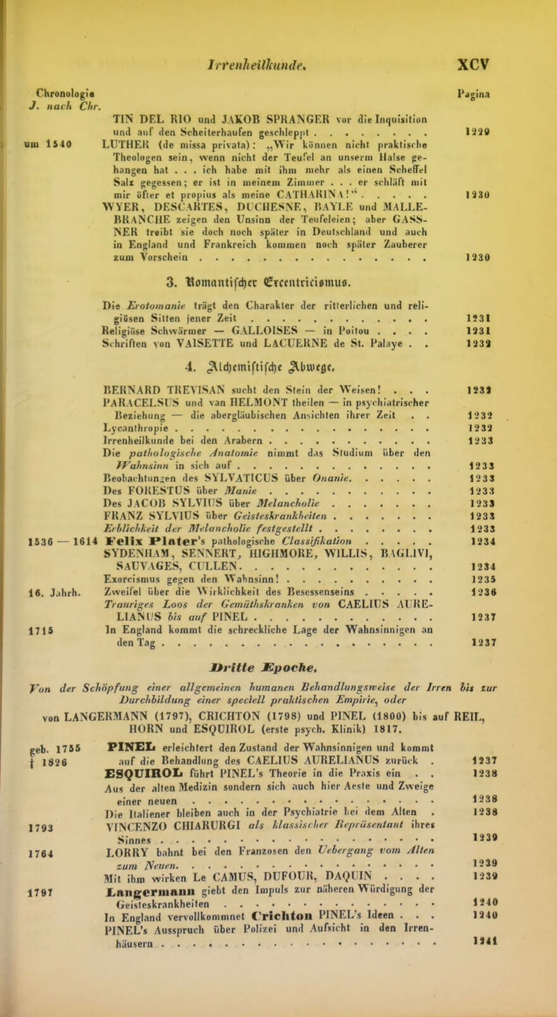 Chronologie Pagina J. nach Chr. TIN DEL RIO und JAKOB SPRANGER vor die Inquisition und auf den Scheiterhaufen geschleppt 1230 um 1540 LUTHER (de missa privata): „Wir können nicht praktische Theologen sein, wenn nicht der Teufel an un$erm Halse ge- hangen hat ... ich habe mit ihm mehr als einen Scheffel Salt gegessen; er ist in meinem Zimmer ... er schläft mit mir öfter et propius als meine CATHARINa!*4 1330 WYER, DESCARTES, DUCHESNE, BAYLE und M4I.LE- BKANCHE zeigen den Unsinn der Teufeleien; aber GASS- NER treibt sie doch noch später in Deutschland und auch in England und Frankreich kommen noch später Zauberer zum Vorschein 1230 3. Uoimuttifcljfc Grcfiitncioinuo. Die Erotomanie trägt den Charakter der ritterlichen und reli- giösen Sitten jener Zeit 1331 Religiöse Schwärmer — GALLOISES — in Poitou .... 1231 Schriften von VAlSETTE und LACUERNE de St. Palaye . . 1232 4. .SUdjcmiftifdjc jUuufflc. BERNARD TREVISAN sucht den Stein der Weisen! . . . 1231 PARACELSUS und van HELMONT theilen — in psychiatrischer Beziehung — die abergläubischen Ansichten ihrer Zeit . . 1232 Lycanthropie 1232 Irrenheilkunde bei den Arabern 1233 Die pathologische Anatomie nimmt das Studium über den Wahnsinn in sich auf 1233 Beobachtungen des SYLVATICUS über Onanie 1233 Des FORESTUS über Manie 1233 Des JACOB SYLVIUS über Melancholie 1233 FRANZ SYLVIUS über Geisteskrankheiten 1233 Erblichkeit der Melancholie festgestellt 1233 1536 — 1614 Felix JPlater’s pathologische Classifikation 1234 SYDENIIAM, SENNERT, HIGHMORE, WILLIS, BAGLIVI, SAUVAGES, CULLEN 1234 Exorcismus gegen den Wahnsinn! 1235 16. Jahrh. Zweifel über die Wirklichkeit des Bescssenseins 1236 Trauriges Loos der Gemälhskranken von CAELIUS AURE- LIANUS bis auf PINEL 1237 1715 In England kommt die schreckliche Lage der Wahnsinnigen an den Tag 1237 llvltte Epoche. Von der Schöpfung einer allgemeinen humanen Behandlungsiveise der Irren bis zur Durchbildung einer speciell praktischen Empirie, oder von LANGERMANN (1797), CRICHTON (1798) und PINEL (1800) bis auf REIL, IIORN und ESQUIROL (erste psych. Klinik) 1817. geh. 1755 PINEL erleichtert den Zustand der Wahnsinnigen und kommt | 1826 auf die Behandlung des CAELIUS AURELIANUS zurück . 1237 ESQUIROL führt PINEL’s Theorie in die Praxis ein . . 1238 Aus der alten Medizin sondern sich auch hier Aeste und Zweige einer neuen 1238 Die Italiener bleiben auch in der Psychiatrie hei dem Alten . 1238 1793 VINCENZO CHIARURGI als klassischer Repräsentant ihres Sinnes 1239 1764 LORRY bahnt bei den Franzosen den Uebergang vom Alten zum Neuen 12 39 Mit ihm wirken Le CAMUS, DUFOUR, DAQUIN . . . . 1230 1797 .Lniigerinaiili giebt den Impuls zur näheren Würdigung der Geisteskrankheiten 1240 ln England vervollkommnet Criclltoil PINEL’s Ideen ... 1240 PINEL’s Ausspruch über Polizei und Aufsicht in den Irren- häusern 1141