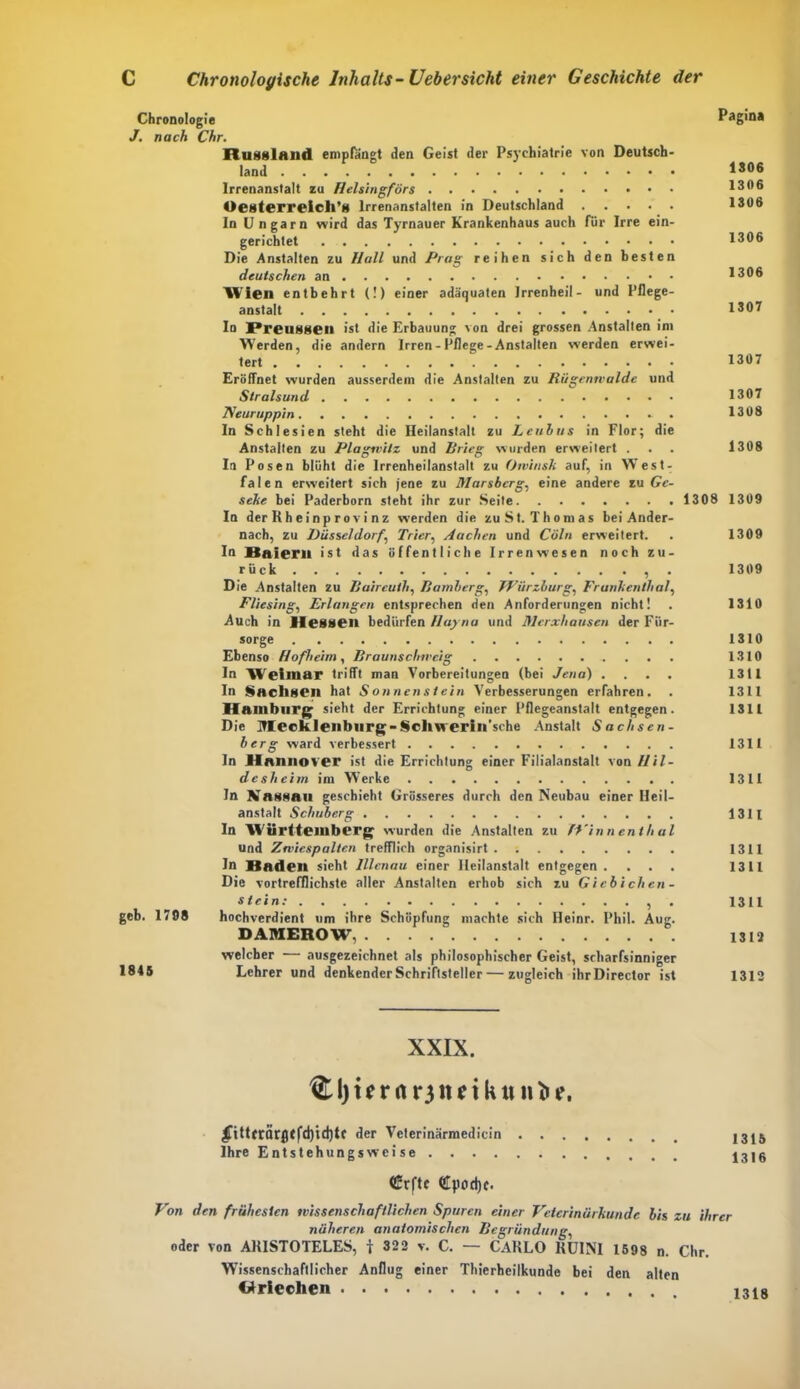 Chronologie Pagina J. nach Chr. Russland empfängt den Geist der Psychiatrie von Deutsch- land 1S06 Irrenanstalt zu Helsingförs 1306 Oesterreicli’s lrrenanslalten in Deutschland 1306 In U ngarn wird das Tyrnauer Krankenhaus auch für Irre ein- gerichtet 1306 Die Anstalten zu Hall und Prag reihen sich den besten deutschen an 1306 Wien entbehrt (!) einer adäquaten Irrenheil- und Pflege- anstalt 1307 In Preussen ist die Erbauung von drei grossen Anstalten im Werden, die andern Irren-Pflege-Anstalten werden erwei- tert 1307 Eröffnet wurden ausserdem die Anstalten zu Rügenwalde und Stralsund 1307 Neuruppin 1308 In Schlesien steht die Heilanstalt zu Leulus in Flor; die Anstalten zu Plagtvilz und Brieg wurden erweitert . . . 1308 In Posen blüht die Irrenheilanstalt zu Otvinsk auf, in West- falen erweitert sich jene zu Marsberg, eine andere zu Ge- seke bei Paderborn steht ihr zur Seite 1308 1309 In der Rh ei np r ov i nz werden die zu St. Thomas bei Ander- nach, zu Düsseldorf, Trier, Aachen und Cöln erweitert. . 1309 In Raiem ist das öffentliche Irrenwesen noch zu- rück , 1309 Die Anstalten zu Baireuth, Bamberg, TVürzburg, Frankenthal, Fliesing, Erlangen entsprechen den Anforderungen nicht! . 1310 Auch in Hessen bedürfen Hayna und Merxhausen der Für- sorge 1310 Ebenso Hofheim, Braunschweig 1310 In Weimar trifft man Vorbereitungen (bei Jena) .... 1311 In Sachsen hat Sonnenstein Verbesserungen erfahren. . 1311 Hamburg sieht der Errichtung einer Pflegcanstalt entgegen. 1311 Die Mecklenburg-Scliwerin'sche Anstalt Sachsen- berg ward verbessert 1311 In Hannover ist die Errichtung einer Filialanstalt van Hil- de sh eim im Werke 1311 In Nassau geschieht Grösseres durch den Neubau einer Heil- anstalt Schuberg 1311 In Württemberg wurden die Anstalten zu IV in nenthal und Zwiespalten trefflich organisirt 1311 In Baden sieht Illenau einer Heilanstalt entgegen. ... 1311 Die vortrefflichste aller Anstalten erhob sich zu Giebieben- st ein: , . 1311 geb. 1798 hochverdient um ihre Schöpfung machte sich Heinr. Phil. Äug. DAMEROW. 1312 welcher — ausgezeichnet als philosophischer Geist, scharfsinniger 1845 Lehrer und denkender Schriftsteller — zugleich ihrDirector ist 1312 XXIX. ®l)urnr3ttnkuni>e, £tttfrärßffd)id)tc der Velerinärmedicin 1315 Ihre Entstehungsweise 1316 (Crfte €pod)c. Von den frühesten wissenschaftlichen Spuren einer Vetcrinürkundc bis zu ihrer näheren anatomischen Begründung, oder von ARISTOTELES, t 322 v. C. — CARLO RUINI 1598 n. Chr. Wissenschaftlicher Anflug einer Thierheilkunde bei den alten t* riechen 13l8