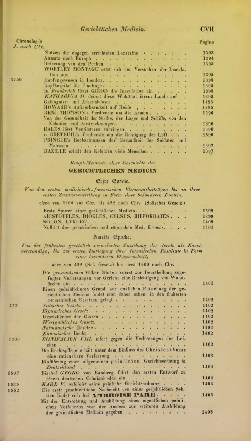 Gerichtlichen Medicin. CVH Chronologie Pagina J. nach Chr. Nutzen der dagegen errichteten Lazarethe « 1393 Aussatz nach Europa 1394 Befreiung von den Pocken 1393 WOHTLEY MONTAGU setzt sich den Versuchen der lnocula- tion aus 1393 1^50 Impflingswesen in London 1395 Impfhospital für Findlinge 1395 ln Frankreich führt GIROD die Inoculation ein 1395 KATHARINA II. dringt diese Wohlthat ihrem Lande auf . 1395 Gefängnisse und Arbeitshäuser 1395 HOWAKD’s Aufmerksamkeit auf Heide , 1395 BENJ. THOMSON’s Verdienste um die Armen 1396 Von der Gesundheit der Städte, der Lager und Schiffe, von den Kolouien und Austrocknungen 1396 HALES lässt Ventilatoren anbringen 1396 v. BRETEUIL’s Verdienste um die Reinigung der Luft . . . 1396 PRINGLE’s Beobachtungen der Gesundheit der Soldaten und Matrosen 1397 DAZILLE erhält den Kolonien viele Menschen 1397 m Haupt-Momente einer Geschichte der GERICHTLICHEN MEDICIN Crfte <£pori)e. T on den ersten medicinisch - forensischen Elementarbeitrügen his zu ihrer ersten Zusammenstellung in Form einer besonderen Doctrin, circa von 2000 vor Chr. bis 422 nach Chr. (Salisches Gesetz.) Erste Spuren einer gerichtlichen Medicin 1399 ARISTOTELES, DIOKLES, CELSUS, I11PPOKRATES . . . 1399 SOLON, LYKURG 1409 Nullität der griechischen und römischen Med. forensis. . . . 1401 3l0CltC <£)>0d)C. Fun der frühesten gesetzlich rerordneten Zuziehung der Aerzte als Kunst- verständige, bis zur ersten Darlegung ihrer forensischen Resultate in Form einer besonderen Wissenschaft, oder von 422 (Sal. Gesetz) bis circa 1600 nach Chr. Die germanischen Völker führten zuerst zur Beurtheilung zuge- fügter Verletzungen vor Gericht eine Besichtigung von Wund- ärzten ein 1401 Einen gedeihlicheren Grund zur endlichen Entstehung der ge- richtlichen Medicin findet man daher schon in den frühesten germanischen Gesetzen gelegt 1402 422 Salisches Gesetz 1402 Hipuarisches Gesetz 1402 Gesetzbücher der Baiern 1402 T'Festgothisches Gesetz 1402 Nohnannische Gesetze 1402 Kanonisches Recht 1402 1300 1JONIFACIUS VIII. eifert gegen die Verletzungen der Lei- chen 1403 Die Rechtspflege erhält unter dem Einfluss des Chris teil th ums eine rationellere Verfassung 1403 Einführung einer allgemeinen peinlichen Gerichtsordnung in Deutschland 1404 150 7 Bischof GEORG von Bamberg führt den ersten Entwurf zu einem deutschen Criminalcodex ein 1404 1535 KARL V. publicirt seine peinliche Gerichtsordnung .... 1404 1562 Die erste geschichtliche Nachricht von einer gerichtlichen Sek- tion findet sich bei AUIBIIOISE PIRK 1405 Mit der Entstehung und Ausbildung eines eigentlichen peinli- chen Verfahrens war der Anstoss zur weiteren Ausbildung der gerichtlichen Medicin gegeben 1405