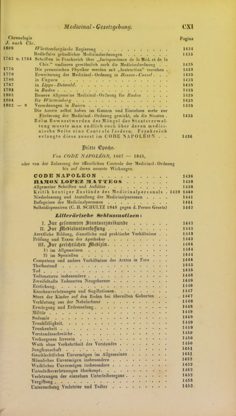 Chronologie J. nach Chr. 1809 1763 u.1764 1776 1778 1786 1787 1793 1803 1804 1803 — 9 TFurtlemherghche Regierung Bedürfnis gründlicher Medizinalordnungen Schriften in Frankreich über „Jurisprudence de la Med. et de la Chir.“ umfassen gewöhnlich auch die Medicinalordnung . Die preussischen Physiker werden mit „Instruction“ versehen . F.rweiterung der Medizinal-Ordnung in Hessen - Cassel. . . in Ungarn in Lippe - Helmold in Baden . Bessere Allgemeine Medizinal-Ordnung Für Baden . für Württemberg Verordnungen in Balern ... - Die Aerzte selbst haben im Ganzen und Einzelnen mehr zur Förderung der Medizinal - Ordnung gewirkt, als die Staaten . Beim Bew usstwerden der Mängel der Staatsverwal- tung musste man endlich auch über deren medici- nische Seite eine Controle fordern. Frankreich erlangte diese zuerst im CODE NAPOLEON . . Jlrittc Cpod)f. Von CODE NAPOLÜON, I S07 — 1845, oder von der Zulassung der öffentlichen Controle der Medicinal-Ordn bis auf deren neueste Wirkungen. CODE NAPOLEON RAMON LOPEZ HOL A TTEOS Allgemeine Schriften und Aufsätze Kritik heutiger Zustände des Medicinalpersonals . Niederlassung und Anstellung der Medicinalpersonen . . . . Befugnisse der Medicinalpersonen Selbstdispensiren (C. H. SCHULTZ 1845 gegen d. Preuss Gesetz) Litter/irische Schl nssnot ixen : I. 3tir jjcfammttn ^tnatearjnfihuntie II. 3ur Jllfbicinalocrfadutifl Aerztliche Bildung, dienstliche und praktische Verhältnisse . Prüfung und Taxen der Apotheker III. jJur öcridjtlidjcn .fttcbijm 1) im Allgemeinen 2) im Speziellen Competcnz und andere Verhältnisse des Arztes in Foro . . . Thatbestand Tod Todtenstarre insbesondere Zweifelhafte Todesarten Neugeborner Erstickung Knochenverletzungen und Sugillationen Sturz der Kinder auf den Boden bei übereilten Geburten . . Verblutung aus der Nabelschnur Erwürgung und Erdrosselung Militär Sodomie Trunkfälligkeit Trunkenheit Verstandesschwäche Verborgenes Irresein Wuth ohne Verkehrtheit des Verstandes Jungfrauschaft . . Geschlechtliches Unvermögen im Allgemeinen Männliches Unvermögen insbesondere Weibliches Unvermögen insbesondere Unterleibsverletzungen überhaupt Verletzungen der einzelnen Unterleibsorgane Vergiftung Untersuchung Verletzter und Todter r' Pagina 1434 1435 1435 1435 1435 1435 1435 1435 1435 1435 1435 1435 1436 nS 1436 1436 1438 1439 1440 1441 1441 1442 1443 1443 144 3 1443 1444 1444 1444 1444 1445 1445 1446 1446 1446 1447 1447 1448 1448 1449 1449 1449 144 9 1450 1450 1450 1451 1451 1452 1452 1452 1452 1453 1453