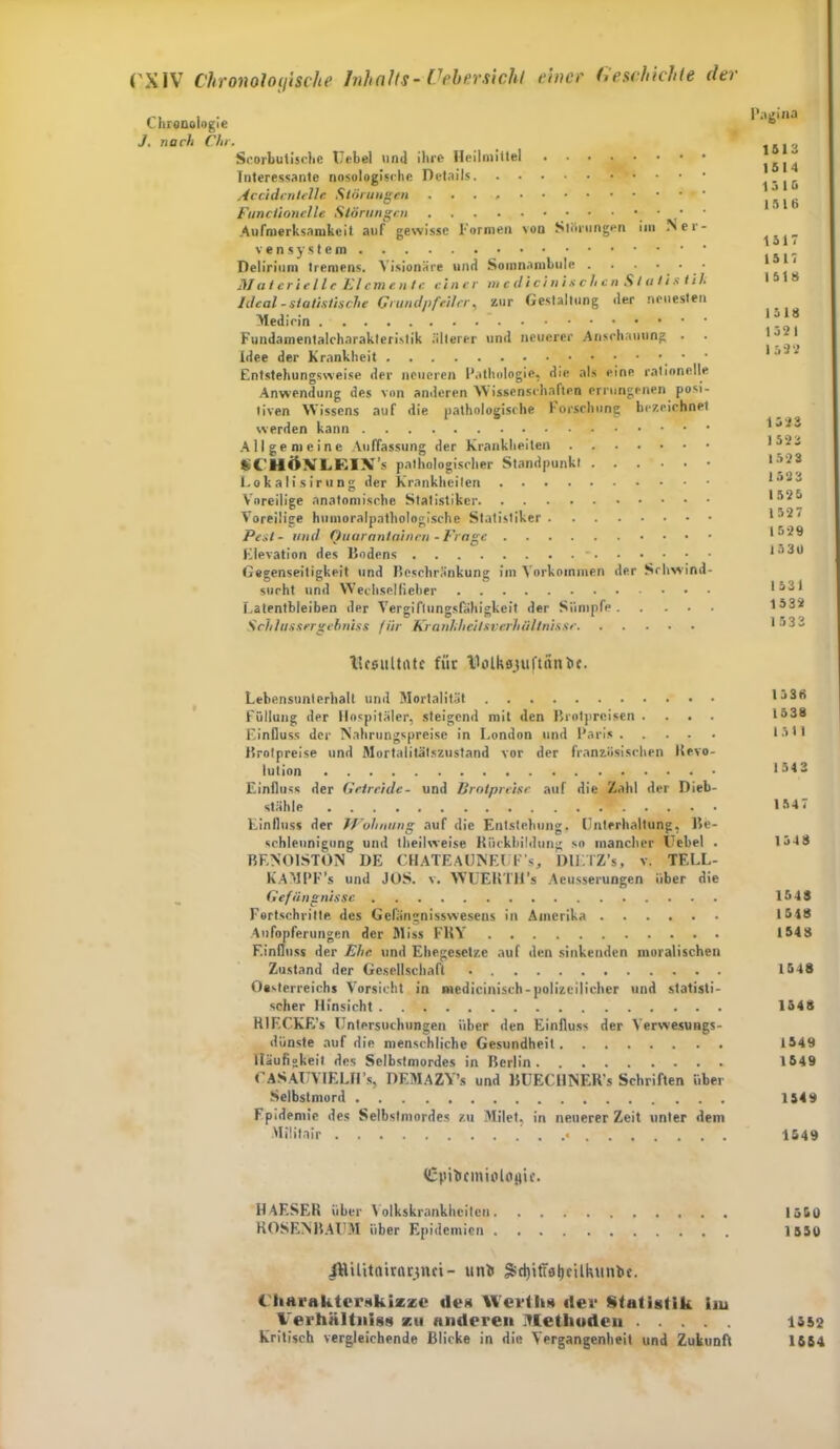 Chronologie J. nach Chr. Scorbutischc Uebel und ihre Heilmittel Interessante nosologische Details Accidcntelle Störungen ' Functionelle Störungen Aufmerksamkeit auf gewisse Formen son Störungen im Ner- vensystem Delirium tremens. Visionäre und Somnambule . . • • _ • IH at erteile El cm e nie einer medicinisch c n S tati s til• Ideal - statistische Grundpfeiler ^ zur Gestaltung der neuesten Medirin Fundamentalcharakteristik älterer und neuerer Anschauung . Idee der Krankheit Entstehungsweise der neueren Pathologie, die als eine rationelle Anwendung des von anderen Wissenschaften errungenen posi- tiven Wissens auf die pathologische Forschung bezeichnet werden kann Allgemeine Auffassung der Krankheiten SCMÖNILiEIX’s pathologischer Standpunkt Lokalisirung der Krankheiten Voreilige anatomische Statistiker Voreilige humoralpathologische Statistiker Pest- und Ouarantainen - Frage Elevation des Bodens • Gegenseitigkeit und Beschränkung im Vorkommen der Schwind- sucht und Wechsellieber Latentbleiben der Vergiftungslahigkeit der Sümpfe Schlussrrgehniss für Krnnhhcitsverhiiftnissr Pagina 1 & 1 3 1514 1315 1516 1517 1517 1515 1518 1321 1 522 1523 1522 1523 1323 1525 1527 1529 15 30 1 531 1532 1 53 3 V.csultrtte für Volkajuftiiniic. Lebensunterhalt und Mortalität 1336 Füllung der Hospitäler, steigend mit den Brotpreisen .... 1538 Einfluss der Nahrungspreise in London und Paris 1511 Brotpreise und Mortalitätszustand vor der französischen Revo- lution 134 2 Einfluss der Getreide- und Brotpreise auf die Zahl der Dieb- stähle ! . 1647 Einfluss der Wohnung auf die Entstehung. Unterhaltung, Be- schleunigung und theilweise Rückbildung so mancher Uebel . 1348 BENOISTON DE CHATEAUNEUFs, DIETZ’s, v. TF.LL- KAMPF’s und JOS. v. WUEBTH’s Aeusserungen über die Gefängnisse 1548 Fortschritte des Gefängnisswesens in Amerika 1518 Aufopferungen der Miss FRY 1548 Einfluss der Ehe und Ehegesetze auf den sinkenden moralischen Zustand der Gesellschaft 1548 Oesterreichs Vorsicht in medicinisch-polizeilicher und statisti- scher Hinsicht 1548 RIECKE’s Untersuchungen über den Einfluss der Verwesungs- dünste auf die menschliche Gesundheit 1549 Häufigkeit des Selbstmordes in Berlin 1649 CASAUY IELH’s, DEMAZY’s und BUECHNER’s Schriften über Selbstmord 1549 Epidemie des Selbstmordes zu Milet, in neuerer Zeit unter dem Militair « 1549 (Cpibcmioloflic. HAESER über Yolkskrankhciten 1550 ROSENBAUM über Epidemien 1550 iRUitamuinci- unb §>d)itt0ljcilkuiibe. Charnkterskizzc den Wert kt* der Statistik im Verhältnis* zu anderen Methoden 1452 Kritisch vergleichende Blicke in die Y'ergangenheit und Zukunft 1664