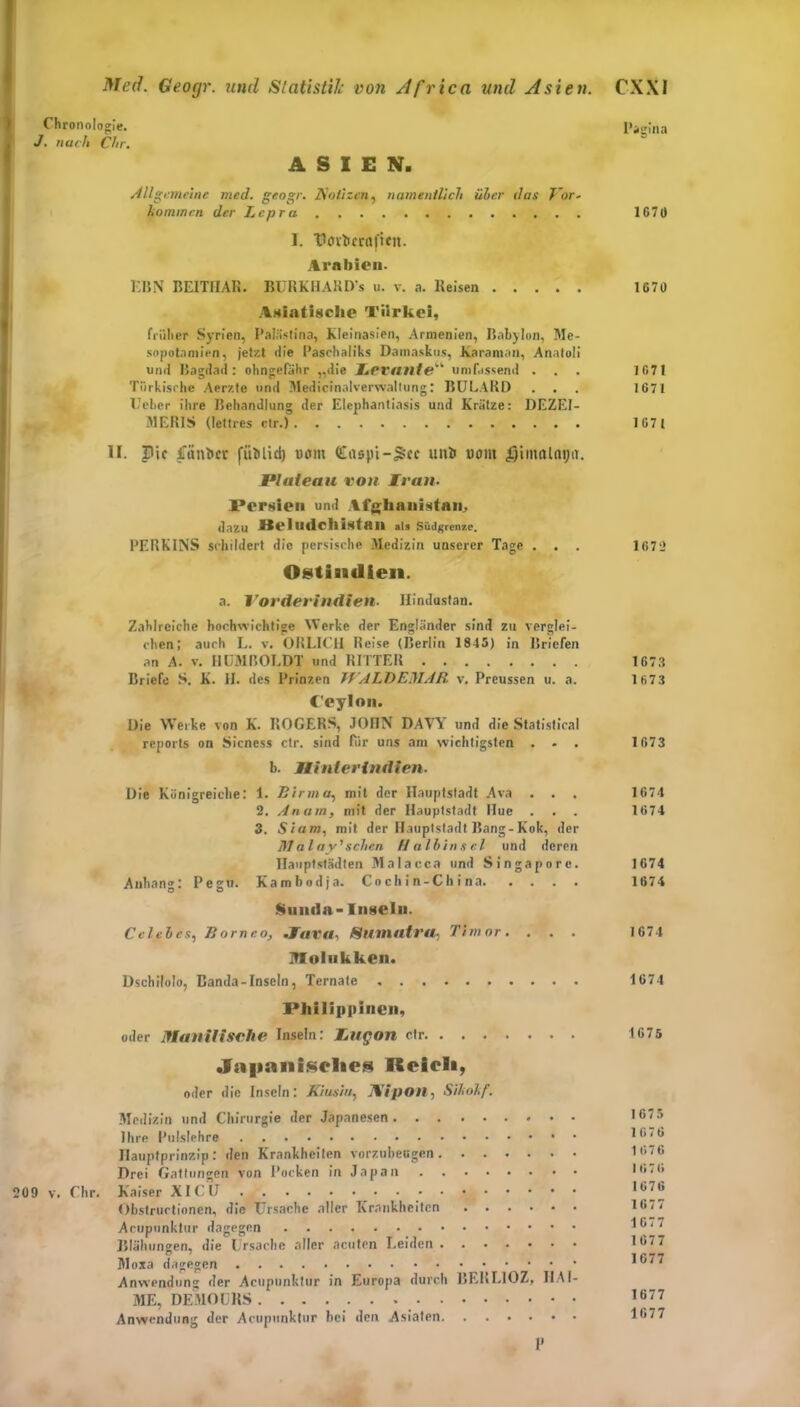 Chronologie. Pagina J. nach Chr. ASIEN. Allgemeine med. geogr. Notizen, namentlich ühcr das J'or- hommen der Lepra 1G 7 Ü I. Toihcrrtfifit. Arabien. EBN BEITHAK. BURKHARD’s u. v. a. Reisen 1670 Asiatische Türkei, früher Syrien, Palästina, Kleinasien, Armenien, Babylon, Me- sopotamien, jetzt ilie Paschaliks Damaskus, Jvaraman, Anatoli und Bagdad: ohngefähr „die levante' umfassend ... 1671 Türkische Aerzte und Medicinalverwaltung: BULAKD . . . 1671 Heber ihre Behandlung der Elephantiasis und Krätze: DEZEI- MEK1S (lettres clr.) 1671 II. Pic |Tänbcr füblid) vom (Etwpi-jSec uni« wollt pimulaya. Plateau von Iran. Porsten und Afghanistan, dazu Kelmlchistnn >i, Südgrenxe. PERK1NS schildert die persische Medizin unserer Tage . . . 1672 Ostindien. a. Vorderindien. Hindastan. Zahlreiche hochwichtige Werke der Engländer sind zu verglei- chen; auch L. v. ORLICH Reise (Berlin 1845) in Briefen an A. v. HUMBOLDT und RITTER 1673 Briefe S. K. H. des Prinzen WALDEMAR v. Preussen u. a. 1673 Ceylon. Die Werke von K. ROGERS, JOnN DAVY und die Statistical reports on Sicness ctr. sind für uns am wichtigsten . . . 1673 b. Hinterindien. Die Königreiche: 1. Birma, mit der Hauptstadt Ava . . . 1G74 2. An am, mit der Hauptstadt Hue . . . 1674 3. Siam, mit der Hauptstadt Bang-Kok, der Malay' sehen Halbinsel und deren Hauptstädten Malacca und Singapore. 1674 Anhang: Pegti. Kambodja. Cochin-China 1674 $uiida*In«eln. Celebes, Borneo, .Tara. Sumatra, Timor. . . . 1674 Molukken. Dschilolo, Banda-Inseln, Ternate 1674 Philippinen, oder Manilische Inseln: lugon clr 1675 Japanisches Reich, oder die Inseln: Kiusiu, IX’ipon, Sihohf. Medizin und Chirurgie der Japanesen 167;> Ihre 1676 Hauplprinzip : den Krankheiten vorzuheugen 1ti7e Drei Gattungen von Pocken in Japan 11( ‘ll 09 v. Chr. Kaiser XICU Iü™ Ohstructionen, die Ursache aller Krankheiten lfn/ Acupunktur dagegen 1 Blähungen, die Ursache aller acuten Leiden l*777 Moxa dagegen 1677 Anwendung der Acupunktur in Europa durch BERLIOZ, HAI- ME, DEMOURS 1677 Anwendung der Acupunktur bei den Asiaten 1G77 P