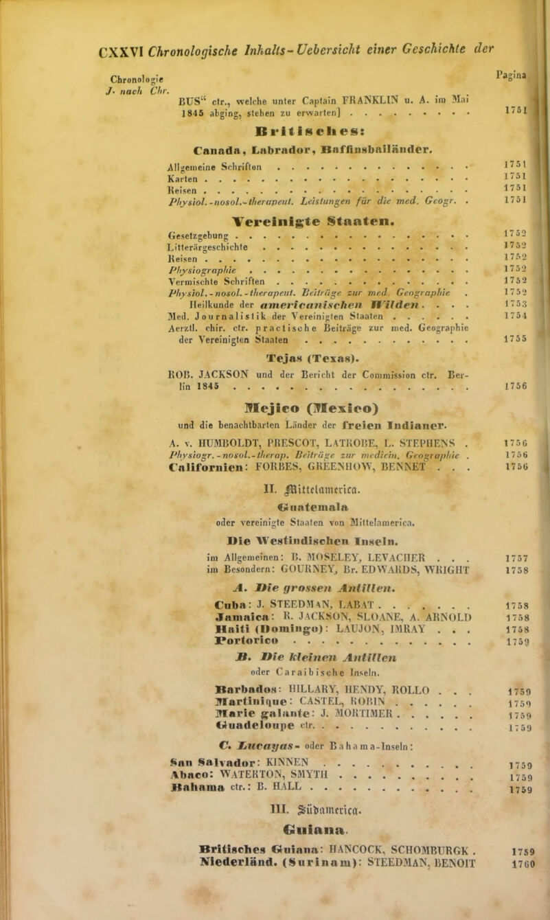 Chronologie I agiaa 1 J- nach Chr. BUS“ ctr., welche unter Captain FRANKLIN u. A. im Mai 1845 abging, stehen zu erwarten] 1751 ■ Britisches: Caimdn, Labrador, BafAnsbailänder. Allgemeine Schriften 1 / o t 1 Karten liolj Reisen 1751] Physiol. -nosol.-therapeut. Leistungen für die mcd. Gcogr. . 1751 Vereinigte Staaten. Gesetzgebung 17 52 I Litterärgeschichte 1 752 \ Reisen 1752 < Pliysiograpliie 1752 Vermischte Schriften 1752 Physiol.-nosol.-therapeut. Beitrüge zur mcd, Geographie . 17 52 . Heilkunde der americartischen n'ilden. . . . 1753 Nied. Journalistik der Vereinigten Staaten 1754 Aerztl. chir. ctr. practische Beiträge zur med. Geographie der Vereinigten Staaten 1755 Tejas (Texas). ROB. JACKSON und der Bericht der Commission ctr. Ber- lin 1845 1756 Mejico (Mexico) und die benachtbarten Länder der freien Indianer. A. v. HUMBOLDT, l'KESCOT, LATROBE, L. STEPHENS . 1756 Physiogr.-nosol.-therap. Beitrüge zur mcdicin. Geographie . 1756 Californien■ FORBES, GREENllOW, BENNET . . . 1756 II. JBittclammca. Cünnteinaln oder vereinigte Staaten von Mittelamerica. Die Westindischen Inseln. im Allgemeinen: B. MOSELEY, LEVACHER . . . 1757 ira Besondern: GOURNEY, Br. EDWARDS, WRIGHT 1758 A. jDie (/rossen Antillen. Cuba: J. STEEDMAN, LABAT 17 58 .lamaica: R. JACKSON, SLOANE, A. ARNOLD 1758 Haiti (Domingo): LAUJON, IMRAY . . . 1758 JPortorico 1752 fl. Die kleinen Antillen oder Caraibische Inseln. Barbados: HILLARY, I1ENDY, ROLLO ... 1752 Martinique •' CASTEL, KOBIN 1750 Marie galante: J. MORTIMER 1753 CAuadelonpe ctr ^59 C. JLucayas- oder Bahama-lnseln: San Salvador: KINNEN . 7759 Xbaco: WaTEKTON, SMYTH 1759 Bahama ctr.: B. HALL l759 III. Ssüframmca. Guinna. Britisches Ctuiana: HANCOCK, SCHOMBURGK . 1759 Niederländ. (Surinam): STEEDMAN, BENOIT 17 60