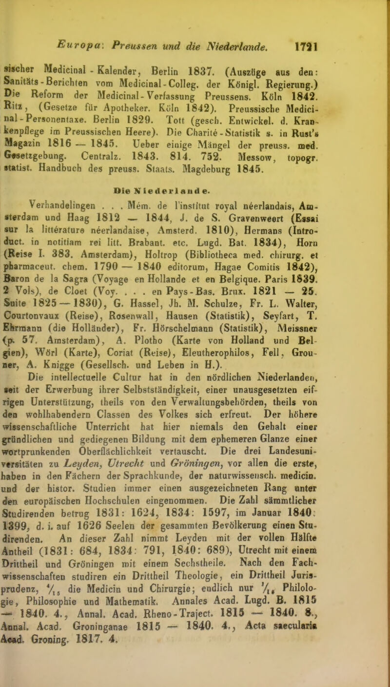 sischer Medicinal - Kalender, Berlin 1837. (Auszüge aus den: Sanitäts - Berichten vom Medicinal-Colleg. der Königl. Regierung.) Die Reform der Medicinal-Verfassung Preussens. Köln 1842. Ritz, (Gesetze für Apotheker. Köln 1842). Preussische Medici- nal - Personentaxe. Berlin 1829. Tott (gesch. Entwickel. d. Kran- kenpflege im Preussischen Heere). Die Charitö -Statistik s. in Rust’s Magazin 1816 — 1845. Ueber einige Mängel der preuss. med. Gesetzgebung. Centralz. 1843. 814. 752. Messow, topogr. Statist. Handbuch des preuss. Staats. Magdeburg 1845. Die Nietlei‘1 and e. Verhandelingen . . . Mem. de l'institut royal n^erlandais, Am- sterdam und Haag 1812 — 1844, J. de S. Gravenweert (Essai sur la litt^rature n^erlandaise, Amsterd. 1810), Hermans (Intro- duct. in notitiam rei litt. Brabant, etc. Lugd. Bat. 1834), Horn (Reise I. 383. Amsterdam), Holtrop (Bibliotheca med. chirurg. et pbarmaceut. ehern. 1790— 1840 editorum, Hagae Comitis 1842), Baron de la Sagra (Voyage en Hollande et en Belgique. Paris 1839. 2 Vols), de Cloet (Voy. . . . en Pays-Bas. Brux. 1821 — 25, Suite 1825 —1830), G. Hassel, Jh. M. Schulze, Fr. L. Walter, Courtonvaux (Reise), Rosenwall, Hausen (Statistik), Seyfart, T. Ehrraano (die Holländer), Fr. Hörschelmann (Statistik), Meissner (p. 57. Amsterdam), A. Plotho (Karte von Holland und Bel gien), Wörl (Karte), Coriat (Reise), Eleutherophilos, Fell, Grou- ner, A. Knigge (Gesellsch. und Leben in H.). Die intellectuelle Cultur hat in den nördlichen Niederlanden, »eit der Erwerbung ihrer Selbstständigkeit, einer unausgesetzten eif- rigen Unterstützung, theils von den Verwaltungsbehörden, theils von den wohlhabendem Classen des Volkes sich erfreut. Der höhere wissenschaftliche Unterricht hat hier niemals den Gehalt einer gründlichen und gediegenen Bildung mit dem ephemeren Glanze einer wortprunkenden Oberflächlichkeit vertauscht. Die drei Landesuni- versitäten zu Leyden, Utrecht und Groningen, vor allen die erste, haben in den Fächern der Sprachkunde, der naturwissensch. medicin. und der histor. Studien immer einen ausgezeichneten Rang unter den europäischen Hochschulen eingenommen. Die Zahl sämmtlicher Studirenden betrug 1831: 1624, 1834: 1597, im Januar 1840: 1399, d. i. auf 1626 Seelen der gesammten Bevölkerung einen Stu- direnden. An dieser Zahl nimmt Leyden mit der vollen Hälfte Antheil (1831: 684, 1834: 791, 1840: 689), Utrecht mit einem Drittheil und Gröningen mit einem Sechstheile. Nach den Fach- wissenschaften studiren ein Drittheil Theologie, ein Drittheil Juris- prudenz, 4/l5 die Medicin und Chirurgie; endlich nur Philolo- gie, Philosophie und Mathematik. Annales Acad. Lugd. B. 1815 — 1840. 4., Annal. Acad. Rheno-Traject. 1815 — 1840. 8-, Annal. Acad. Groninganae 1815 — 1840. 4,, Acta saecularia Acad- Groning, 1817, 4.