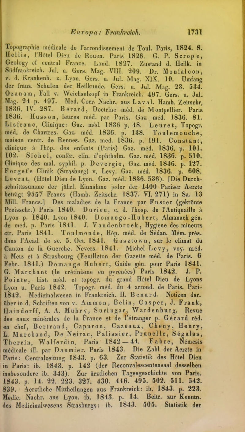 Topographie medicale de l’arrondissement de Toul. Paris, 1824. 8. Hellis, l’Hötel Dieu de Rouen. Paris 1826. G. P. Scrop e, Geology of central France. Lond. 1827. Zustand d. Heilk. in Südfraokreich. Jul. u. Gers. Mag. VIII. 209. Dr. Monfalcon, v. d. Krankenh. z. Lyon. Gers. u. Jul. Mag. XIX. 10. Umfang der franz. Schulen der Heilkunde. Gers. u. Jul. Mag. 23. 534. Ozanam, Fall v. Weichselzopf in Frankreich. 497. Gers. u. Jul. Mag. 24 p. 497. Med. Corr. Nachr. aus Laval. Hamb. Zeitschr, I 1836. IV. 287. Berard, Doctrine med. de Montpellier. Paris 1836. Husson, lettres med. par Paris. Gaz. med. 1836. 81. I Li s Iran c, Clinique: Gaz. med. 1836 p. 48. Leuret, Topogr. med. de Chartres. Gaz. med. 1836. p. 138. Toulemouche, maison centr. de Rennes. Gaz. med. 1836. p. 191. Constant, clinique ä Vhöp. des enfants (Paris) Gaz. med. 1836. p. 101. 102. Sichel, confer, clin. d’ophthalm. Gaz. med. 1836. p. 510. Clinique des mal. syphil. p. Devergie, Gaz. med. 1836. p. 127. Forget’s Clinik (Strasburg) v. Levy. Gaz. med. 1836. p. 608. Levrat, (Hotel Dieu de Lyon. Gaz. med. 1836. 536). [Die Durch- schnittssumme der jährl. Einnahme jeder der 1400 Pariser Aerzte beträgt 9557 Francs (Hamb. Zeitschr 1837. VI. 271) in Sa. 13 Mill. Francs.] Des maladies de la France par Fuster (gekrönte Preisschr.) Paris 1840. Durieu, c. d. l’hosp. de l’Antiquaille ä Lyon p. 1840. Lyon 1840. Domango-Hubert, Almanach gen. de med. p. Paris 1841. J. Vandenbroek, Hygiene des mineurs ctr. Paris 1841. Toulmonde, Höp. med. de Sedan. Mem. pres. dans l’Acad. de sc. 5. Oct. 1841. Gasztown, sur le climat du Canton de Ia Guerche. Nevers. 1841. Michel Levy, voy. med. ä Metz et a Strasbourg (Feuilleton der Gazette med. de Paris. 6 Febr. 1841.) Domange Hubert, Guide gen. pour Paris 1841. G. Marc ha nt (le cretinisme en pyrenees) Paris 1842. J. P. Pointe, hist. med. et topogr. du grand Hotel Dieu de Lyons Lyon u. Paris 1842. Topogr. med. du 4 arrond. de Paris. Pari- 1842. Medicinahvesen in Frankreich. H. Benard. Notizen dar. über in d. Schriften von v. Ammon, Belin, Casper, J. Frank, Haindorff, A. A. Mühry, Suringar, Wardenburg. Revue des eaux minerales de la France et de l’etranger p. Gerard red. en chef, Bertrand, Capuron, Cazeaux, Cheny, Henry, L. Marchand, De Neirac, Palissier, Prunelle, Segalas, Therrin, Walferdin. Paris 1842 — 44. Fahre, Nemesis medicale ill. par Daumier. Paris 1843. Die Zahl der Aerzte in Paris: Centralzeitung 1843. p. 63. Zur Statistik des Hotel Dieu in Paris: ib. 1843. p. 142 (der Reconvalescentensaal desselben insbesondere ib. 343). Zur ärztlichen Tagesgeschichte von Paris. 1843. p. 14. 22. 223. 327. 430. 446. 495. 502. 511. 542. 839. Aerztliche Mittheilungen aus Frankreich: ib. 1843. p. 223. Medic. Nachr. aus Lyon. ib. 1843. p. 14. Beitr. zur Kenntn. des Medicinalwesens Strasburgs: ib. 1843. 505. Statistik der