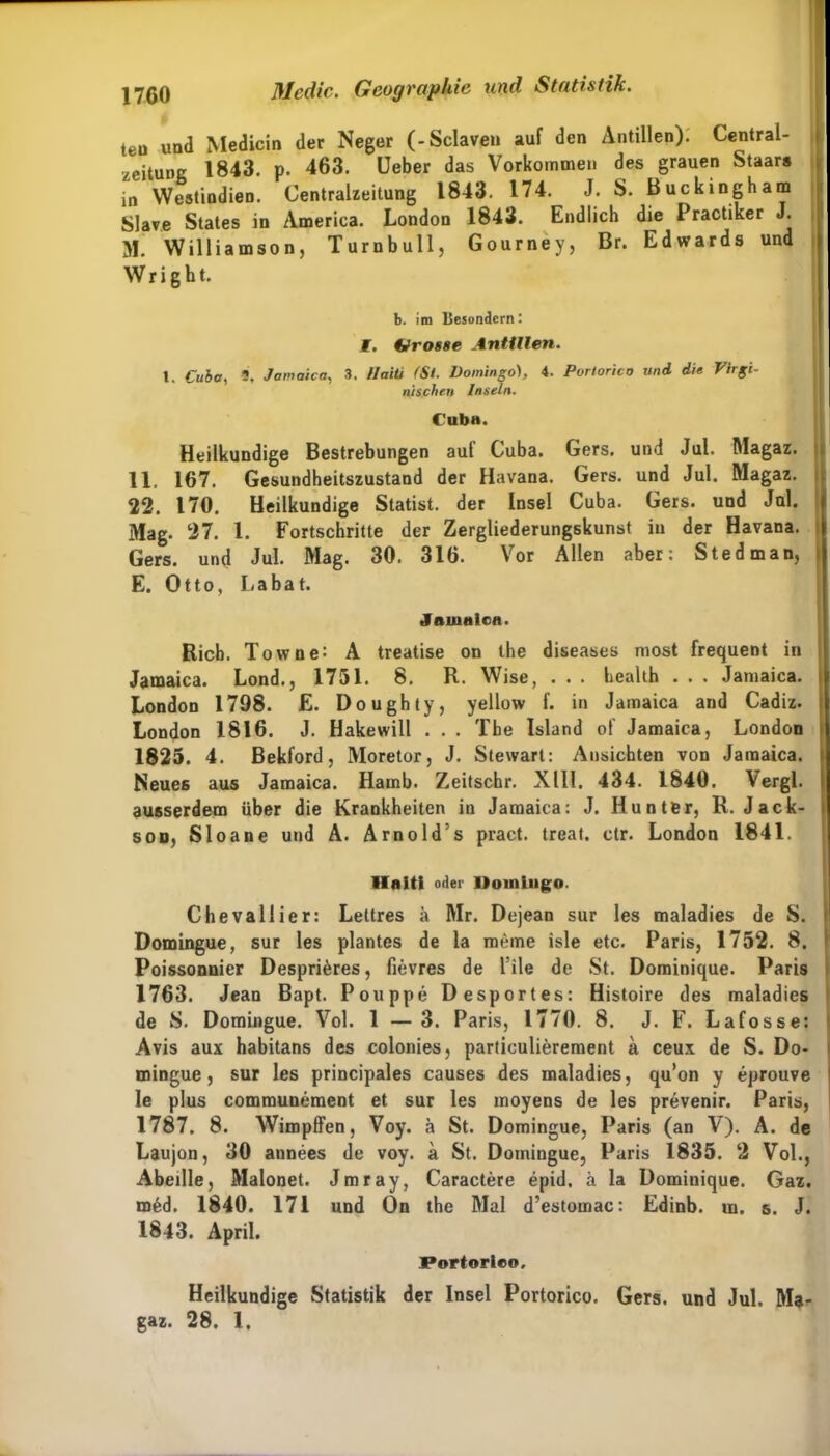 teu und Medicin der Neger (-Sclaven auf den Antillen): Central- zeitunc 1843. p. 463. lieber das Vorkommen des grauen Staars in Westindien. Centralzeitung 1843. 174. J. S. Buckingham Slave States in America. London 1843. Endlich die Practiker J. M. Williamson, Turnbull, Gourney, Br. Edwards und W r i g h t. b. im liesundcrn: I. grosse Antillen. t. Cuba, 3. Jamaica, 3. Haiti (St. Domingo), 4. Portorico uni die Virgi- nischen Inseln. Cubn. Heilkundige Bestrebungen auf Cuba. Gers, und Jul. Magaz. 11, 167. Gesundheitszustand der Havana. Gers, und Jul. Magaz. 22. 170. Heilkundige Statist, der Insel Cuba. Gers, und Jal. Mag. 27. 1. Fortschritte der Zergliederungskunst in der Havana. Gers, und Jul. Mag. 30. 316. Vor Allen aber: Stedman, E. Otto, L a b a t. Jauialcn. Rieb. Towne: A treatise on ihe diseases most frequent in Jamaica. Lond., 1751. 8. R. Wise, . . . health . . . Jamaica. London 1798. E. Doughty, yellow f. in Jamaica and Cadiz. London 1816. J. Hakewill . . . The Island ol Jamaica, London 1825. 4. Bekford, Moretor, J. Stewart: Ansichten von Jamaica. Neues aus Jamaica. Hamb. Zeitschr. XIII. 434. 1840. Vergl. ausserdem über die Krankheiten in Jamaica: J. Hunter, R. Jack- son, Sloane und A. Arnold:s pract. treat. ctr. London 1841. Haiti oder Domingo. Chevallier: Lettres h Mr. Dejean sur les maladies de S. Domingue, sur les plantes de la meine isle etc. Paris, 1752. 8. Poissonnier Despriöres, fievres de l’ile de St. Dominique. Paris 1763. Jean Bapt. Pouppe Desportes: Histoire des maladies de S. Domingue. Vol. 1 — 3. Paris, 1770. 8. J. F. Lafosse: Avis aux habitans des colonies, particulierement a ceux de S. Do- mingue, sur les principales causes des maladies, qu’on y eprouve le plus communemcnt et sur les moyens de les prevenir. Paris, 1787. 8. Wimpffen, Voy. ä St. Domingue, Paris (an V). A. de Laujon, 30 annees de voy. a St. Domingue, Paris 1835. 2 Vol., Abeille, Malonet. Jmray, Caractere epid. ä la Dominique. Gaz. m6d. 1840. 171 und ün the Mal d’estomac: Edinb. m. s. J. 1843. April. Hortorieo. Heilkundige Statistik der Insel Portorico. Gers, und Jul. Ma- gaz. 28. 1.