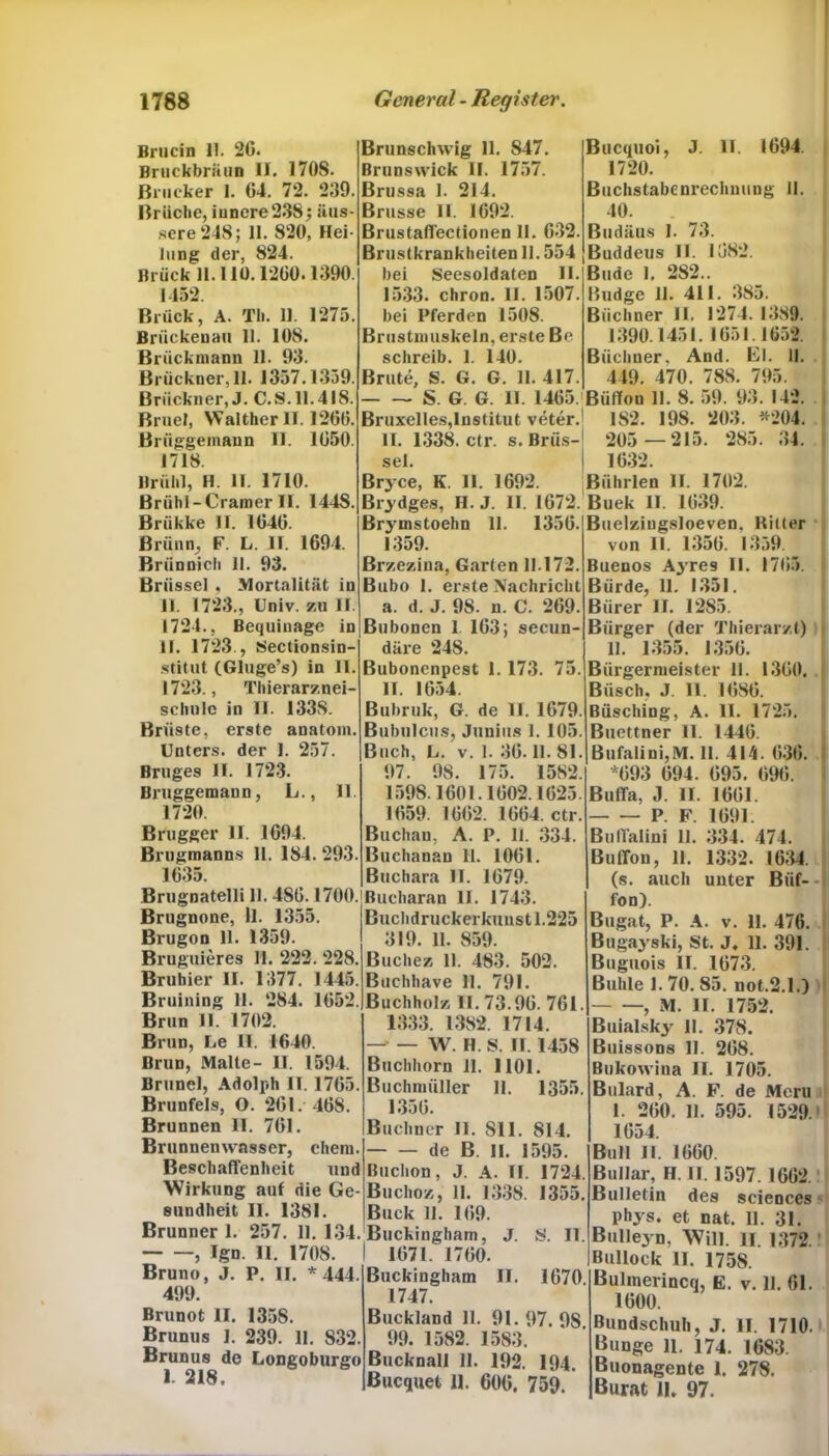 Hinein 11. 2G. Bruckbräun II. 1708. Brueker 1. 64. 72. 239. Brüche, innere 238äus- sere 248; 11. 820, Hei- lung der, 824. Brück 11.110.1260.1390. 1152. Brück, A. Th. 11. 1275. Brückenau 11. 108. ßrückmann 11. 93. Brückner, 11. 1357.1359. Brückner, J. C.S.11.418. Bruel, WaltherII. 1266. Brüggemann II. 1650. 1718 Brühl, H. II. 1710. Briihl-Cramer II. 144S. Briikke II. 1646. Brünn, F. L. II. 1694. Brünnicli 11. 93. Brüssel , Mortalität in 11. 1723., Univ. zu II. 1721., Bequiuage in II. 1723., Sectionsin- stitut (Gluge’s) in II. 1723., Thierarznei schule in 11. 133S. Brüste, erste anatom. Unters, der 1. 257. Bruges II. 1723. Bruggemann, L., II 1720. Brugger II. 1694. Brugmanns 11. 184. 293 1635. Brunschwig II. 847. Brunswick II. 1757. Brussa 1. 214. Bru sse 11. 1692. Brustaflectionen II. 632. Brustkrankheiten II. 554 bei Seesoldaten 11. 1533. chron. II. 1507. bei Pferden 1508. Brustmuskeln, erste Be schreib. 1. 140. Brüte, S. G. G. II. 417. S. G. G. II. 1465.1 Bruxelles,Institut veter. II. 1338. ctr. s. Brüs- sel. Bryce, K. II. 1692. Brydges, H. J. II. 1672. Brymstoehn 11. 1356. 1359. ßrzeziua, Garten 11.172. Bubo 1. erste Nachricht a. d. J. 98. n. C. 269. Bubonen 1 163; secun- däre 248. Bubonenpest 1. 173. 75. 11. 1654. Bubruk, G. de II. 1679. Bubulcus, Junius 1. 105. Buch, L. v. 1. 36.11. 81. 97. 98. 175. 1582. 1598.1601.1602.1625 1659. 1662. 1664. ctr. Buchau, A. P. II. 334. ßuehanan 11. 1061. Buchara II. 1679. Brugnatelli 11. 4S6.1700.|ßucharan li. 1743 Brugnone, ll. 1355 Brugon 11. 1359. Bruguieres II. 222. 228. Bruhier II. 1377. 1445. Bruining II. 284. 1652. Brun 11. 1702. Brun, Le II. 1640. Brun, Malte- II. 1594. Brunei, Adolph 11. 1765. Brunfels, O. 261. 468. Brunnen II. 761. Brunnenwasser, ehern. Beschaffenheit und Wirkung auf die Ge- sundheit II. 1381. Brunner 1. 257. 11. 134. , Ign. II. 1708. Bruno, J. P. II. *444. 499. Brunot II. 1358. Brunus 1. 239. II. 832. Brunus de Longoburgo 1. 218. Buchdruckerkunst 1.225 319. II. 859. Buchez 11. 483. 502. Buchhave 11. 791. ßuehholz 11.73.96. 761. 1333. 1382. 1714. — — W. H. S. II. 1458 Buchhorn 11. 1101. Buchmüller 11. 1355. 1356. Büchner II. 811. 814. de B. II. 1595. Buclion, J. A. II. 1724. Buchoz, 11. 1338. 1355. Buck II. 169. Buckingham, J. 8. II. 1671. 1760. Buckingham II. 1670 1747. Buckland 11. 91. 97. 98 99. 1582. 1583. Bucknall 11. 192. 194. Bucquet 11. 606. 759. Bucquoi, J. ll. 1694. 1720. Buchstabenrechnung II. 40. Budäus I. 73. Buddeus 11. 1682. Bude 1. 282.. Hudge II. 411. 385. Büchner II. 1274. 1389. 1390.1451.1651.1652. Büchner, And. El. II. 449. 470. 788. 795. BüfTon 11. 8. 59. 93. 142. 1S2. 198. 203. *204. 205 — 215. 285. 34. 1632. Bührlen II. 1702. Buek II. 1639. Buelziugsloeven. Ritter von 11. 1356. 1359. Buenos Ayres II. 1765. Bürde, 11. 1351. Bür er II. 12S5. Bürger (der Thierarzt) II. 1355. 1356. Bürgermeister 11. 1360. Büsch. J. 11. 1686. Büsching, A. 11. 1725. ßuettner 11. 1446. ßufa!ini,M. 11. 414. 636. *693 694. 695. 696. Buffa, J. II. 1661. PF. 1691. BulTalini 11. 334. 174. Buffon, 11. 1332. 1634. (s. auch unter Büf- fon). Bugat, P. A. v. 11. 476. Bugayski, St. J. 11. 391. Buguois II. 1673. Buhle 1. 70. 85. uot.2.1.) , M. II. 1752. Buialsky II. 378. Buissons 11. 268. Bukowina II. 1705. Billard, A. F. de Meru 1. 260. 11. 595. 1529.1 1654. Bull II. 1660. BulJar, H. II. 1597. 1662. Bulletin des Sciences phys. et nat. 11. 31. Bulleyn, Will. II. 1372 Bullock II. 175S. Bulmerincq, E. v. 11. 61. 1600. Bundschuh, J. II. 1710. Bunge 11. 174. 1683. Buonagente 1. 278. Burat II. 97.