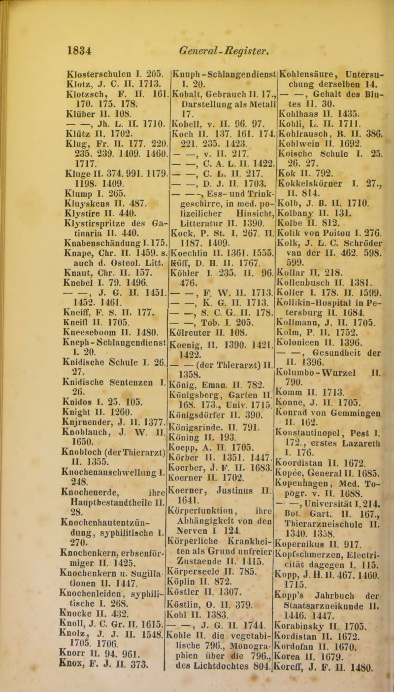 Klosterschulen I. 205. Klotz, J. C. II. 1713. Klotzsch, F. II. 161. 170. 175. 178. Klüber 11. 108. , Jh. L. II. 1710. Klütz 11. 1702. Klug, Fr. II. 177. 220. 235. 239. 1409. 14G0. 1717. Klugell. 374. 991. 1179. 1198. 1409. Klump I. 205. Kluyskens II. 487. Klystire II. 440. Klystirspritze des Ga- tiuaria II. 440. Knabenschändung 1.175. Knape, Chr. II. 1459. s. auch d. Osteol. Litt. Knaut, Chr. 11. 157. Knebel I. 79. 1490. , J. G. II. 1451. 1452. 1401. Kueiff, F. S. II. 177. Kueifl II. 1705. Kneeseboom II. 1480. Kneph-Schlangendienst 1. 20. Knidische Schule I. 20. 27. Knidische Sentenzen I. 20. Koidos I. 25. 105. Knight 11. 1200. Knjrnender, J. II. 1377. Knoblauch, J. W. 11. 1050. Knobloch (der Thierarzt) II. 1355. Knochenanschwellung 1 248. Knochenerde, ihre Hauptbestandtheile 11. 28. Knochenhau tentziiu- dung, syphilitische 1. 270. Knochenkern, erbsenför- miger II. 1425. Knochenkern u. Sugilla tionen 11. 1447. Knochenleiden, syphili- tische 1. 208. Knocke 11. 432. Knoll, J. C. Gr. II. 1015. Knolz, j. j. n. 1548. 1705. 1700. Knorr II. 94. 901. Knox, F. J. II. 373. Knuph - Schlangendienst I. 20. Kobalt, Gebrauch II. 17., Darstellung als Metall 17. Kobell, v. II. 90. 97. Koch II. 137. 101. 174. 221. 235. 1423. , v. 11. 217. , C. A. L. II. 1422. , C. L. II. 217. , D. J. 11. 1703. — , Ess- und Trink- geschirre, in med. po- lizeilicher Hinsicht, Litteratur II. 1390. Kock, P. St. I. 207. II. 1187. 1409. Koechlin II. 1301. 1555. Köff, D. H. II. 1707. Köhler I. 235. II. 90. 470. , F. W. II. 1713. , K. G. II. 1713. , S. C. G. II. 178. , Tob. I. 205. Külreuter II. 108. Koenig, II. 1390. 1421. 1422. — (der Thierarzt) II. 1358. König, Eman. II. 782. Königsberg, Garten II. 108. 173., Univ. 1715. Königsdörfer 11. 390. Königsrinde. II. 791. Köning II. 193. Koepp, A. II. 1705. Körber II. 1351. 1447 Koerber, J. F. II. 1083. Koerner II. 1702. Koerner, Justinus II. 1041. Körperfunktion, ihre Abhängigkeit von den Nerven I 124. Körperliche Krankhei teu als Grund unfreier Zustaende II. 1415. Körperseele II. 785. Köplin II. 872. Köstler II. 1307. Köstlin, O. II. 379. Kohl II. 1383. , J. G. II. 1744. Kohle II. die vegetabi- lische 790., Monogra- phien über die 790., des Lichtdochtes 804. Kohlensäure, Untersu- chung derselben 14. — —, Gehalt des Blu- tes 11. 30. Kohlhaas II. 1435. Kohli, L. II. 1711. Kohlrausch, R. 11. 380. Kohlwein II. 1092. Koische Schule I. 25. 20. 27. Kok II. 792. Kokkelskörner I. 27., II. 814. Kolb, J. B. II. 1710. Kolbany II. 131. Kolbe II. 812. Kolik von Poitou I. 270. Kolk, J. L. C. Schröder van der II. 402. 598. 599. Kollar II. 218. Kolleubusch II. 1381. Koller I. 178. 11. 1599. Kollikin-Hospital in Pe- tersburg II. 1084. Kollmann, J. II. 1705. Kolm, P. II. 1752. Kolonieen 11. 1390. — —, Gesundheit der II. 1390. Kolumbo-Wurzel II. 790. Komm II. 1713. Könne, J. II. 1705. Konrad von Gemmingen II. 102. Konstautinopel, Pest I. 172., erstes Lazareth 1. 170. Koordistan II. 1072. Kopee, General II. 10S5. Kopenhagen, Med. To- pogr. v. II. 1088. — —, Universität 1.214. Bot. Gart. II. 107., Thierarzneischule II. 1340. 1358. Kopernikus II. 917. Kopfschmerzen, Electri- cität dagegen 1. 115. Kopp, J. 11. II. 407. 1400. 1715. Kopp’s Jahrbuch der Staatsarzueikunde II. 1440. 1447. Korabinsky II. 1705. Kordistan II. 1072. Kordofan 11. 1070. Korea II. 1079. Korelf, J. F. 11. 1480.