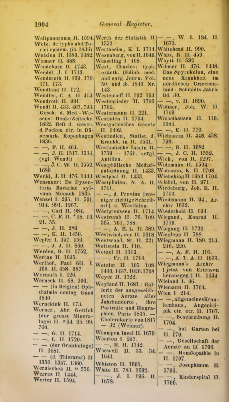 Weltpanorania 11. 1594. Welz: de typho abd.Tu- rici epidem. (ib. 1830). Welzien II. 1380. 1382. Weinaer II. 488. Wendeborn II. 1743. Wendel, J. I. 1713. Wenderotli II. 109. 170. 171. 173. Wendland II. 172. Wendler, C. A. II. 414. Wendroth II. 991. Wendt 11. 433. 407. 793. Gesell, d. Med.-We- sens: HenkeZeitschr. 1832. Heft 4. Gesch. d. Pocken ctr. in Dä- nemark. Kopenhagen 1830. , F. II. 404. , J. II. 1517. 1534. (vgl. Wendt) , J. C. W. II. 1552. 1089. Wenki, J. II. 470. 1443. Wensauer: De Dysen- teria Bavariae syl- vana. Monach. 1835. Wenzel 1. 295. II. 591. 914. 991. 1207. , Carl II. 984. , C. F. II. *18. 19. 21. 55. , J. II. 289. , K. II. 1450. Wepfer T. 157. 159. , J. J. II. 800. Werden, B. II. 1752. Werhan II. 1095. Werlhof, Paul Gli. 1. 100. II. 458. 587. Wermuth I. I2G. Werneck II. 08. 106. — — (in Belgien) Oph- thalmie contag. Gand 1840. Wernekink II. 173. Werner, Abr. Gottlob (der grosse Minera- loge) II. *94. 95. 99. 700. , G. II. 1714. , L. II. 1720. — — (der Ornithologe) II. 1081. (d. Thierarzt) II. 1356. 1357. 1360. Wernischek II. * 556. Werres II. 1444. Werfer II. 1594. Werth der Statistik II. 1552. Werthheim, K. I. 1714. Wesenberg, von II. 1040. Wesseling I 108. West, Charles: typh. exanth. (Edinb. med. and surg. Journ. Vol. 50. und ib. 1840. Nr. 143. Westenhoff II. 192. 194. Westenrieder 11. 1706. 1709. Westermann II. 221. Westfalen II. 1704. Westgothisches Gesetz II. 1402. Westiudien, Statist, d Krankh. in II. 1531. Westindische Inseln II. 1759 — 1761. vergl. Antillen. Westphälische Medizi- nalordnung II. 1433. Westphal 11. 1433. Westphalen, N. A. 11. 1711. — —, d. Provinz [we- niger richtige Schreib- art], s. Westfalen. Westpreussen II. 1714. Westrumb II. 76. 109- 365. 701. 788. , A. H. L. II. 389. Westwind, der II. 1018. Westwood, St. II. 221. WeUstein II. 110. Wetzel II. 1313. , Fr. II. 1714. Wetzler II. 105. 10S 1436.1437.1620.1708. Weyer II. 1722. Weyland II. 1681.: Gal- lerie der ausgezeich- neten Aerzte aller Jahrhunderte, ihre Portraite und Biogra- phien. Paris 1835. — Cholerakarte von 1817 — 32 (Weimar). Whampoa Insel II. 1679. Whartun I. 257. , H. II. 1742. Whewell II. 33. 34. 1641. Whiston II. 1601. White II. 783. 1692. , J. I. 196. II. 1678. , W. I. 184. II. 1673. Whitehead II. 990. Whitt, R. II. 459. Whytt II. 582. Wibmer II. 476. 1438. Das JSpyrokolon, eine neue Krankheit im nördlichen Griechen- land : Schmidts Jahrb. Bd. 30. , v. II. 1690. Widmer, Job. W. II. 17li9. Wichelhausen II. 119. 1084. E. 11 779 Wichmaun II. 448. 458. 798. , B. II. 1682. , J. C. II. 1552. Wiek, von II. 1297. Wideuianu 11. 1594. Widmann, K. II. 170S. Wiebekingll. 1684.1704. \\ iebel, von II. 971. Wiedeburg, Joh. E. II. 1713. Wiedemanu II. 94., Ar- chiv 1632. Wiederhold II. 194. Wiegand, Konrad II. 1710. Wiegaug II. 1720. Wieglepp II. 788. Wiegmann II. 189. 213. 216. 220. , A. F. II. 193. , A. T. A. 11 1633. Wiegmann’s Archiv [jetzt von Erichson herausgeg.] 11. 1034 Wieland 1. 46. Wiemann II. 1704. Wien 1 214. , allgemeinesKran- kenhaus, Augenkli- nik ctr. ctr. II. 1707. , Beschreibung 11. 1704. , bot. Garten bei II. 170. — —, Gesellschaft der Aerzte zu II. 1706. — —, Homöopathie in II. 1707. , Josephinum II. 1706. , Kinderspital II. 1706.