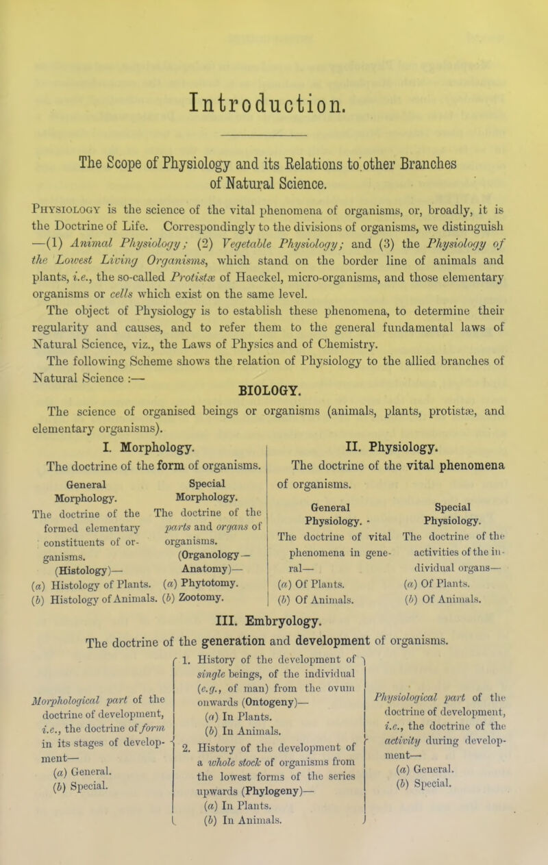 Introduction. The Scope of Physiology and its Relations to.other Branches of Natural Science. Physiology is the science of the vital phenomena of organisms, or, broadly, it is the Doctrine of Life. Correspondingly to the divisions of organisms, we distinguish —(1) Animal Physiology; (2) Vegetable Physiology; and (3) the Physiology of the Loioest Living Organisms, which stand on the border line of animals and plants, i.e., the so-called Protistvs of Haeckel, micro-organisms, and those elementary organisms or cells which exist on the same level. The object of Physiology is to establish these phenomena, to determine their regularity and causes, and to refer them to the general fundamental laws of Natural Science, viz., the Laws of Physics and of Chemistry. The following Scheme shows the relation of Physiology to the allied branches of Natural Science :— BIOLOGY. The science of organised beings or organisms (animals, plants, protista?, and elementary organisms). L Morphology. The doctrine of the form of organisms. General Morphology. The doctrine of the formed elementary ■ constituents of or- Special Morphology. The doctrine of the 2xtrts and organs of (Histology)— (a) Histology of Plants. (Organology— Anatomy)— {a) Phytotomy. (6) Histology of Animals. (6) Zootomy. III. Embryology. The doctrine of the generation and development of organisms, II. Physiology. The doctrine of the vital phenomena of organisms. General Physiology. • The doctrine of vital phenomena in gene- ral— («) Of Plants. (b) Of Animals. Special Physiology. The doctrine of the activities of the in- dividual organs— (a) Of Plants. {h) Of Animals. Moi-phological part of the doctrine of development, i.e., the doctrine of form in its stages of develop- ment— (a) General. (b) Special. f 1. History of the development of | single heings, of the indivi(hial (e.g., of man) from the ovum onwards (Ontogeny)— (a) In Plants. (6) In Animals. 2. History of the development of a lohole stock of organisms from the lowest forms of the series upwards (Phylogeny)— (a) In Plants. (b) In Animals. Physiological part of the doctrine of development, i.e., the doctrine of the activity during develop- ment— {a) General. (5) Special.