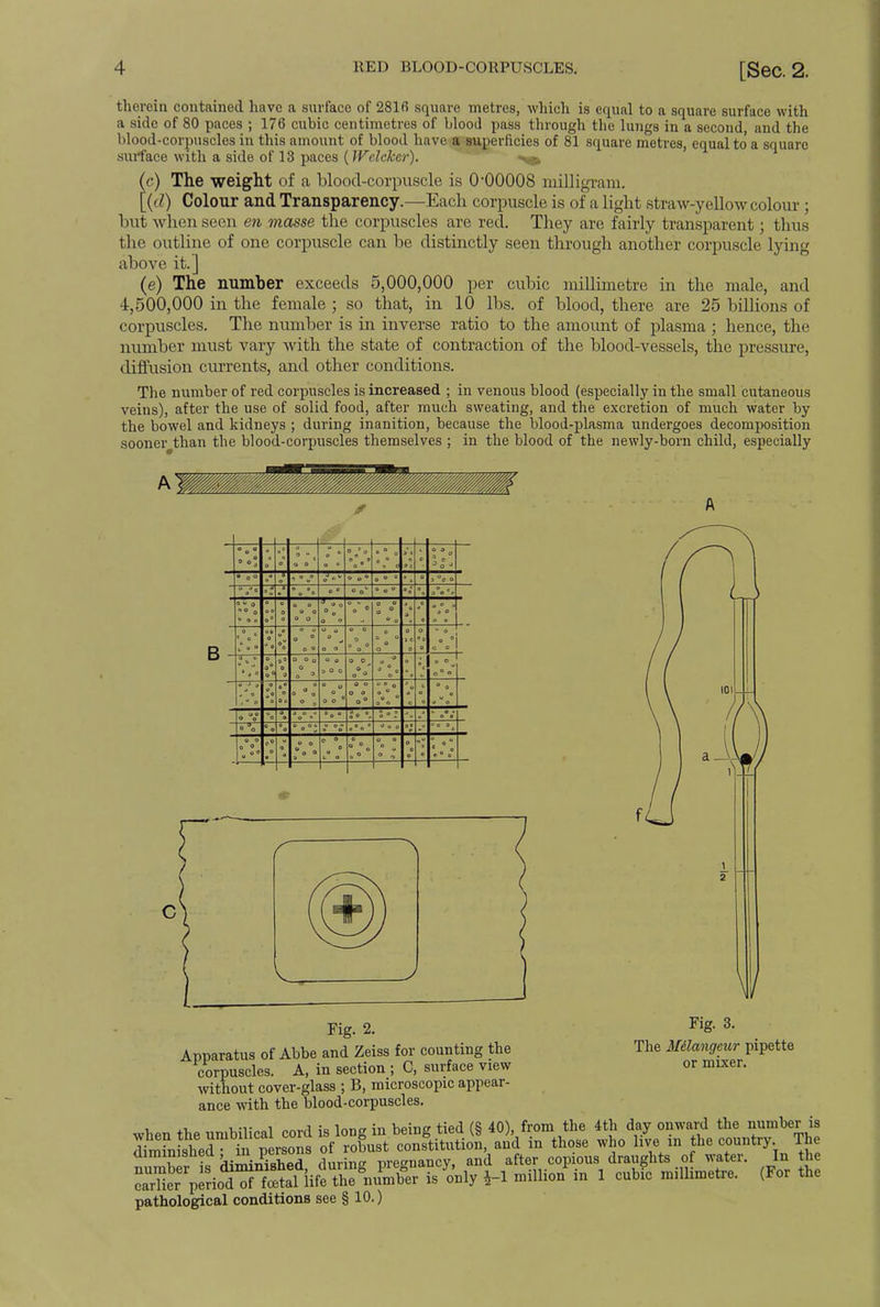 therein contained have a surface of 281fi square metres, which is equal to a square surface with a side of 80 paces ; 176 cubic centimetres of blood pass through the lungs in a second and the blood-corpuscles in this amount of blood have a superficies of 81 square metres, equal to' a square surface with a side of 13 paces (Wclckcr). «^ (c) The weight of a blood-corpuscle is 0-00008 milligram. [(d) Colour and Transparency.—Each corpuscle is of a light .straw-yellow colour; but when seen en masse the corpuscles are red. They are fairly transparent; thus the outline of one corpuscle can be distinctly seen through another corpuscle lying above it.] (e) The number exceeds 5,000,000 per cubic millimetre in the male, ami 4,500,000 in the female ; so that, in 10 lbs. of blood, there are 25 billions of corpuscles. The number is in inverse ratio to the amount of plasma ; hence, tbe number must vary with the state of contraction of the blood-vessels, the pressure, diffusion currents, and other conditions. The number of red corpuscles is increased ; in venous blood (especially in the small cutaneous veins), after the use of solid food, after much sweating, and the excretion of much water by the bowel and kidneys ; during inanition, because the blood-plasma undergoes decomposition sooner than the blood-corpuscles themselves ; in the blood of the newly-born child, especially B «„<■ » o 0 O ' o 8 o ° o ° c O V Q a° 0 « 9 e 0 O O o 0 o o V • D 0 o a J ,° c o ° o o o a o J D O D » 0° 0 3 O O o a O 0 » O 0 a o o O O / ° c o t » ° o ° o O o O 0 o° u » 0 o V o °o a o p ° O D ° ° o 0 o o D c r Fig. 3. The Mdangcur pipette or mixer. Fig. 2. Apparatus of Abbe and Zeiss for counting the corpuscles. A, in section ; C, surface view without cover-glass ; B, microscopic appear- ance with the blood-corpuscles, i. xi- i.-r i „™i ig Inntr in beine tied (§ 40), from the 4th day onward the number is dSnShed t1 P-sons of ist tnSitution, and in those who iL in the country The diminished , m. P^sons oi ro d after ious draughts of water. In the £S£plriodTw iifS is only \-\ miUio/in 1 cubic millimetre. (For the pathological conditions see § 10.)