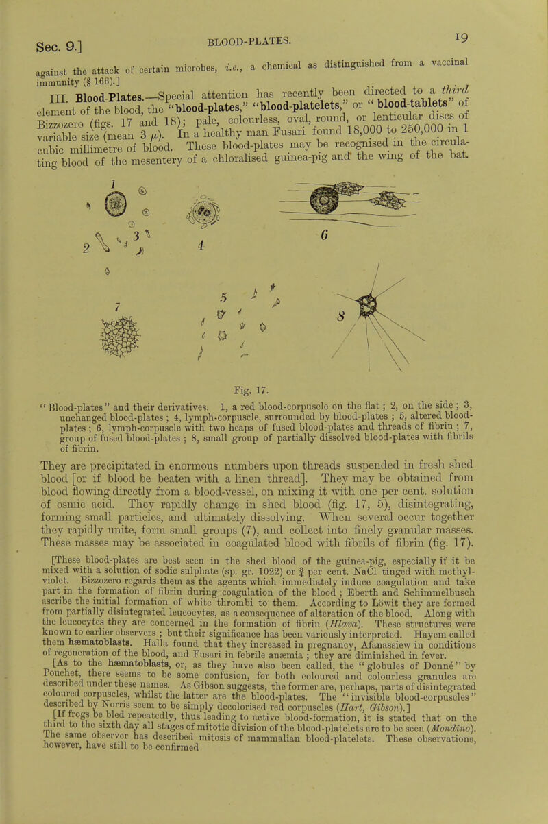 BLOOD-PLATES. against the attack of certain microbes, i.e., a chemical as distinguished from a vaccinal immunity (§ 166).] , , III Blood-Plates.—Special attention has recently been directed to» a third ele^itTtheUood, the blood-plates, blood-platelets, or ' blood-tablets of tZL (fig, 17 and 18); pale colourless^ variable size (mean 3 a). In a healthy man Fusan found 18,000 to 250,UUU in 1 IX IZZl of blood. These blood-plates may be recognised m the^circula- ting blood of the mesentery of a chloralised guinea-pig and the wmg of the bat. 5 J> / Fig. 17.  Blood-plates and their derivatives. 1, a red blood-corpuscle on the flat; 2, on the side ; 3, unchanged blood-plates ; 4, lymph-corpuscle, surrounded by blood-plates ; 5, altered blood- plates ; 6, lymph-corpuscle with two heaps of fused blood-plates and threads of fibrin ; 7, group of fused blood-plates ; 8, small group of partially dissolved blood-plates with fibrils of fibrin. They are precipitated in enormous numbers upon threads suspended in fresh shed blood [or if blood be beaten with a linen thread]. They may be obtained from blood flowing directly from a blood-vessel, on mixing it Avith one per cent, solution of osmic acid. They rapidly change in shed blood (fig. 17, 5), disintegrating, forming small particles, and idtimately dissolving. When several occur together they rapidly unite, form small groups (7), and collect into finely granular masses. These masses may be associated in coagulated blood with fibrils of fibrin (fig. 17). [These blood-plates are best seen in the shed blood of the guinea-pig, especially if it be mixed with a solution of sodic sulphate (sp. gr. 1022) or f per cent. NaCl tinged with methyl- violet. Bizzozero regards them as the agents which immediately induce coagulation and take part in the formation of fibrin during coagulation of the blood ; Eberth and Schimmelbusch ascribe the initial formation of white thrombi to them. According to Lowit they are formed from partially disintegrated leucocytes, as a consequence of alteration of the blood. Along with the leucocytes they are concerned in the formation of fibrin (Hlava). These structures were known to earlier observers ; but their significance has been variously interpreted. Hayem called them naematoblasts. Halla found that they increased in pregnancy, Afanassiew in conditions of regeneration of the blood, and Fusari in febrile anaemia ; they are diminished in fever. [As to the hfflmatoblasts, or, as they have also been called, the globules of Donne by Pouchet, there seems to be some confusion, for both coloured and colourless granules are described under these names. As Gibson suggests, the former are, perhaps, parts of disintegrated coloured corpuscles, whilst the latter are the blood-plates. The invisible blood-corpuscles described by Norris seem to be simply decolorised red corpuscles {Hart, Gibson).] !■ 1 trofP he bled repeatedly, thus leading to active blood-formation, it is stated that on the third to the sixth day all stages of mitotic division of the blood-platelets are to be seen {Mondino). Ihe same observer has described mitosis of mammalian blood-platelets. These observations, however, have still to be confirmed