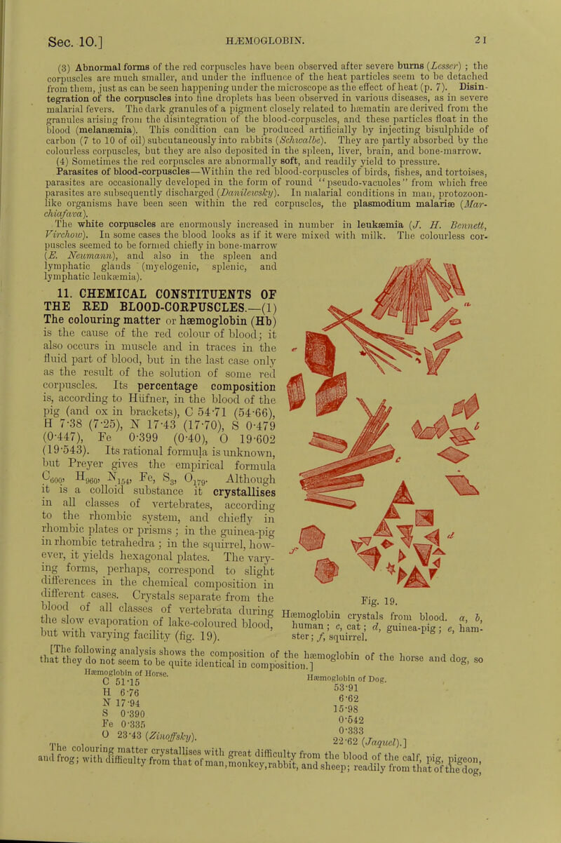 (3) Abnormal forms of the red corpuscles have been observed after severe burns {Lesser) ; the corpuscles are much smaller, and under the influence of the heat particles seem to be detached from them, just as can be seen happening under the microscope as the effect of heat (p. 7). Disin- tegration of the corpuscles into line droplets has been observed in various diseases, as in severe malarial fevers. The dark granules of a pigment closely related to hrematin are derived from the granules arising from the disintegration of the blood-corpuscles, and these particles float in the blood (nielameniia). This condition can be produced artificially by injecting bisulphide of carbon (7 to 10 of oil) subcutaneously into rabbits {Schwalbe). They are partly absorbed by the colourless corpuscles, but they are also deposited in the spleen, liver, brain, and bone-marrow. (4) Sometimes the red corpuscles are abnormally soft, and readily yield to pressure. Parasites of blood-corpuscles—Within the red blood-corpuscles of birds, fishes, and tortoises, parasites are occasionally developed in the form of round  pseudo-vacuoles  from which free parasites are subsequently discharged {Danilcivsky). In malarial conditions in man, protozoon- like organisms have been seen within the red corpuscles, the Plasmodium malariae {Mar- chiafava). The white corpuscles are enormously increased in number in leukaemia {J. H. Bennett, Virehow). In some cases the blood looks as if it were mixed with milk. The colourless cor- puscles seemed to be formed chiefly in bone-marrow {E. Neumann), and also in the spleen and lymphatic glands (myelogenic, splenic, and lymphatic leukaemia). 11. CHEMICAL CONSTITUENTS OF THE RED BLOOD-CORPUSCLES.—(1) The colouring matter or haemoglobin (Hb) is the cause of the red colour of blood; it also occurs in muscle and in traces in the fluid part of blood, but in the last case only as the result of the solution of some red corpuscles. Its percentage composition is, according to Hiifner, in the blood of the pig (and ox in brackets), C 5471 (54-66), H 7-38 (7-25), N 17-43 (17-70), S 0-479 (0-447), Fe 0-399 (0-40), O 19-602 (19-543). Its rational formula is unknown, but Preyer gives the empirical formula n ^1)00' Although H960> ^154* Fe> Sg, Oirg it is a colloid substance it crystallises in all classes of vertebrates, according to the rhombic system, and chiefly in rhombic plates or prisms ; in the guinea-pig in rhombic tetrahedra ; in the squirrel, how- ever, it yields hexagonal plates. The vary- ing forms, perhaps, correspond to slight differences in the chemical composition in different cases. Crystals separate from the blood of all classes of vertebrata during the slow evaporation of lake-coloured bloodt but with varying facility (fig. 19). Fig. 19. Haemoglobin crystals from human ; c, cat; d ster; /, squirrel. blood, guinea-pig; e, a, b, ham- AtX^^^^^?*™*' S» l'?™*^ «f the „„, and dog, so entical in composition.] Hremoploljin of Doc 53-91 6-62 15-98 0-642 0-333 22-62 {Jaquel).] I he colouring matter crystallises with monkey)rabbit)ands^ Ma-moglobin of Horse. C 51-15 H 6-76 N 17-94 S 0-390 Fe 0-335 O 23-43 {Zinoffshj). and frog; with difficult calf, pig2 pigeon,