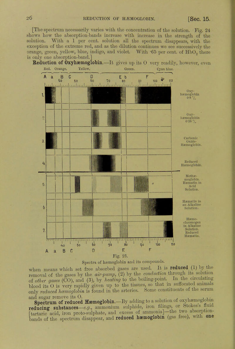 [The spectrum necessarily varies with the concentration of the solution. Fig. 24 shows how the absorption-bands increase with increase in the strength of the solution. With a 1 per cent, solution all the spectrum disappears, with the exception of the extreme red, and as the dilution continues we see successively the .•range, green, yellow, blue, indigo, and violet. With -65 per cent, of Hb02 there is only one absorption-band.] Reduction of Oxyhemoglobin.—It gives up its 0 very readily, however, even Red. Orange. Yellow. Green. Cyan blue. Oxy- hemoglobin 0-8 •/. Oxy- hemoglobin 0-18 •/. Carbonic Oxidc- Ilajmoglohin. Reduced Haunoglobin. Methsc- moglobin. Hrematin in Acid Solution. Htematin in an Alkaline .Solution. H£emo- chromogen in Alkaline Solution. Reduced Hiematin. i 111 11 11 i 1111111111II1111 > 111 4o 5o bo A a B C D 70 80 E Fig. 23. Spectra of htemoglobin and its compounds. When means which set free absorbed gases are used. It is reduced (1) by the removal of the gases by the air-pump, (2) by the conduction through its solution of other gases (CO), and (3), by heating to the boiling-point. In the circulating blood its O is very rapidly given up to the tissues, so that m suffocated animals only reduced haemoglobin is found in the arteries. Some constituents of the serum and sugar remove its O. . , , . Spectrum of reduced Hemoglobin.—By adding to a solution of oxyhemoglobin reducing substances—e.g., ammonium sulphide, iron filings, or btokess fluid [tartaric acid, iron proto-sulphate, and excess of ammonia]-the two absorption- bands of the spectrum disappear, and reduced hemoglobin (gas free), with one