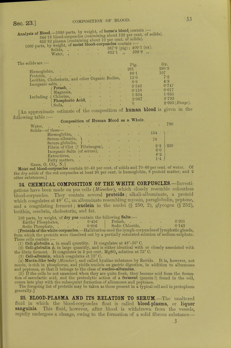 , • ,tii^ mnn nm-ri bv weight, of horse's blood contain :— Analysis of & ^ffining about 128 per cent of solids). 655-8' plasma (containing about 10 per cent, ot solids;. 1000 parts, by weight, of moist blood-corpns^coiitain :-^ ^ OOUUh, • coo.l KQQ-Q Water, 6321 ,, 599-9 Pig. Ox. 261 . 280-5 86-1 107 12-0 7-5 8-9 4-8 5-543 0-747 0-158 0-017 1-504 1-635 2-067 0703 0 2*093 {Bungc). The solids are :— Hemoglobin, Proteids, . • • • • 1 . r,- ' Lecithin, Cholesterin, and other Organic Bodies, Inorganic salts, • (■Potash, . • | Magnesia, Including -1 Chlorine, . | Phosphoric Acid, . LSoda, . . [Aii approximate estimate of the composition of human blood is given in the following table :— Composition of Human Blood as a Whole. Water, 780 Solids—of these— Haemoglobin, 16i Serum-albumin, \ ... 70 Serum-globulin, J Fibrin of Clot (? Fibrinogen), .... 2-2^220 Inorganic Salts (of serum), . . • • 6'0 Extractives, 6'2 Fatty matters, 1 4 J Gases, O. CO„, K] c ™ Moist red blood-corpuscles contain 30-40 per cent, of solids and 70-60 per cent, ot water. Ot the dry solids of the red corpuscles at least 90 per cent, is hcemoglobin, 8 proteid matter, and 2 other substances.] 24. CHEMICAL COMPOSITION OF THE WHITE CORPUSCLES.—Investi- gations have been made on pus cells (Miescher), which closely resemble colourless blood-corpuscles. They contain several proteids; alkali-albuminate, a proteid which coagulates at 48° C, an albuminate resembling myosin, paraglobulin, peptone, and a coagulating ferment; nuclein in the nuclei (§ 250, 2), glycogen (§ 252), lecithin, cerebrm, cholesterin, and fat. 100 parts, by weight, of dry pus contain the following Salts : Earthy Phosphates, . . 0-416 Sodic 'Phosphate, . . . 0-606 [Proteids of thewhite corpuscles.—Halliburton used the lymph-corpuscles of lymphatic glands, from which the proteids were dissolved out by a partially saturated solution of sodium sulphate. These cells contain :— (1) Cell-globulin a, in small quantity. It coagulates at 48°-50° C. (2) Cell-globulin 0, in large quantity, and is either identical with or closely associated with the iibrin ferment. It coagulates in 5 per cent. MgS04 solution at 75° C. (3) Cell-albumin, which coagulates at 73° C. (4) Mucin-like body {Miescher), and called hyaline substance by Rovida. It is, however, not mucin, is rich in phosphorus, and yields nuclein on gastric digestion, in addition to albumoses and peptones, so that it belongs to the class of nucleo-albumins. (5) If the cells be not examined when they are quite fresh, they become acid from the forma- tion of sarcolactic acid, and the proteolytic action of a ferment (pepsin ?) found in the cell, conies into play with the subsequent formation of albumoses and peptones. The foregoing list of proteids may be taken as those present in a typical cell and in protoplasm generally.] 25. BLOOD-PLASMA AND ITS RELATION TO SERUM.—The unaltered fluid in which the blood-corpuscles float is called blood-plasma, or liquor sanguinis. This fluid, however, after blood is withdrawn from the vessels, rapidly undergoes a change, owing to the formation of a solid fibrous substance— 3 Potash, .... 0-201 Sodic Chloride, . . 0143