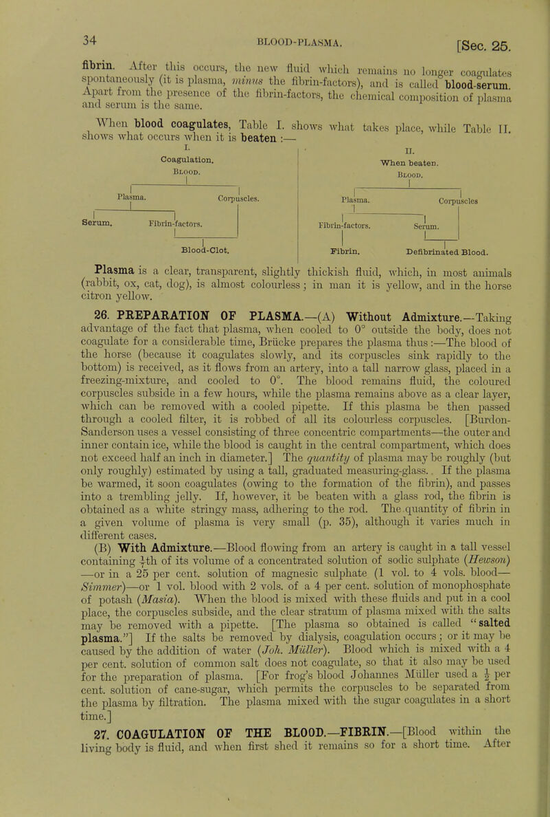 fibrin. After this occurs, the new fluid which remains no longer coagulates spontaneously (it is plasma, mrntu the fibrin-factors), and is called blood-serum Apart from the presence of the fibrin-factors, the chemical composition of plasma and serum is the same. 1 When blood coagulates, Table I shows what takes place, while Table II shows what occurs when it is beaten :— Coagulation. Blood. Plasma. Corpuscles Serum. Fibrin-factors. Blood-Clot. n. When beaten. Blood. Plasma. Corpuscles Fibrin-factors. Fibrin. Serum. Defibrinated Blood. Plasma is a clear, transparent, slightly thickish fluid, which, in most animals (rabbit, ox, cat, dog), is almost colourless; in man it is yellow, and in the horse citron yellow. 26. PREPARATION OF PLASMA.—(A) Without Admixture.—Taking advantage of the fact that plasma, when cooled to 0° outside the body, does not coagulate for a considerable time, Briicke prepares the plasma thus :—The blood of the horse (because it coagulates slowly, and its corpuscles sink rapidly to the bottom) is received, as it flows from an artery, into a tall narrow glass, placed in a freezing-mixture, and cooled to 0°. The blood remains fluid, the coloured corpuscles subside in a few hours, while the plasma remains above as a clear layer, which can be removed with a cooled pipette. If this plasma be then passed through a cooled filter, it is robbed of all its colourless corpuscles. [Burdon- Sanderson uses a vessel consisting of three concentric compartments—the outer and inner contain ice, while the blood is caught in the central compartment, which does not exceed half an inch in diameter.] The quantity of plasma maybe roughly (but only roughly) estimated by using a tall, graduated measuring-glass.. If the plasma be warmed, it soon coagulates (owing to the formation of the fibrin), and passes into a trembling jelly. If, however, it be beaten with a glass rod, the fibrin is obtained as a white stringy mass, adhering to the rod. The.quantity of fibrin in a given volume of plasma is very small (p. 35), although it varies much in different cases. (B) With Admixture.—Blood flowing from an artery is caught in a tall vessel containing ifh of its volume of a concentrated solution of sodic sulphate (Hewson) —or in a 25 per cent, solution of magnesic sulphate (1 vol. to 4 vols, blood— Simmer)—or 1 vol. blood with 2 vols, of a 4 per cent, solution of monophosphate of potash (Masia). When the blood is mixed with these fluids and put in a cool place, the corpuscles subside, and the clear stratum of plasma mixed with the salts may be removed with a pipette. [The plasma so obtained is called salted plasma.] If the salts be removed by dialysis, coagulation occurs; or it may be caused by the addition of water (Jok. Mutter). Blood which is mixed with a ! per cent, solution of common salt does not coagulate, so that it also may be used for the preparation of plasma. [For frog's blood Johannes Midler used a £ per cent, solution of cane-sugar, which permits the corpuscles to be separated from the plasma by filtration. The plasma mixed with the sugar coagulates in a short time.] 27. COAGULATION OF THE BLOOD.—FIBRIN.—[Blood within the living body is fluid, and when first shed it remains so for a short time. After