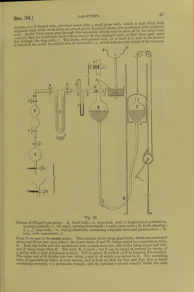 GAS-PUMPS. consists of a U-shaped tube Kg*^jjj J£ SSSJ^i^^S^ R££f—ft which mWtes the extent of the vacuum. Fig. 29. Scheme of Pfliiger's gas-pump. A, blood-bulb ; a, stop-cock, with a longitudinal perforation, opening upwards; a', the same, opening downwards ; ftandc, stop-cocks ; B, froth-chamber; d, e, f, stop-cocks ; 6, drying-chambers, containing sulphuric acid and pumice-stone ; D, tube, with manometer, y. From D we pass to the pump proper. This consists of two large glass bulbs, which are continued above and below into open tubes ; the lower tubes, Z and W, being united by a caoutchouc tube, G. Both the bulbs and the caoutchouc tube contain mercury—the bulbs being about half full, and F being larger than E. The bulb, E, is fixed ; but F can be raised or lowered by means of a pulley with a rack and pinion motion. If F be raised, E is filled ; if F be lowered, E is emptied. The upper ond of E divides into two tubes, g and h, of which g is united to D._ The ascending tube, h (gas-delivery tube), is very narrow, and is bent so that its free end dips into a vessel containing mercury, v (a pneumatic trough), and the opening is placed exactly under the tube