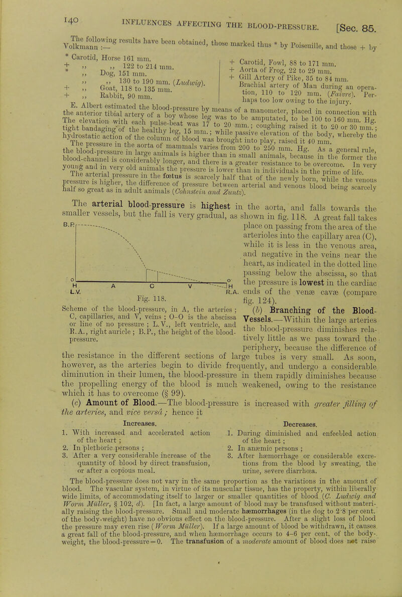 + 122 to 214 mm. ,, Dog, 151 mm. ,> ,, 130 to 190 mm. (Ludwiii) + Goat, 118 to 135 mm. + ,, Rabbit, 90 mm. HO INFLUENCES AFFECTING THE BLOOD-PRESSURE. [Sec. 85. Y<^SLDg reSUUS lmV° bCe °btailied> *- to * by Poiseuille, and those + by * Carotid, Horse 161 mm. + ^ g8 ^ ^ ^ + Aorta of Frog, 22 to 29 mm. + (Jill Artery of Pike, 35 to 84 mm. Brachial artery of Man during an opera- tion, 110 to 120 mm. {Faivrc). Per- haps too low owing to the injury.' thf antSS Jfitf th%bl001d-P1'erre b* ™»» of a manometer, tne anteiioi tibial artery oi a boy whos 1 lie ■ tig hydi 'The wpqqnrp in fno7™.r7 'T Ui«8111' mL0 P*ay, raised it 4U mm. tl„! the aorta of mammals varies from 200 to 250 mm. Hg As a eeneral «,1p woodItSTn1,1 -rgei rrla is hi^her th» in smai1 m tiieb? ,t e 2 „a inel 18 considerably longer, and there is a greater resistance to be overcome In very y Tl! tr l 1VeiT °ld a,11Irls,the ^'eaSUre is l0WCT ^an in individuals in the prime of life preSre S SnerXdiuf6  half that of *e newly bom, ST the venous pu ssun ishigliei, the difference of pressure between arterial and venous blood behi scared v half so great as in adult animals (Cohnstein and Zuntz). S scaice1^ The arterial blood-pressure is highest in the aorta, and falls towards the smaller vessels, but the fall is very gradual, as shown in fig. 118. A great fall takes B.Rr ... place on passmg frcmi the area of the arterioles into the capillary area (C), while it is less in the venous area, and negative in the veins near the heart, as indicated in the dotted line passing below the abscissa, so that H q y ----.Ih tne Pressure is lowest in the cardiac l.v. r.a. ends of the venae cavse (compare Fig. 118. fig. 124). Scheme of the blood-pressure, in A, the arteries : (b) Branching of the Blood- C, capillaries, and V, veins ; 0-0 is the abscissa Vessels.—Within the large arteries R.A., right auricle ; B.P., the height of the blood- tl}e Wood-pressure diminishes rela- pressure. tively little as we pass toward the periphery, because the difference of the resistance in the different sections of large tubes is very small. As soon, however, as the arteries begin to divide frequently, and undergo a considerable diminution in their lumen, the blood-pressure in them rapidly diminishes because the_ propelling energy of the blood is much weakened, owing to the resistance which it has to overcome (§ 99). (e) Amount of Blood.—The blood-pressure is increased with greater filling of the arteries, and vice versa ; hence it Increases. Decreases. 1. With increased and accelerated action 1. During diminished and enfeebled action of the heart ; of the heart; 2. In plethoric persons ; 2. In anaemic persons ; 3. After a very considerable increase of the 3. After hfemorrhage or considerable excre- quantity of blood by direct transfusion, tions from the blood by sweating, the or after a copious meal. urine, severe diarrhoea. The blood-pressure does not vary in the same proportion as the variations in the amount of blood. The vascular system, in virtue of its muscular tissue, has the propert)', within liberally wide limits, of accommodating itself to larger or smaller quantities of blood (C Liidwig and Worm Midler, § 102, d). [In fact, a large amount of blood may be transfused without materi- ally raising the blood-pressure. Small and moderate haemorrhages (in the dog to 2'8 per cent, of the body-weight) have no obvious effect on the blood-pressure. Alter a slight loss of blood the pressure may even rise ( Worm Miiller). If a large amount of blood be withdrawn, it causes a great fall of the blood-pressure, and when haemorrhage occurs to 4-6 per cent, of the body- weight, the blood-pressure = 0. The transfusion of a moderate amount of blood does not raise o