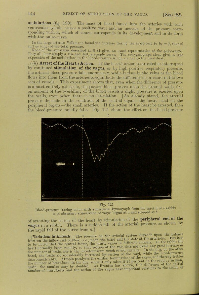 undulations (fig. 120). The mass of blood forced into the arteries with each ventricular systole causes a positive wave and an increase of the pressure corre- sponding with it, which of course corresponds in its development and in its loin, with the pulse-curve. In the largo arteries Volkinaim found the increase during the heart-beat to be >=,',, (horse) and ,t (dog) of the total pressure. ^ None of the apparatus described in § 84 gives an exact representation of the pulse-curve. They all show simply a, rise and fall, a, simple curve. The sphygmograph alone gives a true expression of the undulations in the blood-pressure which arc due to the heart-beat. j -(A) Arrest of the Heart's Action.—If the heart's action be arrested or interrupted by continued stimulation of the vagus, or by high positive respiratory pressure, the arterial Ll<i<id-pressure falls enormously, Avhile it rises in the veins as the blood flows into them from the arteries to equilibrate the difference of pressure in the two sets of vessels. This experiment sIioavs that, even when the difference of pressure is almost entirely set aside, the passive blood presses upon the arterial walls, i.e., on account.of the overfilling of the blood-vessels a slight pressure is exerted upon the walls, even when there is no circulation. [As already stated, the arterial pressure depends on the condition of the central organ—the heart—and on the peripheral organs—the small arteries. If the action of the heart be arrested, then the blood-pressure rapidly falls. Fig. 121 shows the effect on the blood-pressure a I Fig. 121. Blood-pressure ti'acing taken with a mercurial kymograph from the carotid of a rabbit. o-x, abscissa ; stimulation of vagus begun at a and stopped at b. of arresting the action of the heart by stimulation of the peripheral end of the vagus in a rabbit. There is a sudden fall of the arterial pressure, as shown by the rapid fall of the curve from a.] [Variations in Animals.-The pressure in the arterial system depends upon the balance between the inflow and outflow, i.e., upon the heart and the state of the|^tenoles Bntita to be noted that the central factor, the heart, varies m different.animals l^WJJeg heart normally beats rapidly, so that section of the vagi does not cause i the number of beats, noi- is the blood-pressure much raised thereby ^^W^™^ hand, the beats are considerably increased by section of the vagi, while theW^Jggi™ rises considerably. Atropin paralyses the cardiac terminations of the vagus and thereby tiebta ti e number of heart-beats in the dog, while it only raises it 25 P^f^^^^SS again, the number may be doubled. As Brunton has ^^*S™ number of heart-beats and the action of the vagus have important lelatious to the action
