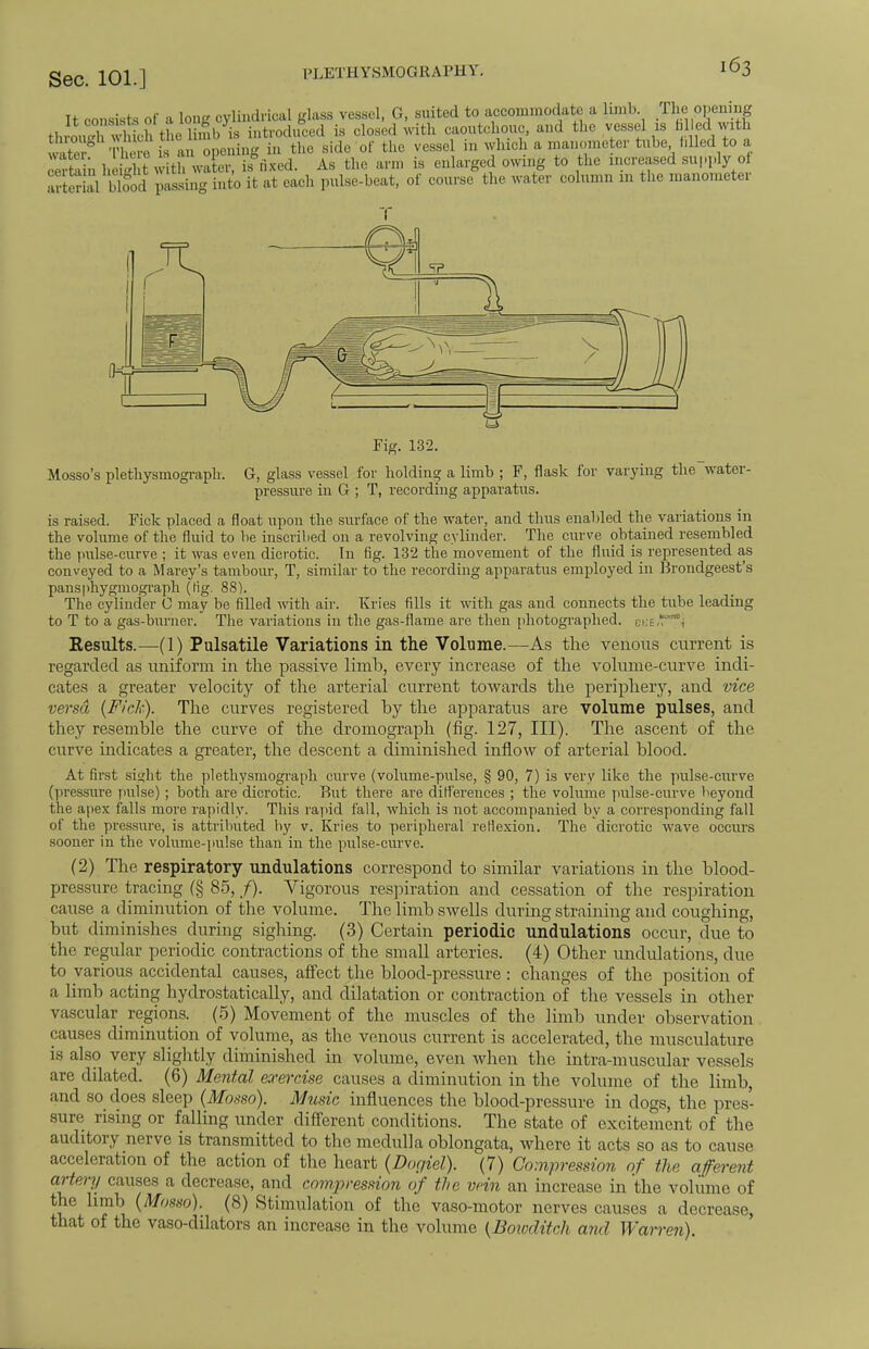 It consists of a long cylindrical glass vessel, G, suited to accommodate a limb. The opening thx^nMohaeSbyis introduced is closed with caoutchouc, and the vessel is fa ed with ' T ' is an opening in the side of the vessel in which a manometer tube Idled to a certa n heS ? with water, istixed. As the am. is enlarged owing to the increased supply oi arterial blood posing into it at each pulse-beat, of course the water column 111 the manometer Fig. 132. Mosso's plethysmograph. G, glass vessel for holding a limb ; F, flask for varying the water- pressure in G ; T, recording apparatus. is raised. Fick placed a float upon the surface of the water, and thus enabled the variations in the volume of the fluid to be inscribed on a revolving cylinder. The curve obtained resembled the pulse-curve ; it was even dicrotic. In fig. 132 the movement of the fluid is represented as conveyed to a Marey's tambour, T, similar to the recording apparatus employed in Brondgeest's pansphygmograph (fig. 88). The cylinder 0 may be filled with air. Kries fills it with gas and connects the tube leading to T to a gas-burner. The variations in the gas-flame are then photographed, eke Results.—(1) Pulsatile Variations in the Volume.—As the venous current is regarded as uniform in the passive limb, every increase of the volume-curve indi- cates a greater velocity of the arterial current towards the periphery, and vice versa (FirJ,-). The curves registered by the apparatus are volume pulses, and they resemble the curve of the dromograph (fig. 127, III). The ascent of the curve indicates a greater, the descent a diminished inflow of arterial blood. At first siidit the plethysmograph curve (volume-pulse, § 90, 7) is very like the pulse-curve (pressure pulse) ; both are dicrotic. But there are differences ; the volume pulse-curve beyond the apex falls more rapidly. This rapid fall, which is not accompanied by a corresponding fall oi' the pressure, is attributed by v. Kries to peripheral reflexion. The dicrotic wave occurs sooner in the volume-pulse than in the pulse-curve. (2) The respiratory undulations correspond to similar variations in the blood- pressure tracing (§ 85, /). Vigorous respiration and cessation of the respiration cause a diminution of the volume. The limb swells during straining and coughing, but diminishes during sighing. (3) Certain periodic undulations occur, due to the regular periodic contractions of the small arteries. (4) Other undulations, due to various accidental causes, affect the blood-pressure: changes of the position of a limb acting hydrostatically, and dilatation or contraction of the vessels in other vascular regions. (5) Movement of the muscles of the limb under observation causes diminution of volume, as the venous current is accelerated, the musculature is also very slightly diminished in volume, even when the intra-muscular vessels are dilated. (6) Mental exercise causes a diminution in the volume of the limb, and so does sleep (Mosso). Music influences the blood-pressure in clogs, the pres- sure rising or falling under different conditions. The state of excitement of the auditory nerve is transmitted to the medulla oblongata, where it acts so as to cause acceleration of the action of the heart (Dogiel). (7) Compression of the afferent artery causes a decrease, and compression of the vein an increase in the volume of the limb (Mosso). (8) Stimulation of the vaso-motor nerves causes a decrease, that of the vaso-dilators an increase in the volume (Boioditch and Warren).