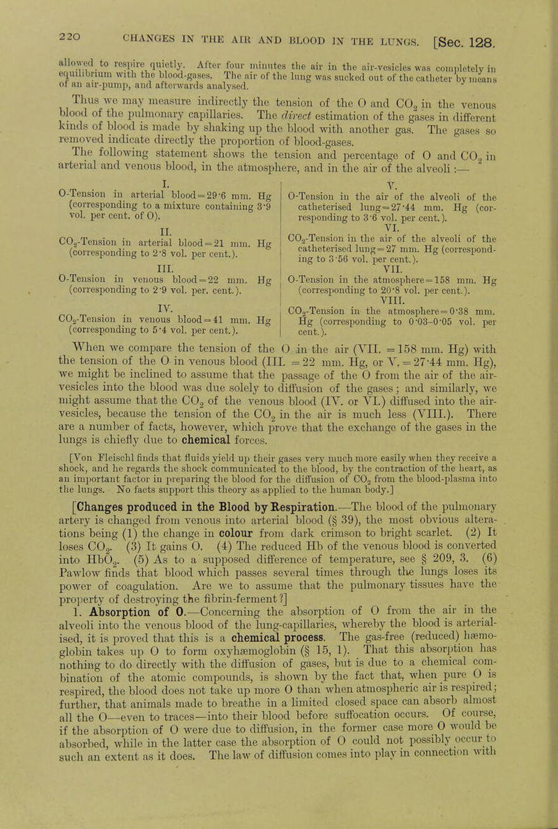 2 20 allowed to respire quietly. After lour minutes the air in the air-vesicles was completely in equilibrium with the blood-gases. The air of the lung was sucked out of tin, catheter try means ol an air-pump, and afterwards analysed. Tims we may measure indirectly the tension of the 0 and C02 in the venous blood of the pulmonary capillaries. The direct estimation of the gases in differ. .,! kinds of blood is made by shaking up the blood with another gas. The gases so removed indicate directly the proportion of blood-gases. The following statement shows the tension and percentage of 0 and C02 in arterial and venous blood, in the atmosphere, and in the air of the alveoli :— I. O-Tension in arterial blood = 29-6 mm. Hg (corresponding to a mixture containing 3'9 vol. per cent, of 0). II. CO.,-Tension in arterial blood = 21 mm. Hg (corresponding to 28 vol. per cent.). III. O-Tension in venous blood = 22 mm. Hg (corresponding to 2'9 vol. per. cent.). IV. CO.rTension in venous blood=41 mm. Hg (corresponding to 5*4 vol. per cent.). V. O-Tension in the air of the alveoli of the catheterised lung = 27,44 mm. Hg (cor- responding to 3-6 vol. per cent.). VI. 00.2-Tension in the air of the alveoli of the catheterised lung = 27 mm. Hg (correspond- ing to 3 56 vol. per cent.). VII. O-Tension in the atmosphere = 158 mm. Hg (corresponding to 2(r8 vol. per cent.). VIII. C02-Tension in the atmosphere = 0*38 mm. Hg (corresponding to 0 03-005 vol. per cent.). When we compare the tension of the O in the air (VII. =158 mm. Hg) with the tension of the O in venous blood (III. = 22 mm. Hg, or Y. = 27-44 mm. Hg), we might be inclined to assume that the passage of the O from the air of the air- vesicles into the blood was due solely to diffusion of the gases; and similarly, we might assume that the C02 of the venous blood (IV. or VI.) diffused into the air- vesicles, because the tension of the C02 in the air is much less (VIII.). There are a number of facts, however, which prove that the exchange of the gases in the lungs is chiefly due to chemical forces. [Von Fleischl finds that fluids yield up their gases very much more easily when they receive a shock, and he regards the shock communicated to the blood, by the contraction of the heart, as an important factor in preparing the blood for the diffusion of C02 from the blood-plasma into the lungs. No facts support this theory as applied to the human body.] [Changes produced in the Blood by Respiration.—The blood of the pulmonary artery is changed from venous into arterial blood (§ 39), the most obvious altera- tions being (1) the change in colour from dark crimson to bright scarlet. (2) It loses C02. (3) It gains O. (4) The reduced Hb of the venous blood is converted into Hb02. (5) As to a supposed difference of temperature, see § 209, 3. (6) Pawlow finds that blood which passes several times through the lungs loses its power of coagulation. Are we to assume that the pulmonary tissues have the property of destroying the fibrin-ferment ?] 1. Absorption of 0.—Concerning the absorption of O from the air in the alveoli into the venous blood of the lung-capillaries, whereby the blood is arterial- ised, it is proved that this is a chemical process. The gas-free (reduced) haemo- globin takes up O to form oxyhemoglobin (§ 15, 1). That this absorption lias nothing to do directly with the diffusion of gases, but is due to a chemical com- bination of the atomic compounds, is shown by the fact that, when pure O is respired, the blood does not take up more 0 than when atmospheric air is respired; further, that animals made to breathe in a limited closed space can absorb almost all the O—even to traces—into their blood before suffocation occurs. Of course, if the absorption of 0 were due to diffusion, in the former case more 0 would be absorbed, while in the latter case the absorption of 0 could not possibly occur to such an extent as it does. The law of diffusion comes into play in connection with