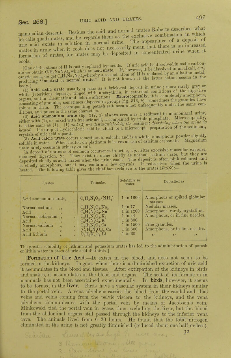 URIC ACID AND URATES. Tl]oftheato„lsofHi8riW ate we ^^HgO^g^^ ^ His replaced by an alkaline metal, «SS^S£aS^S£CLJ It is not known if the latter action occurs » the fiiiSiiiiiii di^ir£=S,SeS£ always occurs as, a sediment in ammonal urine, either with (1) or mixed with free uric acid, accompanied by triple phosphate. Mxcroscopicall^ i isthe same as (1). (1) and (2) are distinguished by the sediment dissolving when the urine is heatel Ka drap ofhydrochloric acid be added to a microscopic preparation of thesediment, CT3flcfdtlcicurXot;rs sometin.esin calculi, and is a white,amorous powder slightly soluble in water. When heated on platinum it leaves an ash of calcium carbonate. Magnesium urate rarely occurs in urinary calculi. . . [A deposit of urates is of common occurrence in urine, e.g., after excessive muscular exercise, derailed digestion, &c. They exist in urine chiefly as normal sodium urate but they are deposited chiefly as acid urates when the urine cools. The deposit is often pink coloured and is chiefly amorphous, but it may contain a few crystals. It redissolves when the urine is heated. The following table gives the chief facts relative to the urates {Ralfe):— Urates. Formulas. Solubility in water. Deposited as Acid ammonium urate, Normal sodium ,, Acid „ ,, Normal potassium ,, Acid ,, ,, Normal calcium ,, Acid ,, ,, Acid lithium ,, C5H3N403.(NH4) C5H2N403.Nao C5H;N403.Na CBHUN403.K, C5H3N403.K C5H„N403.Ca (C3H3N403).2.Ca C5H3N403.Li 1 in 1600 1 in 77 1 in 1200 1 in 44 1 in 800 1 in 1500 1 in 600 1 in 60 Amorphous or spiked globular masses. Nodular masses. Amorphous, rarely crystalline. Amorphous, or in fine needles. Fine granules. Amorphous, or in fine needles. The greater solubility of lithium and potassium urates has led to the administration of potash or lithia water in cases of uric acid diathesis.] [Formation of Uric Acid.—It exists in the blood, and does not seem to be formed in the kidneys. In gout, when there is a diminished excretion of uric acid it accumulates in the blood and tissues. After extirpation of the kidneys in birds and snakes, it accumulates in the blood and organs. The seat of its formation in mammals has not been ascertained experimentally. In birds, however, it seems to be formed in the liver. Birds have a vascular system in their kidneys similar to the portal vein. A vena advehens carries the blood from the caudal and iliac veins and veins coming from the pelvic viscera to the kidneys, and the vena advehens communicates with the portal vein by means of Jacobson's vein. .Minkowski tied the portal vein in geese, thus excluding the liver, but the blood from the abdominal organs still passed through the kidneys to the inferior vena cava. The animals lived from 6-20 hours. He found that the total nitrogen eliminated in the urine is not greatly diminished (reduced about one-half or less),