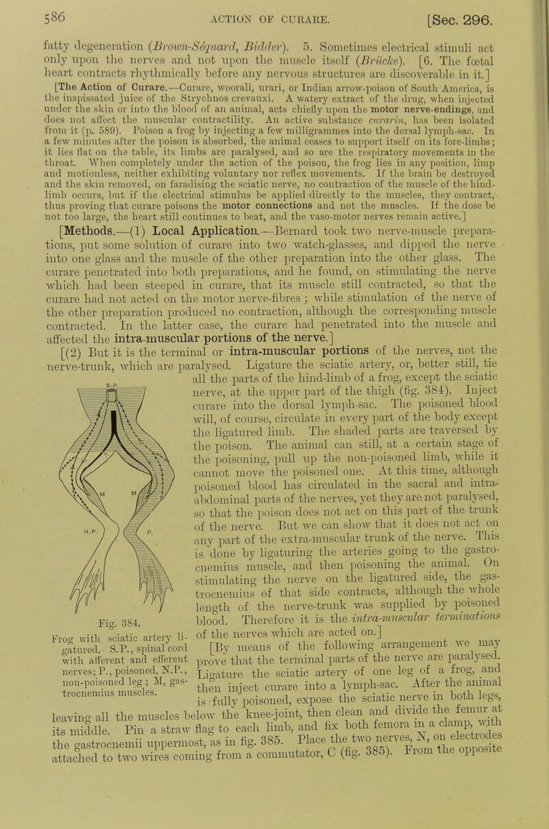 latty degeneration {Broion-SAj[nard, Bidder). 5. Soinetime.s electrical stimuli act only upon the nerves and not upon tlio muscle itself (Briicke). [G. The foetal heart contracts rhythmically before any nervous structures are discoverable in it.] [The Action of Curare.—Curare, woorali, urari, or Indian arrow-potson of South America, is the ins])issated juice of the Strychnos crevau.xi. A watery extract of the drug, when injected under the skin or into the blood of an animal, acts chielly upon the motor nerve-endings, and does not alfect the muscular contractility. An active .substance curarin, has been isolated from it (p. 589). Poison a frog by injecting a few milligrammes into the dorsal lymph-sac. In a few minutes after the poison is absorbed, the animal ceases to support itself on its fore-limbs; it lies flat on the table, its limbs are paralysed, and so are the respiratory movements in the throat. AVhen comidetely under the action of the poison, the frog lies in any po.sition, limp and motioidess, neither exhibiting voluntary nor reflex movements. If the brain be destroyed and the skin removed, on faradising the sciatic nerve, no contraction of the muscle of the hind- limb occurs, but if the electrical stimulus be applied directly to the muscles, they contract, thus proving that curare poisons the motor connections and not the muscles. If the dose be not too large, the heart still continues to beat, and the vaso-motor nerves remain active.] [Methods.—(1) Local Application.—Bernard took two nervc-mu.scle prepara- tions, put some solution of curare into ttvo watch-glasses, and (li[)[)ed the nerve into one glass and the muscle of the other preparation into the other glass. Tire curare penetrated into both preparations, and he found, on stimulating the nerve which had been steeped in curare, that its muscle still contracted, so that the curare had not acted on the motor nerve-fibres ; while stimulation of the nerve of the other preparation produced no contraction, although the corresponding muscle contracted. In the latter case, the curare had penetrated into the muscle and affected the intra-iimscular portions of the nerve.] [(2) But it is the terminal or intra-muscular portions of the nerves, not the ]ierve-trunk, which are paralysed. Ligature the sciatic artery, or, better still, tie all the parts of the hind-limb of a frog, except the sciatic nerve, at the u]iper part of the thigh (fig. 384). Inject curare into the dorsal lymph-sac. The poisoned blood will, of course, circulate in every part of the body except the ligatured limb. The shaded parts are traversed by the poison. The animal can still, at a certain stage of the poisoning, pull up the iion-poisoned limb, while it cannot move the poisoned one. At this time, although poisoned blood has circulated in the sacral and intra- abdominal parts of the nerves, yet they are not paralysed, so that the [)oison does not act on this part of the trunk of the jrerve. But we can show that it does not act on any part of the extra-nmscular trunk of the nerve. This is done by ligaturing the arteries going to the gastro- cnemius muscle, and then poisoning the animal. On stimulating the nerve on the ligatured .side, the gas- trocnemius of that side contracts, although the whole length of the nerve-trunk was supplied by poisoned blood. Therefore it is the intra-muscidar terminations of the nerves which are acted on.] [By means of the following arrangement we may prove that the terminal parts of the nerve are paralysed. Lifmture the sciatic artery of one leg of a frog, and then inject curare into a lymph-sac. After the animal is fully poisoned, expose the sciatic nerve in both legs, leavino- all the muscles below the knee-joint, then clean and divide the femur at iniddle. Pin a straw flag to each limb, and fix both femora in a clamp inth the gastrocnemii uppermost, as in fig. 385. Place the two neiue^ -l , on e ec . _ with Frog matured. .sciatic artery li- ^ S. P., spinal cord with atf'erent and efferent nerves; P., poisoned, KP., non-poisoned leg ; M, gas- trocnemius muscles. the gastrocnemii uppeimusu, ns m -FTnin the onnosite attached to two wires coming from a commutator, C (fi-,. 3oo). iio H