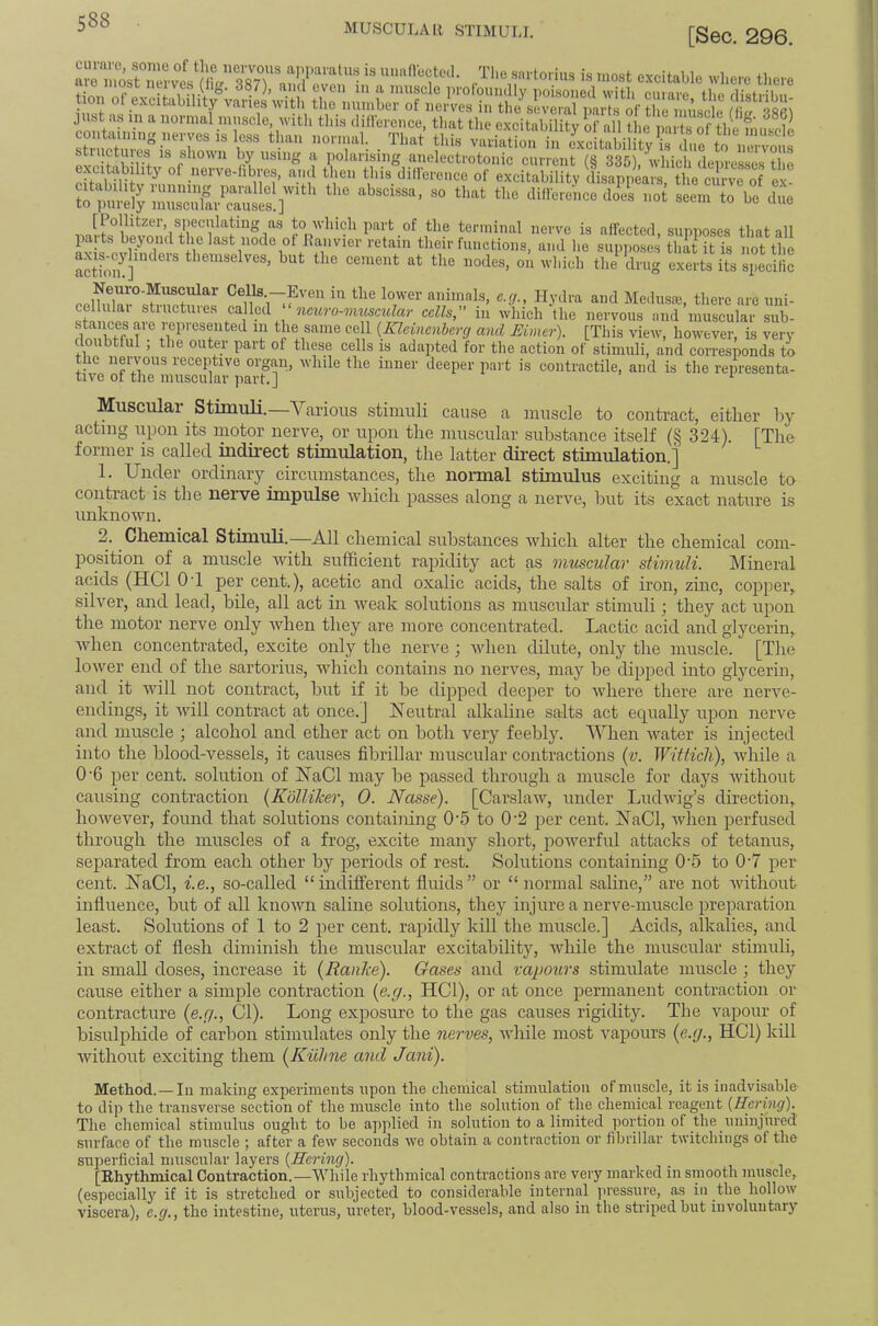 [Sec. 296. uunflectcHl. The .sartorius i.s most excitable wl.ere tliere tion of excitability’varies’witli the lulmbe’rof news in'The^sS3‘pirtfif thrnm.sde (lif'sSG) just as in a normal innscle, witli this diilereiice, that the excitabilitv ol‘ nil thp T^*n fci kr fi i 's shown by using a polarising anelectrotonic current (§ 335), which denresses the dt- nerve-hbres, and then tins dilference of excitabilitv disappears, the curve of ex- to imi-ely niu'scuL'^^^^^^^^^^ clillerence does not seem to be due terminal nerve is affected, supposes that all paits beyond the last node of Jlanvier retain their functions, and he supiioses tliat it is not the aSio' exerts ifs specilic ceSr^hrctm Ps e-f/- Hydra and Medusai, there are uni- cel ulai stiuctuies called nmcro-m^iscular cells, in which the nervous and muscular sub- stances are represented in the same cell {ineinenberg and Elmer). [This view, however, is very cloubtlul , the outer part of these cells is adapted for the action of stimuli, and corresponds to the nervous receptive organ, while the inner deeper part is contractile, and is the representa- tive ot the muscular part.] ^ Muscular Stimuli.—Various stimuli cause a muscle to contract, either hy acting upon its motor nerve, or upon the muscular substance itself (§ 324). [The former is called uidirect stimulation, the latter direct stimulation.] 1. Under ordinary circumstances, the normal stimulus exciting a muscle to contract is the nerve impulse which passes along a nerve, hut its exact nature is unknown. 2. Chemical Stimuli.—All chemical substances which alter the chemical com- position of a muscle with sufficient rapidity act as muscular stimuli. Mineral acids (HCl 0 1 per cent.), acetic and oxalic acids, the salts of iron, zinc, copper,, silver, and lead, bile, all act in weak solutions as muscular stimuli; they act upon the motor nerve only when they are more concentrated. Lactic acid and glycerin, when concentrated, excite only the nerve; when dilute, only the muscle. [The lo\ver end of the sartorius, which contains no nerves, may be dipped into glycerin, and it will not contract, but if it be dipped deeper to where there are nerve- endings, it will contract at once.] Neutral alkaline salts act equally upon nerve and muscle ; alcohol and ether act on both very feebly. When water is injected into the blood-vessels, it causes fibrillar muscular contractions {v. Witticli), while a 0’6 per cent, solution of NaCl may be passed through a muscle for days without causing contraction {KdlUker, 0. Nasse). [Carslaw, under Ludwig’s direction, however, found that solutions containing 0'5 to 0'2 per cent. NaCl, when perfused through the muscles of a frog, excite many short, powerful attacks of tetanus, separated from each other by periods of rest. Solutions containing 0'5 to 0'7 per cent. NaCl, i.e., so-called “indifferent fluids” or “normal saline,” are not without influence, but of all knoAvn saline solutions, they injure a nerve-muscle preparation least. Solutions of 1 to 2 per cent, rapidly kill the muscle.] Acids, alkalies, and extract of flesh diminish the muscular excitability, while the muscular stimuli, in small doses, increase it {Ranke). Gases and vapours stimulate muscle ; they cause either a simple contraction {e.g., HCl), or at once permanent contraction or contracture (e.r/.. Cl). Long exposure to the gas causes rigidity. The vapour of bisulphide of carbon stimulates only the nerves, while most vapours (e.y., HCl) kill without exciting them {Kiilme and Jani). Method.— Iq making experiments upon the chemical stimulation of muscle, it is inadvisable to dip the transverse section of the muscle into the solution of the chemical reagent (Hei'ing). Tlie chemical stimulus ought to be a]>plied in solution to a limited portion of the uninjured surface of the muscle ; after a few seconds we obtain a contraction or fibrillar twitchings ot the superficial muscular layers {Hcring). [Rhythmical Contraction.—While rhythmical contractions are very marked in smooth muscle, (especiall}' if it is stretched or subjected to considerable internal pressure, as in the hollow viscera), c.g., the intestine, uterus, uretei', blood-vessels, and also in the striped but involuntary