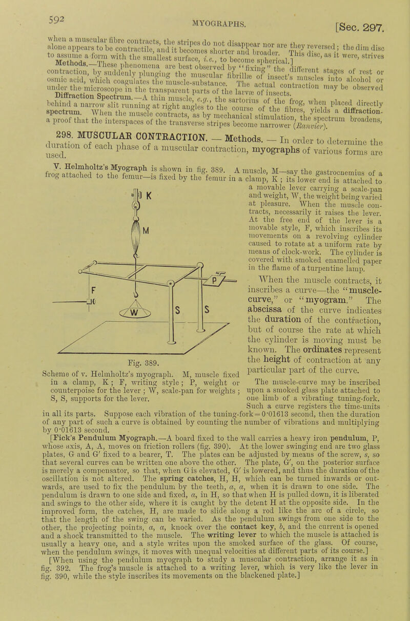 MYOGRAPHS. [Sec. 297. contraction, b}' sinUlenly nluiiffin tlio imisciilav flh.-ill' i? • stages ot vest or «».mo .cul, wl!id, CO...JA, the “i' CONTRACTION. — Methods. — In order to determine the ilsed^ ^ muscular contraction, myogi'aphs of various forms are V. Helmholtz’s Myograph is shown in fig- 389. frog attached to the feW-is jxed hy‘th^ta^daVS^^^^ K7itTlo“;;S”r'”‘“ “ Fig. 389. Scheme of v. Helmholtz’s myograph. M, muscle fixed in a clamp, K; F, ivriting style; P, weight or counterpoise for the lever ; W, scale-pan for weights ; S, S, supports for the lever. attached to a movable lever carrying a scale-pan and weight, W, tlie weight being varied at pleasure. When the muscle con- tracts, necessarily it raises tlie lever. At the tree end of the lever is a movable style, F, which inscribes its movements on a revolving cylinder caused to rotate at a uniform rate by means of clock-work. The cylinder is covered with smoked enamelled paper in the flame of a turpentine lamp. ^Vhen the muscle contracts, it inscribes a curve—the “muscle- curve,” or “myogram.” The abscissa of the curve indicates the dm’ation of the contraction, but of course the rate at which the cylinder is moving must be known. The ordinates represent the height of contraction at any particular part of the curve. The muscle-curve may be inscribed upon a smoked glass plate attached to one limb of a vibrating tuning-fork. Such a cui've registers the time-units in all its parts. Suppose each vibration of the tuning-fork = 0'01613 second, then the duration of any part of such a curve is obtained by counting the number of vibi'ations and multiplying by 0'01613 second. [Pick’s Pendulum Myograph.—A board fixed to the wall carries a heavy iron pendulum, P, whose axis. A, A, moves on friction rollers (fig. 390). At the, lower swinging end are two glass plates, G and G' fixed to a bearer, T. The jilates can be adjusted by means of the screw, s, so that several curves can be written one above the other. The plate, G', on the posterior surface is merely a compensator, so that, when G is elevated, G' is lowered, and thus the duration of the oscillation is not altered. The spring catches, H, H, which can be turned inwards or out- wards, are used to fix the pendulum by the teeth, a, a, when it is drawn to one side. The pendulum is drawn to one side and fixed, a, in H, so that when H is imlled down, it is liberated and swings to the other side, where it is caught by the detent H at the opposite side. In the improved form, the catches, H, are made to slide along a rod like the arc of a circle, so that the length of the swing can be varied. As the pendulum swings from one side to the other, the projecting points, a, a, knock over the contact key, b, anil the current is opened and a shock transmitted to the nmsele. The writing lever to which the muscle is attached is usually a heavy one, and a style writes upon the smoked surface of the glass. Of course, when the pendulum swings, it moves with unequal velocities at different pm'ts of its course.] [When using the pendulum myograph to study a muscular contraction, arrange it as in fig. 392. The frog’s muscle is attached to a writing lever, which is very fig. 390, while the style inscribes its movements on the blackened plate.] like the lever in