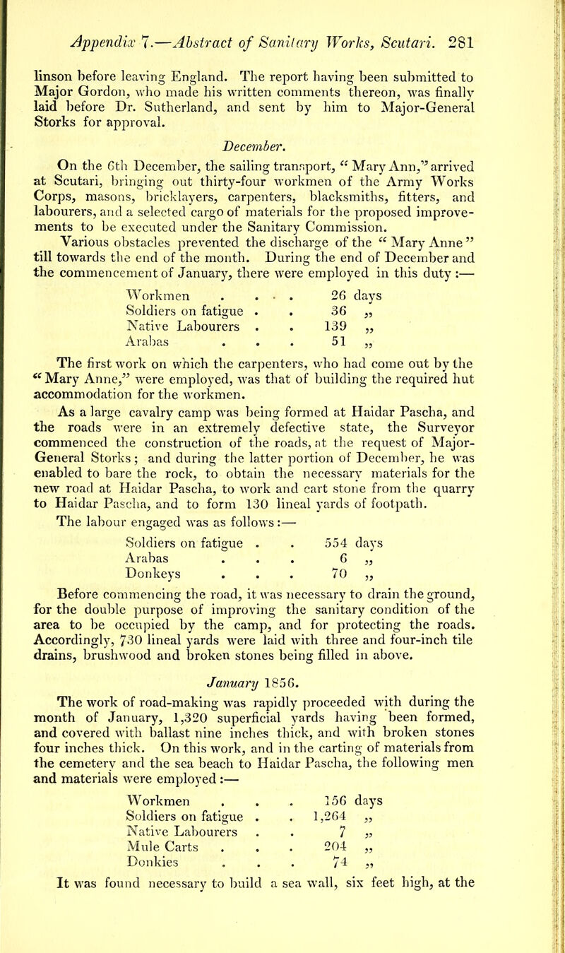 linson before leaving England. The report having been submitted to Major Gordon, who made his written comments thereon, was finallv laid before Dr. Sutherland, and sent by him to Major-General Storks for approval. December. On the 6th December, the sailing transport,  Mary Ann,'* arrived at Scutari, bringing out thirty-four workmen of the Army Works Corps, masons, bricklayers, carpenters, blacksmiths, fitters, and labourers, and a selected cargo of materials for the proposed improve- ments to be executed under the Sanitary Commission. Various obstacles prevented the dischai'ge of the  Mary Anne  till towards the end of the month. During the end of December and the commencement of January, there were employed in this duty :— Workmen . . • . 26 days Soldiers on fatigue . 36 „ Native Labourers . . 139 „ Arabas . . . 51 ,, The first work on which the carpenters, who had come out by the Mary Anne/' were employed, was that of building the required hut accommodation for the workmen. As a large cavalry camp was being formed at Haidar Pascha, and the roads were in an extremely defective state, the Surveyor commenced the construction of the roads, at the request of Major- General Storks; and during the latter portion of December, he was enabled to bare the rock, to obtain the necessary materials for the new road at Haidar Pascha, to work and cart stone from the quarry to Haidar Pascha, and to form 130 lineal yards of footpath. The labour engaged was as follows :— Soldiers on fatigue . . 554 days Arabas ... 6 „ Donkeys ... 70 „ Before commencing the road, it was necessary to drain the ground, for the double purpose of improving the sanitary condition of the area to be occupied by the camp, and for protecting the roads. Accordingly, 730 lineal yards were laid with three and four-inch tile drains, brushwood and broken stones being filled in above. January 1856. The work of road-making was rapidly proceeded with during the month of January, 1,320 superficial yards having been formed, and covered with ballast nine inches thick, and with broken stones four inches thick. On this work, and in the carting of materials from the cemetery and the sea beach to Haidar Pascha, the following men and materials were employed :— Workmen . . . 156 days Soldiers on fatigue . . 1,264 „ Native Labourers . . 7 55 Mule Carts . . . 204 „ Donkies ... 74 „ It was found necessary to build a sea wall, six feet high, at the